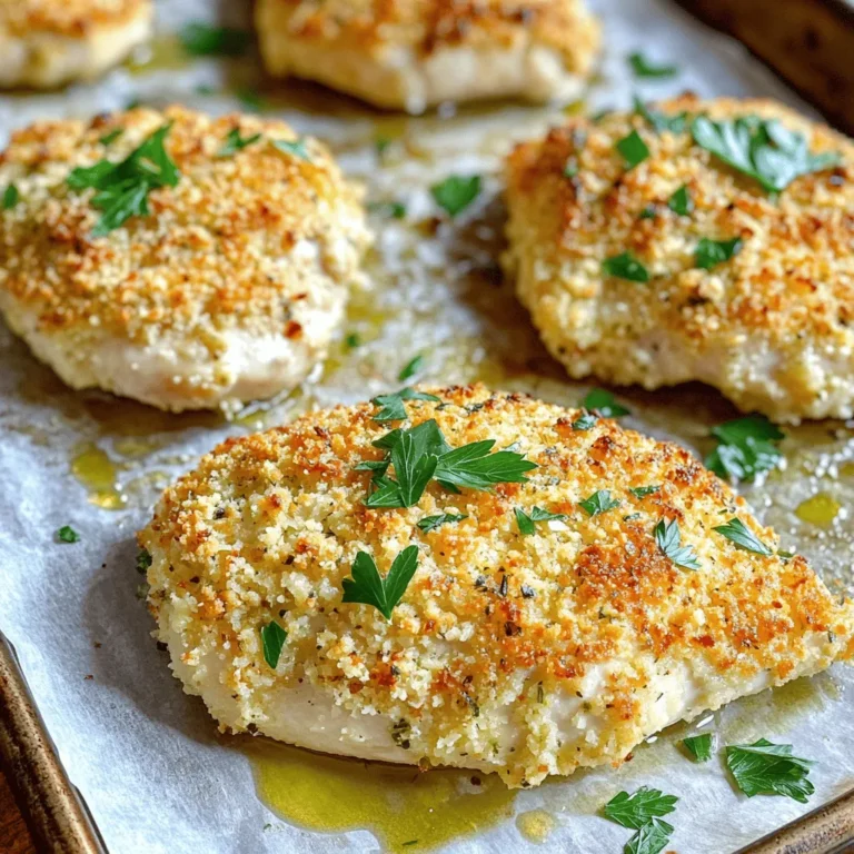 - 4 boneless, skinless chicken breasts - 1 cup finely grated Parmesan cheese - 1 cup panko breadcrumbs - 2 teaspoons garlic powder - 1 teaspoon onion powder - 1 teaspoon dried Italian herbs - Salt and pepper to taste - 2 large eggs - 2 tablespoons olive oil - 1 tablespoon fresh parsley (for garnish) This dish starts with simple, fresh ingredients. The chicken breasts are the star, offering lean protein. The Parmesan cheese gives a rich, savory flavor. I love panko breadcrumbs for their crunch. They make the crust crispy and delightful. For seasoning, I use garlic and onion powders. They add depth to the chicken. Dried Italian herbs bring a nice touch of flavor. Don't forget salt and pepper for balance. The breading mixture includes eggs and olive oil. The eggs help the coating stick well. Olive oil adds richness. Fresh parsley is for garnish. It brightens up the dish and adds color. You can find the full recipe in the article for more details. Each ingredient plays an important role in making this dish a winner. - Preheat your oven to 400°F (200°C). - Line a baking sheet with parchment paper or grease it with olive oil. - Combine 1 cup of finely grated Parmesan cheese, 1 cup of panko breadcrumbs, and the seasonings. You can use 2 teaspoons of garlic powder, 1 teaspoon of onion powder, and 1 teaspoon of dried Italian herbs. Add salt and pepper to taste. Mix everything well in a bowl and set aside. - Take 4 boneless, skinless chicken breasts. Dip each breast into the egg mixture, then coat it in the breadcrumb mix. Make sure to cover it completely. Arrange the coated chicken on the baking sheet, leaving space between each piece. - Drizzle olive oil (2 tablespoons) over the coated chicken for added flavor and crispiness. - Bake the chicken for 25-30 minutes. It is ready when it turns golden and reaches an internal temperature of 165°F (75°C). You can find the full recipe to follow along while you cook. To get that amazing crispiness, you need an even coating. Make sure to press the breadcrumb mixture onto the chicken well. This helps the crust stick. Drizzle a little extra olive oil on top before baking. This oil adds a great crunch and helps the chicken brown nicely. Want to kick up the taste? Try adding different spices to the breadcrumb mix. You can mix in paprika for a smoky flavor or some crushed black pepper for a bit of heat. Fresh herbs like thyme or rosemary can also add a nice touch. Experiment until you find your favorite blend! This dish pairs well with lemon wedges. Squeeze some lemon juice over the chicken for brightness. A fresh salad is also a great side. It balances the meal and adds crunch. Try a simple green salad with a light vinaigrette to round out your plate! For the full recipe, check out the [Full Recipe]. {{image_4}} You can make this dish even more delicious by adding cheese. Try mixing in shredded mozzarella for a cheesy twist. This extra layer of gooey goodness makes every bite special. You can also use different types of cheese. Parmesan pairs well with cheddar, gouda, or even pepper jack. Each choice brings a new flavor to the table. For those who like a kick, add crushed red pepper flakes to the breadcrumb mix. This small change can bring big heat. Adjust the amount to suit your taste. Just a pinch can make your chicken sing with flavor. If you want a low-carb version, swap panko for almond flour. Almond flour gives you a nice crunch without the carbs. This option is great for anyone watching their carbs. It keeps the dish light while still being tasty. For the Full Recipe, you’ll find all the details you need to make this meal shine. Store leftovers in an airtight container in the fridge for up to 3 days. This keeps the chicken fresh and safe to eat. When ready to enjoy, just take it out and reheat. You can freeze the breaded chicken before baking for up to 2 months. This option is great for meal prep. Just coat the chicken and place it in a freezer-safe container. When you are ready to cook, bake it straight from the freezer. Reheat in the oven to maintain crispiness rather than using the microwave. Preheat your oven to 350°F (175°C) and bake for about 10-15 minutes. This way, your chicken will stay crunchy and delicious. Enjoy it as if it was freshly made! Yes, chicken thighs can be used for more flavor and moisture. Chicken thighs are juicier than breasts. They provide a rich taste that pairs well with the crispy coating. You can follow the same steps in the recipe. Just adjust the baking time if needed. Serve with pasta, steamed vegetables, or a simple green salad. Pasta with olive oil and garlic makes a great side. Steamed broccoli or green beans add color and nutrients. A light salad with lemon dressing balances the meal perfectly. These options make dinner fun and flavorful! Reduce ingredient quantities accordingly while maintaining ratios. For example, if you need two servings, simply cut the chicken and other ingredients in half. This keeps the flavors balanced and the dish just as tasty. You can easily scale it up or down based on your needs. This post outlined how to make Baked Parmesan Crusted Chicken, from ingredients to storage tips. We covered key steps, including creating a crispy coating and baking methods. To achieve perfect results, remember to coat evenly and explore flavor options. Enjoy this dish with sides like pasta or salad. With easy adjustments for servings, this recipe fits any table. Try it out and savor every bite!