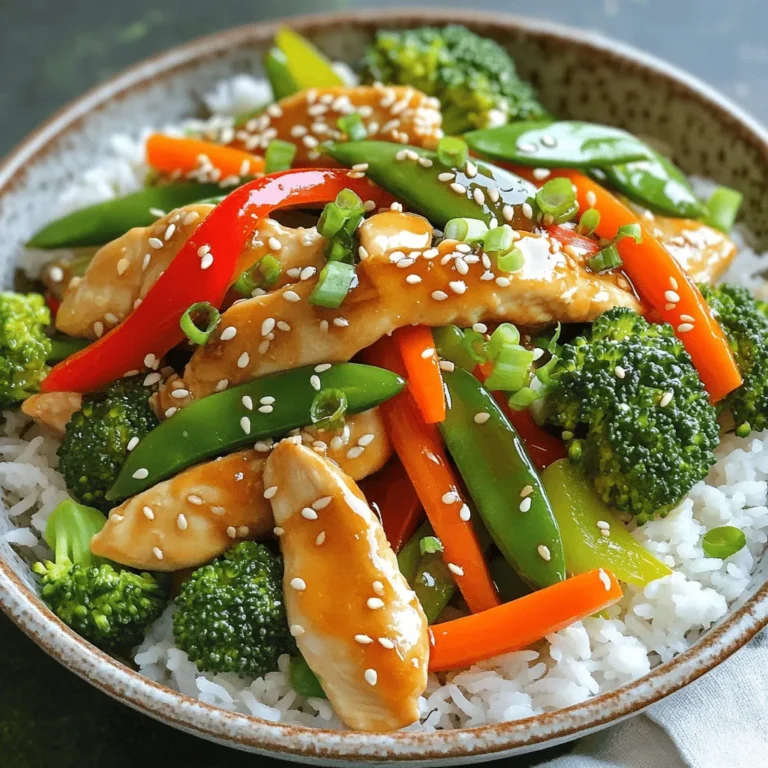 - 2 boneless, skinless chicken breasts, sliced into thin strips - 2 tablespoons honey - 4 cloves garlic, minced - 2 tablespoons low-sodium soy sauce - 1 tablespoon sesame oil - 1 red bell pepper, thinly sliced - 1 cup broccoli florets - 1 cup snap peas - 1 carrot, julienned - 2 tablespoons vegetable oil - Salt and pepper to taste I love using fresh chicken for this dish. It cooks well and tastes great. Honey adds a sweet touch, while garlic gives it a nice punch. You can pick any colorful veggies you like. I usually choose bell peppers, broccoli, and snap peas for their crunch. - Sesame seeds - Sliced green onions Garnishes make your meal pop! Sesame seeds add a nutty flavor. Green onions give a fresh, sharp taste. They make the dish look fancy, too. - Skillet or wok - Mixing bowl - Whisk A large skillet or wok is best for stir-frying. It helps cook everything quickly and evenly. You’ll also need a mixing bowl for the sauce. A whisk is handy to mix your sauce smoothly. For the full recipe and cooking instructions, check the [Full Recipe]. - How to prepare the sauce To make the sauce, grab a small mixing bowl. Add 2 tablespoons of honey and 4 minced garlic cloves. Pour in 2 tablespoons of low-sodium soy sauce and 1 tablespoon of sesame oil. Whisk these ingredients well until they blend smoothly. This sauce will be full of flavor! - How to season the chicken Take 2 sliced chicken breasts and place them in a bowl. Lightly sprinkle salt and pepper over the chicken. Toss it gently to coat every piece evenly. This step is key to making sure your chicken tastes great. - Cooking the chicken Heat a large skillet or wok over medium-high heat. Add 1 tablespoon of vegetable oil. Once the oil shimmers, add the seasoned chicken strips. Cook them for about 5-7 minutes. Look for a golden color and make sure they are cooked all the way through. Remove the chicken and set it aside on a plate. - Stir-frying the vegetables In the same skillet, add another tablespoon of vegetable oil. Throw in the sliced red bell pepper, 1 cup of broccoli florets, 1 cup of snap peas, and 1 julienned carrot. Stir-fry these vegetables for 3-4 minutes. You want them to stay vibrant and crisp-tender. - Combining and flavoring the dish Now, return the cooked chicken to the skillet. Pour the honey garlic sauce over everything. Stir it well to coat all the chicken and vegetables. Cook for an extra 2-3 minutes. This allows the sauce to thicken and stick to your meal. - How to garnish and serve Once done, take the skillet off the heat. Sprinkle sesame seeds and sliced green onions over the stir fry. This adds a nice crunch and fresh flavor. For an appealing look, serve it in shallow bowls on a bed of rice or noodles. Enjoy your tasty Honey Garlic Chicken Stir Fry! Check the Full Recipe for more details! For the best stir-fry, set your heat to medium-high. This helps to cook the chicken fast and keep it juicy. When cooking, work in batches if your pan is small. This way, the chicken won’t steam. To get crisp veggies, don’t overcrowd the pan. Just like the chicken, cook the veggies fast. Stir them often, about three to four minutes will do. Add some red pepper flakes for a spicy kick. You can also try fresh ginger for a nice zing. Balancing sweet and savory is key. If it’s too sweet, add a dash more soy sauce. Taste as you go to find the perfect mix. Serve your stir fry in shallow bowls. Place it on a bed of rice or noodles for a great look. Top with extra sesame seeds and sliced green onions. A lime wedge on the side adds color and flavor! {{image_4}} You can switch the chicken for other proteins. Tofu works great for a vegetarian dish. Just press and cube the tofu, then cook it like the chicken. Shrimp is another tasty option. It cooks fast and adds a nice flavor. Feel free to mix up the veggies. Bell peppers, zucchini, and green beans all taste amazing. Seasonal flavors add fun too! Use fresh corn in summer or squash in fall. These choices bring color and taste to your meal. You can change the sauce to fit your taste. If you want less sweetness, use less honey. To make it salty, add more soy sauce. Want some heat? Toss in red chili flakes or chopped peppers. This will spice up your stir fry and make it unique. To store your honey garlic chicken stir fry, cool it down first. Place the leftovers in an airtight container. This helps keep out air and moisture. I recommend using glass or BPA-free plastic containers. They are safe and durable. Make sure to refrigerate within two hours of cooking. This keeps the dish fresh and safe to eat. Yes, you can freeze honey garlic chicken stir fry! It freezes well and saves time for future meals. To freeze, use a freezer-safe container or a zip-top bag. Remove as much air as possible before sealing. For best results, eat it within three months. When you're ready to eat, thaw it in the fridge overnight. Reheat it in a skillet over medium heat until hot. This keeps the chicken and veggies tender. Leftovers will last about three to four days in the fridge. Always check for signs of spoilage before eating. If it smells off or has a strange color, it’s best to toss it. You'll want to avoid any food safety risks. Remember, good storage means enjoying your tasty meal later! To cut the sweetness, reduce the honey. Use one tablespoon instead of two. You can also add more soy sauce to balance the flavor. Adding a splash of rice vinegar or lime juice helps too. These add tang without making it too sweet. You can also use low-sugar honey or a sugar-free sweetener. Yes, you can prepare the chicken and veggies ahead of time. Slice the chicken and chop the vegetables. Store them in the fridge until you're ready to cook. You can also mix the sauce in advance. Just keep it in a sealed container. When you are ready to eat, cook it all together for a quick meal. Some good side dishes include: - Steamed rice - Fried rice - Noodles - Quinoa - A fresh green salad These sides add more texture and flavor to your meal. They also help soak up the tasty sauce. - Full Recipe: Detailed cooking instructions for easy reference. In this blog post, we explored the key ingredients and cooking steps for honey garlic chicken stir fry. We covered how to prepare the sauce, cook the chicken, and stir-fry the veggies. I shared useful tips on enhancing flavors and balancing taste. Plus, we discussed variations and storage methods for your leftovers. Cooking can be fun and rewarding. With these skills, you can create tasty meals. Enjoy trying new ingredients and discovering your favorites. Happy cooking!