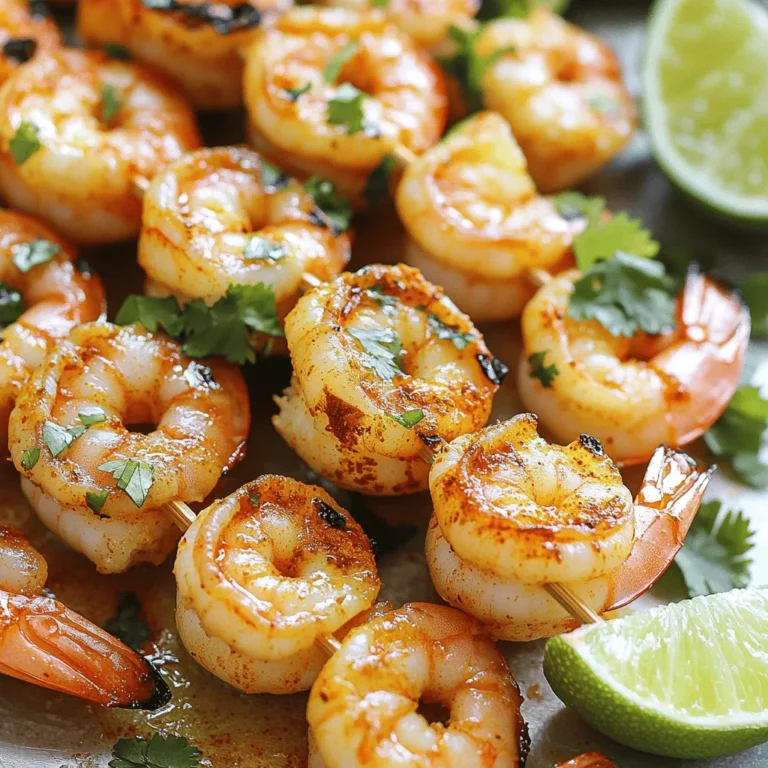- 1 pound large shrimp, peeled and deveined - 2 tablespoons olive oil - 2 tablespoons freshly squeezed lime juice - 1 tablespoon chipotle powder - 1 teaspoon garlic powder - 1 teaspoon smoked paprika - 1 teaspoon ground cumin - Salt and freshly ground black pepper, to taste - Fresh cilantro, chopped (for garnish) - Lime wedges (for serving) The key to great Chipotle Lime Shrimp Skewers lies in the quality of your ingredients. You want fresh shrimp, vibrant spices, and zesty lime juice to bring out the best flavors. Start with 1 pound of large shrimp, peeled and deveined. This size cooks quickly and stays juicy. Next, grab 2 tablespoons of olive oil. This adds richness and helps the spices stick to the shrimp. Freshly squeezed lime juice is a must. Use 2 tablespoons to brighten the dish. For the spice mix, you need 1 tablespoon of chipotle powder for heat and smoky flavor. Add 1 teaspoon each of garlic powder, smoked paprika, and ground cumin. These spices create a warm and complex flavor profile. Don’t forget salt and freshly ground black pepper to taste. They balance the spices and enhance the shrimp's natural sweetness. For garnishing, chop fresh cilantro to add color and freshness. Lime wedges on the side provide an extra zing when serving. You can find the full recipe at the end of this article. First, you need to gather your ingredients. In a medium bowl, combine: - 2 tablespoons olive oil - 2 tablespoons freshly squeezed lime juice - 1 tablespoon chipotle powder - 1 teaspoon garlic powder - 1 teaspoon smoked paprika - 1 teaspoon ground cumin - Salt and freshly ground black pepper, to taste Whisk these together until smooth. This marinade packs a punch with all those flavors. Next, add 1 pound of peeled and deveined shrimp to the bowl. Make sure each shrimp gets coated well with the marinade. Cover the bowl with plastic wrap and let it chill in the fridge for about 30 minutes. This marinating time helps the shrimp soak in all that zesty flavor. While the shrimp marinates, preheat your grill or grill pan over medium-high heat. If you're using wooden skewers, soak them in water for 15-20 minutes. This helps prevent burning. After marinating, carefully thread the shrimp onto the skewers. Aim for 4-5 shrimp per skewer. This spacing allows them to cook evenly. Place the skewers on the grill and cook for 2-3 minutes on each side. Watch them closely; they should turn pink and opaque. Be careful not to overcook them, or they’ll become rubbery. Once done, take them off the grill and let them rest for about a minute. This helps keep the juices inside. To serve, garnish your skewers with freshly chopped cilantro and add lime wedges on the side. This dish is a sure crowd-pleaser. For the full recipe, check the details above! To know when shrimp are done, look for a pink color. The shrimp should also be opaque. If they curl tightly, they are likely overcooked. Avoid this by grilling for only 2-3 minutes on each side. - Watch closely while cooking. - Remove them from heat when they turn pink. - Let them rest for a minute to keep their juices inside. You can add more depth to your shrimp with spices. Consider using chili powder for extra heat or fresh herbs like parsley for freshness. If you want a twist, try using lime zest in the marinade. - Swap lime juice for orange juice for a sweeter taste. - Mix in some honey for a sweet and spicy blend. - Experiment with fresh garlic or shallots for added flavor. For a beautiful presentation, serve the skewers on a bright platter. Arrange them in a fan shape for a fun look. Garnish with chopped cilantro and lime wedges. This adds color and freshness to the dish. - Use colorful sides like grilled veggies or a salad. - Skewer some lime slices for a pop of color. - Drizzle a bit of sauce or extra marinade over the top for shine. Enjoy creating your Chipotle Lime Shrimp Skewers with these tips and tricks! For the full recipe, check out the details above. {{image_4}} You can make this dish vegetarian by using vegetables instead of shrimp. Great choices include bell peppers, zucchini, and cherry tomatoes. Cut the veggies into bite-sized pieces. - Grilling times for veggies: - Bell peppers: 3-4 minutes per side. - Zucchini: 2-3 minutes per side. - Cherry tomatoes: 2-3 minutes per side. This way, you still get a tasty and colorful dish! If you love heat, you can amp up the spice. Just add more chipotle powder or a splash of hot sauce to the marinade. - Recommended heat levels: - For mild spice, use 1 tablespoon of chipotle powder. - For medium spice, use 2 tablespoons. - For hot, add a few dashes of your favorite hot sauce. You control the heat, so make it as spicy as you like! Grilling is great, but there are other ways to cook these skewers. You can bake or pan-sear them too. - Baking: Preheat your oven to 400°F. Place the skewers on a baking sheet and bake for 10-12 minutes. - Pan-searing: Heat a skillet over medium heat. Add a little oil and cook the skewers for about 2-3 minutes per side. Adjust the cooking times based on the method you choose. Enjoy your delicious meal however you like! To store leftover Chipotle Lime Shrimp Skewers, place them in an airtight container. This keeps them fresh longer. You should eat them within 2-3 days for the best taste. Avoid leaving shrimp out at room temperature for more than two hours. If you want to freeze your skewers, wrap them tightly in plastic wrap. Then, place them in a freezer bag. This helps prevent freezer burn. You can freeze the skewers for up to three months. When you're ready to eat, thaw them in the fridge overnight. To reheat shrimp skewers, use a grill or a skillet over low heat. This helps to keep them juicy. Avoid using the microwave, as it can dry them out. Heat for about 2-3 minutes until warmed through. For extra flavor, brush a little olive oil before reheating. You can tell shrimp are cooked when they turn pink and opaque. They should curl into a C shape. If they stay a gray color or look clear, they need more time. Watch the cooking time closely. Overcooked shrimp can become tough and rubbery. Aim for 2-3 minutes per side on the grill for perfect results. Yes, you can prepare these skewers in advance. Marinate the shrimp for up to 2 hours in the fridge. This enhances the flavor. After marinating, thread the shrimp onto skewers and cover them. Store them in the fridge until you are ready to grill. If you plan to cook later, consider marinating them the night before. These skewers pair well with many sides. Here are some tasty options: - Rice: Cilantro lime rice adds a fresh taste. - Salad: A crisp green salad offers a nice crunch. - Vegetables: Grilled veggies like zucchini or bell peppers work great. - Tacos: Use the shrimp in tacos with fresh toppings. Feel free to get creative with your sides! For the full recipe, check out the section above. To sum up, this guide offers a simple way to make Chipotle Lime Shrimp Skewers. You learned about the key ingredients, marinades, and grilling tips. I shared ideas for variations and storage best practices. Remember, the right spices and cooking methods matter. You can impress friends and family with this dish. Follow these steps, and your shrimp will be tasty every time. Enjoy your cooking and the delicious results!