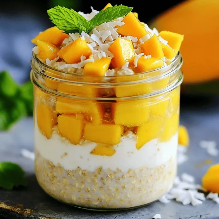 - 1 cup rolled oats - 1 cup coconut milk - 1 ripe mango, diced - 1 tablespoon chia seeds - 1 tablespoon honey or maple syrup - 1/4 cup unsweetened shredded coconut - 1/2 teaspoon vanilla extract - A pinch of salt - Fresh mint leaves for garnish You need one cup of rolled oats for a hearty base. The coconut milk adds creaminess, so use one cup. A ripe mango gives a sweet touch, diced into small cubes. Add one tablespoon of chia seeds for thickness. If you want more sweetness, include one tablespoon of honey or maple syrup. The shredded coconut adds flavor and texture—use a quarter cup. Vanilla extract, half a teaspoon, gives a nice aroma. Lastly, a pinch of salt enhances all flavors. You can customize this recipe to suit your taste. Here are some fun ideas: - Add berries for a burst of flavor. - Include nuts for a crunchy texture. - A dash of cinnamon can add warmth. - Try using flavored yogurt for extra creaminess. These add-ins can make your mango coconut overnight oats even more delicious! You’ll find the Full Recipe linked here for all the details. Making mango coconut overnight oats is simple. You need just a few steps. Gather your ingredients and tools first. Get a medium bowl and two airtight containers. This will make your prep easy and quick. 1. Combine the Base: In your bowl, mix the rolled oats, coconut milk, chia seeds, honey or maple syrup, vanilla extract, and a pinch of salt. Stir well until everything is smooth. 2. Add Mango and Coconut: Next, gently fold in the diced mango. Add half of the shredded coconut into the mix. This adds flavor and texture. 3. Portion It Out: Divide the mixture into two containers. Make sure each one has equal amounts. This helps with serving later. 4. Chill Overnight: Seal your containers tightly. Place them in the fridge for at least 4-6 hours, or overnight. This allows the oats to soak up the liquid. 5. Stir and Serve: The next morning, take the oats out. Stir them well to mix the flavors again. 6. Garnish: Top each serving with the rest of the shredded coconut. Add more diced mango if you like. This makes the dish look fresh and inviting. 7. Add Mint: For a final touch, place a mint leaf on top. This adds color and a hint of flavor. When serving, use clear glass jars. This lets the bright mango and white coconut shine. The layers look beautiful, and the mint adds a pop of green. Your mango coconut overnight oats are now ready to enjoy! For the complete recipe, check the [Full Recipe]. To make the best overnight oats, start with quality rolled oats. They absorb liquid well and create a creamy texture. Use coconut milk for a delightful taste. You can choose canned coconut milk for a rich flavor or carton milk for a lighter option. Add a pinch of salt to enhance the sweetness of the mango. Mix the ingredients well to ensure all oats soak evenly. Make sure to let them chill overnight. This allows the flavors to blend beautifully. You can change the recipe based on your taste. Instead of honey, try maple syrup for a different sweetness. If you want an extra crunch, add nuts like almonds or walnuts. You can even swap mango for other fruits, like bananas or berries. Try adding spices like cinnamon or nutmeg for warmth. For a protein boost, consider adding a scoop of yogurt or protein powder. These swaps can make your oats even more fun and tasty. Presentation is key to a great breakfast. Serve your oats in clear jars to show off the layers. Top each jar with the remaining shredded coconut for a nice look. Add extra diced mango for color and sweetness. A sprig of fresh mint makes it pop and adds a fresh taste. You can also sprinkle some chia seeds on top for texture. A beautiful presentation makes every bite more exciting. For the complete recipe, check the Full Recipe. {{image_4}} You can swap mango for other fruits. Try bananas, berries, or peaches for new flavors. Each fruit brings its own sweetness and taste. You could use ripe bananas for creaminess. Blueberries add a nice pop of color and flavor. Chopped apples give a crunchy texture. Feel free to mix fruits for a fun twist. Nuts and seeds boost nutrition and flavor. Add chopped almonds, walnuts, or pecans for crunch. Sunflower seeds or pumpkin seeds give healthy fats and protein. You can mix in 1-2 tablespoons for extra texture. These additions make the oats more filling and satisfying. Want to jazz up your oats? Add spices like cinnamon or nutmeg for warmth. A splash of maple syrup or agave makes it sweeter. You can also try adding cocoa powder for a chocolatey treat. If you love coconut, use coconut flakes or extract for a richer flavor. These little extras can make a big difference. For the complete recipe, check out the Full Recipe section. To keep your mango coconut overnight oats fresh, use airtight containers. This helps seal in moisture and flavor. If you make a big batch, store them separately. This way, you can take one jar out at a time. Avoid adding toppings like coconut or fruit until you're ready to eat. This keeps them crunchy and fresh. These oats can stay in the fridge for about 3 to 5 days. After this time, they may lose flavor or texture. Always check for any sour smell or off taste before eating. If they look or smell strange, it's best to toss them. Remember, fresh is always best! You can freeze leftover oats for up to 3 months. To freeze, place the mixture in freezer-safe containers. Leave some space for expansion as they freeze. When you’re ready to eat, move them to the fridge overnight. You can also heat them in the microwave. Just add a splash of coconut milk for creaminess. This helps bring back their original texture. For the full recipe, check out the earlier sections! Yes, you can use other types of milk. Almond milk, oat milk, or soy milk all work well. Use what you like best. Each milk adds a different flavor and texture. Let the oats soak for at least 4-6 hours. Overnight is best for the right texture. This time helps the oats absorb the liquid and become soft. Yes, overnight oats are very healthy! They are full of fiber, vitamins, and minerals. The oats provide energy, while the mango and coconut add nutrients. Plus, they are simple to make and can fit in your busy life. People often ask if they can add nuts or seeds. You sure can! Almonds, walnuts, or pumpkin seeds add crunch and healthy fats. You can also try different fruits. To spice things up, add spices like cinnamon or nutmeg. You could also mix in some cocoa powder for a chocolate twist. Want extra sweetness? Try adding more honey or maple syrup. Get creative! You can make this recipe your own. For the full recipe, check out the earlier section. Overnight oats are easy and fun to make. You learned about the right ingredients, measurements, and optional add-ins. I shared a step-by-step guide to help you prepare and present them well. You also found tips for perfecting your oats, exploring variations, and storing them properly. Try different fruits, nuts, and flavors to keep things fresh. Remember, these oats can be a healthy and tasty breakfast option. Enjoy making your own delicious versions of overnight oats!