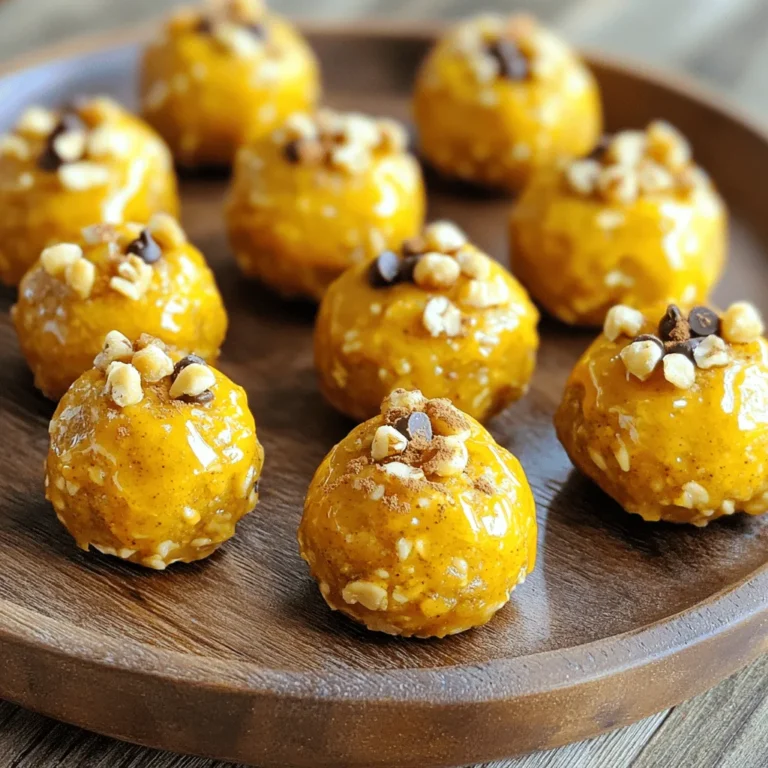- 1 cup rolled oats - 1/2 cup canned pumpkin puree - 1/4 cup almond butter (or your choice of nut butter) - 1/4 cup honey or maple syrup - 1/2 teaspoon vanilla extract - 1 teaspoon pumpkin pie spice - Pinch of salt - 1/4 cup chopped nuts (walnuts or pecans) - 1/4 cup mini chocolate chips or raisins - Calories per serving: About 100 - Protein content: 2 grams - Fiber content: 3 grams When you gather these ingredients, you set the stage for a tasty treat. Rolled oats serve as the base, giving each bite a hearty texture. Canned pumpkin puree brings moisture and a rich flavor that screams fall. Almond butter adds creaminess and healthy fats, while honey or maple syrup sweetens the mix. The vanilla extract rounds out the flavors, and pumpkin pie spice makes everything feel festive. Optional ingredients like chopped nuts and chocolate chips offer extra crunch and sweetness. You can mix and match to fit your taste. In terms of nutrition, these bites pack a punch. Each serving gives you about 100 calories, 2 grams of protein, and 3 grams of fiber. This makes them a great snack for energy and fullness. For the complete recipe, you can check out the Full Recipe section. - In a large mixing bowl, combine: - 1 cup rolled oats - 1/2 cup canned pumpkin puree - 1/4 cup almond butter (or your choice of nut butter) - 1/4 cup honey or maple syrup - 1/2 teaspoon vanilla extract - 1 teaspoon pumpkin pie spice - Pinch of salt Mix these ingredients well. Use a spatula to ensure everything blends together. You want a sticky dough. This sticky texture helps the bites hold their shape later. If you like, fold in some extras: - 1/4 cup chopped nuts (like walnuts or pecans) - 1/4 cup mini chocolate chips or raisins Make sure to distribute these evenly. This adds crunch and sweetness. The more you mix, the better the flavors combine. Now, it’s time to shape the bites. - Scoop small portions of the mixture. - Roll each portion into 1-inch balls. Place the balls on a plate or parchment paper. Leave space between them. After shaping, refrigerate the bites for at least 30 minutes. This helps them firm up. Enjoy these tasty bites chilled or at room temperature as a quick snack! For the full recipe, check out the details above. To make great energy bites, size matters. Aim for about 1 inch for each bite. This helps them cook evenly. Use a light touch when mixing the dough. Overworking it can make them tough. Gently blend the ingredients until they come together. Want more flavor? Try making your own pumpkin pie spice. Combine cinnamon, nutmeg, and ginger to find your perfect mix. You can also adjust sweetness. Use honey or maple syrup to make them sweeter or less sweet. Taste as you go! When it's time to serve, make it pretty! Arrange your energy bites on a decorative plate. This makes them look special. Add a sprinkle of pumpkin pie spice on top for a nice touch. It looks great and adds extra flavor. For the full recipe, check out [Full Recipe]. {{image_4}} You can make your pumpkin pie energy bites even more fun with flavor twists. Try adding toasted coconut for a tropical vibe. The sweet and crunchy texture makes each bite delightful. You can also switch your nut butter. Use peanut or cashew butter instead of almond butter. Each nut brings its own taste, making the bites unique. If you need a gluten-free snack, use gluten-free oats in your mix. This small change keeps the bites delicious and safe for those with gluten sensitivities. For a vegan option, swap honey with agave nectar. This keeps your bites sweet while fitting a plant-based diet. You can tailor these bites to fit the seasons. For fall, mix in some spiced apple or cider. This adds a warm, cozy flavor that feels like autumn. For summer, a hint of citrus zest can brighten the bites. It gives them a fresh burst that’s perfect for hot days. For the full recipe, check the details above and make your own tasty energy bites! Store your pumpkin pie energy bites in an airtight container in the refrigerator. This keeps them fresh and tasty. If you plan to eat them soon, you can keep them at room temperature for short durations. Just remember, they may not last as long outside the fridge. These energy bites can last up to one week in the fridge. If you want to keep them longer, freeze them. They can stay fresh for up to three months in the freezer. Just make sure to label the container with the date you froze them. You can enjoy these bites chilled or at room temperature. They make a great snack either way! For a delightful treat, pair them with a cup of tea or coffee. The warm drink complements the tasty flavors of the bites perfectly. If you want to try a fun twist, serve them at a party on a festive plate. You can find the full recipe to make these delicious bites. To make pumpkin pie energy bites, follow these steps: 1. In a large bowl, mix rolled oats, canned pumpkin puree, almond butter, and honey. 2. Add vanilla extract, pumpkin pie spice, and a pinch of salt. 3. Stir until the mixture becomes a sticky dough. 4. Fold in chopped nuts and chocolate chips or raisins. 5. Scoop out small portions and roll them into balls, about 1 inch wide. 6. Place the bites on a plate with space between them. 7. Refrigerate for at least 30 minutes to firm up. Enjoy your tasty and healthy snack! For more details, check the Full Recipe. Yes, you can freeze these energy bites. To do this, place the bites on a baking sheet. Freeze them for about an hour until solid. Then, transfer them to a freezer bag or an airtight container. Label the bag with the date. These bites can last up to three months in the freezer. When you’re ready to eat them, just let them thaw in the fridge. Pumpkin pie energy bites have many health benefits. They are rich in fiber from the oats and pumpkin. Fiber helps with digestion and keeps you full. Almond butter provides healthy fats and protein. Honey or maple syrup adds natural sweetness without refined sugar. Pumpkin is packed with vitamins A and C, which support your immune system. Overall, these bites are a nutritious snack option. Yes, these energy bites are safe and nutritious for kids. They contain wholesome ingredients that provide energy without added sugar. Kids love the sweet taste and chewy texture. You can also let your children help make them. This way, they learn about healthy snacks. Just remember to check for any nut allergies before serving. These pumpkin pie energy bites are easy to make and fun to eat. You mix simple main ingredients like oats, pumpkin, and nut butter. Add some nuts or chocolate chips for a tasty twist. Remember to store them well to enjoy later. Whether for a snack, dessert, or lunchbox treat, these bites pack nutrition in every bite. Get creative with flavors and enjoy the flexible recipes. Healthy eating can be delicious and effortless. Make these energy bites today and see for yourself!