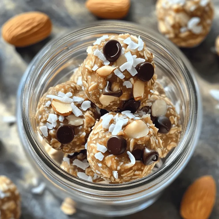To make Almond Joy Energy Bites, you need simple, tasty ingredients. This no-bake recipe combines oats, almond butter, coconut, and chocolate. It takes just 15 minutes to prep and 30 minutes to chill. You will have 12 to 15 energy bites ready to enjoy. Here’s what you need for the recipe: - 1 cup rolled oats - 1 cup creamy almond butter - 1/2 cup shredded unsweetened coconut - 1/4 cup honey or pure maple syrup - 1/4 cup mini dark chocolate chips - 1/4 cup finely chopped almonds - 1 teaspoon pure vanilla extract - 1/2 teaspoon sea salt If you have allergies or want to switch things up, here are some options: - Use peanut butter instead of almond butter for a different flavor. - Swap honey with agave syrup for a vegan choice. - Use quick oats if you don’t have rolled oats. - Replace mini dark chocolate chips with white chocolate or dried fruit for a new twist. These swaps can help you make a version that suits your taste! Start by gathering all your ingredients. You need rolled oats, almond butter, shredded coconut, honey, mini dark chocolate chips, chopped almonds, vanilla extract, and sea salt. This makes the process smooth and quick. Measure each item carefully. It helps to have everything ready before you mix. In a large bowl, combine the rolled oats, creamy almond butter, shredded coconut, honey, and vanilla extract. Use a spatula or wooden spoon to mix well. You want all the ingredients to stick together nicely. Once mixed, gently fold in the mini dark chocolate chips, chopped almonds, and sea salt. This step adds crunch and flavor. Make sure everything is evenly distributed for a tasty bite. Now, scoop out small portions of the mixture, about one inch wide. Roll them into balls using your hands. Place each ball on a parchment-lined baking sheet. Leave a little space between them. Once you form all the bites, put the baking sheet in the fridge. Chill them for at least 30 minutes. This helps them firm up and hold their shape. After chilling, store them in an airtight container. They will stay fresh for about one week. Enjoy these tasty snacks anytime! When you mix the ingredients, start with the dry ones first. This helps them blend well. Add the nut butter and honey next. Use a spatula or spoon to combine everything. Mix until it’s sticky and holds together. You want even flavor in each bite. If it feels too dry, add a splash of almond milk. Chilling is key for these bites. I suggest at least 30 minutes in the fridge. This time helps them firm up. If you can wait longer, that’s even better! They will hold their shape well. Just remember to cover them or use an airtight container. Make your energy bites look appealing! Use a clear glass jar for serving. This lets the colorful layers shine through. You can also sprinkle some extra coconut on top. A few chopped almonds can add charm too. These little touches make them fun to eat! {{image_4}} You can change the flavor of your Almond Joy Energy Bites easily. Try adding almond extract instead of vanilla. This gives a stronger nutty flavor. You can also use different nut butters. Sunflower seed butter or cashew butter works well. For a tropical twist, add dried pineapple or mango. This adds a sweet, fruity taste. Making these bites vegan is simple. Just replace honey with maple syrup. Use certified gluten-free oats to keep it gluten-free. This way, everyone can enjoy them. Check labels to ensure all ingredients meet your dietary needs. You can customize your bites with fun add-ins. Try chia seeds for extra fiber or protein powder for a boost. You can swap mini chocolate chips for cacao nibs for a richer taste. If you want a crunch, add more chopped nuts or seeds. Mix in some dried fruit too, like cranberries or raisins. This makes your bites more exciting and nutritious. To keep your Almond Joy Energy Bites fresh, use an airtight container. Place them in the refrigerator. They will stay good for up to one week. This makes them great for quick snacks or a tasty treat. If you want to store them longer, freezing is a great option. Place the energy bites in a single layer on a baking sheet. Make sure they do not touch each other. Freeze them for about two hours. Once frozen, transfer the bites to a freezer-safe bag. They will keep well for up to three months. The bites taste best when fresh, but they still hold flavor when stored. Check for any changes in smell or texture before eating. If they seem dry or hard, they may not be as enjoyable. For the best taste, eat them within the suggested time. You can always make a new batch using the Full Recipe when needed. Yes, you can use peanut butter. It adds a great taste. The texture will stay similar. Just keep in mind it changes the flavor a bit. Almond butter gives a nutty taste that matches the recipe well. You can tell they are done chilling when they feel firm. Press one lightly with your finger. If it holds its shape, they are ready. Chilling helps them stay together. Aim for at least 30 minutes in the fridge. Yes, Almond Joy Energy Bites are quite healthy! They have good fats from almond butter and nuts. The oats provide fiber, which is great for digestion. Dark chocolate adds antioxidants too. Just keep portion sizes in mind, as they contain natural sugars. This snack can fit well in a balanced diet. For the full recipe, check the earlier section! In this post, I covered everything about Almond Joy Energy Bites. We discussed the ingredients and substitutions, guiding you in making them your own. I shared step-by-step instructions to simplify the process. Tips and tricks helped ensure your bites turn out perfect every time, while variations offered fun flavor options. Remember, these bites are not just tasty but also healthy. Enjoy making them, storing them, and sharing them. You'll love the joy they bring!