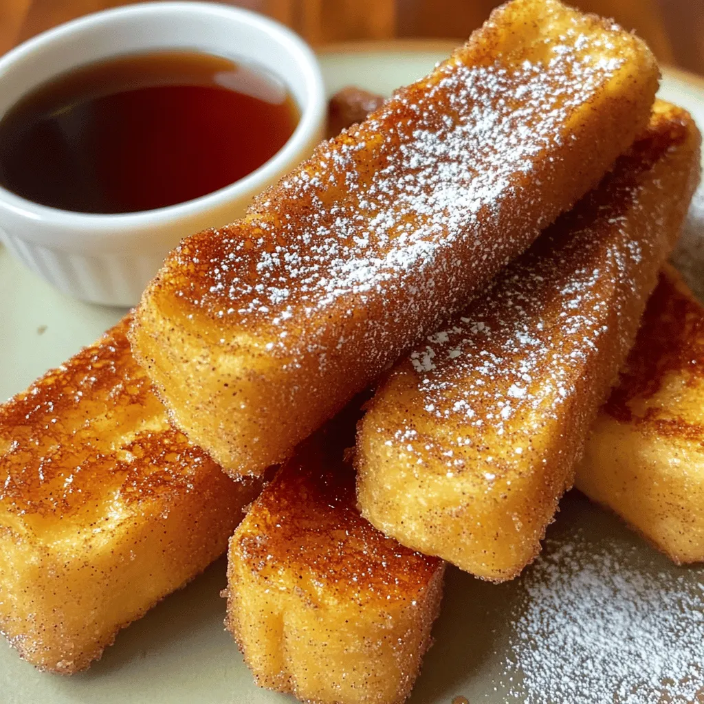 - 4 slices of thick bread (brioche or challah recommended) - 2 large eggs - 1/2 cup whole milk - 1 teaspoon pure vanilla extract - 1 teaspoon ground cinnamon - 2 tablespoons granulated sugar - A pinch of salt - 2 tablespoons unsalted butter (for cooking) - Maple syrup or honey (for serving) To make the best Cinnamon Sugar French Toast Sticks, you need quality ingredients. I prefer using thick bread like brioche or challah. These types of bread soak up the custard well and give a soft center with a crispy outside. You’ll need fresh eggs and whole milk for the custard. The eggs bind the mixture, while the milk adds creaminess. Don't forget the pure vanilla extract; it adds a lovely aroma and flavor. Ground cinnamon is key to achieving that warm spice flavor. For sweetness, we use granulated sugar mixed with cinnamon for coating after cooking. A pinch of salt enhances all the flavors. Finally, you'll need unsalted butter for cooking, which helps achieve that golden crust. Serve your French toast sticks with maple syrup or honey for a delicious finish. This combination makes for a tasty breakfast treat that everyone will love. Check out the Full Recipe for step-by-step instructions! To start, whisk together the eggs, milk, and spices. Use a wide, shallow bowl for this. Mix until the eggs blend with the milk and spices. You want a frothy consistency, as this helps the bread soak well. Achieving this frothiness is key for great texture in your French toast sticks. Next, take your thick bread. Brioche or challah works best for this recipe. Cut each slice into three equal strips. Keep the strips uniform in size; this ensures even cooking. The thicker the bread, the better it holds its shape when soaked. Now, it's time to soak the bread sticks. Dip each strip into the egg mixture. Make sure to coat each side well. Let them soak for about 20-30 seconds per side. This gives the sticks flavor and moisture. Be careful not to let them get too soggy, or they won’t cook right. Heat a large non-stick skillet over medium heat. Melt one tablespoon of butter in the pan. Swirl it around to coat the surface evenly. Once it's hot and sizzling, add the soaked bread sticks. Cook each side for about 2-3 minutes. You want them golden brown and slightly crispy. If you need more butter for cooking, feel free to add it in batches. While cooking, mix the sugar and cinnamon in a small bowl. Blend them well so the flavors combine. Once the French toast sticks are done, toss them in this mixture right away. This step ensures each stick gets an even coat of sweet cinnamon. Serve your warm French toast sticks on a plate. Add a small bowl of maple syrup or honey for dipping. You can also try fresh fruit on the side for extra flavor. Enjoy these sticks as a tasty breakfast or snack! For the complete recipe, check the Full Recipe section. To make the custard mix really pop, try adding a pinch of nutmeg. Nutmeg adds warmth and depth. You can also use a vanilla bean for a richer flavor. Simply scrape the seeds into the mix for that gourmet touch. Remember to whisk until it's frothy. This helps the bread soak up the flavor better. For the best crispiness, keep an eye on your cooking time. Cook each side for about 2-3 minutes. If your pan gets too hot, turn down the heat. You want a golden brown, not burnt. If you prefer a crunchier texture, you can cook the sticks a little longer. Just watch them closely! Cleanup can be simple with a few tricks. Use a non-stick skillet to reduce sticking. After cooking, let the pan cool a bit before washing. If butter splatters, use paper towels to wipe it up while the pan is still warm. Soaking the pan in warm soapy water helps remove any stubborn bits. This makes your cleanup fast and easy! {{image_4}} You can easily change some ingredients in this recipe. For a dairy-free option, use almond milk or oat milk instead of whole milk. These alternatives work well and keep the flavor rich. If you need gluten-free bread, try a gluten-free loaf. It will still taste great, and everyone can enjoy this treat! Want to mix things up? Add fruits or nuts to your French toast sticks. Blueberries or sliced bananas can bring extra sweetness. Chopped pecans or walnuts add a nice crunch. For toppings, consider whipped cream or fresh fruit. These will make each bite even more fun and tasty! You can explore many flavored syrups to serve with your French toast sticks. Caramel syrup gives a rich taste. Berry compote adds a fruity twist. You can also try honey or maple syrup for a classic touch. Add more toppings like sprinkles or chocolate chips for a delightful surprise. Each bite can be unique and exciting! To store leftover French toast sticks, let them cool first. Place them in an airtight container. You can keep them in the fridge for up to three days. Make sure to separate layers with parchment paper to avoid sticking. This helps keep them fresh and tasty for your next breakfast. To reheat your French toast sticks, use a toaster oven or an air fryer. Set the temperature to 350°F (175°C). Heat for about 5-7 minutes. This method keeps them crispy. Avoid using the microwave, as it can make them soggy. For long-term storage, freeze the French toast sticks. First, cool them completely. Then, place them in a single layer on a baking sheet. Freeze for about an hour until firm. After that, transfer them to a freezer bag. They can last up to two months in the freezer. When ready to eat, reheat directly from the freezer. To make French toast sticks crispy, start by using thick bread. Bread like brioche or challah works best. Soak the bread quickly, about 20 seconds per side, to avoid sogginess. Cook them in a hot skillet with butter. This helps create that golden, crispy texture. If you want extra crunch, you can sprinkle a bit of cornmeal in the pan. You can use regular bread, but the texture will change. Thin bread may not hold the custard well. It could turn out too soggy and fall apart. Thick bread gives a better balance of soft inside and crispy outside. For the best results, stick to thick-cut varieties. Serve your French toast sticks warm on a plate. Add a small bowl of maple syrup or honey for dipping. You can also top them with fresh berries or whipped cream for a fun touch. A dusting of powdered sugar adds a nice look. Keep it simple for a delightful breakfast treat. To prepare these sticks ahead of time, you can soak and cook them first. Allow them to cool, then store in the fridge. Reheat them in the oven to keep them crispy. You can also freeze them for longer storage. Just be sure to wrap them well to avoid freezer burn. Reheating in a toaster oven works great! For a full recipe, check out the detailed instructions in the main article. You now have a complete guide to making delicious Cinnamon Sugar French Toast Sticks. We covered key ingredients, preparation steps, and helpful tips. You learned how to soak and cook perfectly crispy sticks and explored handy variations and storage ideas. Try these recipes and enjoy this tasty treat anytime. With practice, you can wow family and friends with your skills. Happy cooking!
