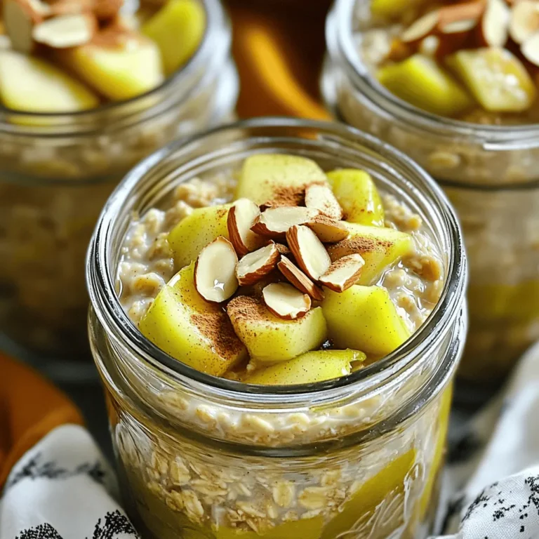 When making apple cinnamon overnight oats, you need simple and healthy ingredients. Here’s what you’ll need: - 1 cup rolled oats - 2 cups almond milk (or your preferred milk) - 1 medium apple, diced (a Granny Smith works great for a touch of tartness) - 1 tablespoon chia seeds - 1 tablespoon maple syrup (adjust based on your sweetness preference) - 1 teaspoon ground cinnamon - 1/2 teaspoon vanilla extract - A pinch of salt - Toppings: sliced almonds, additional apple slices, and a sprinkle of cinnamon These ingredients make a tasty breakfast that is full of fiber and nutrients. Rolled oats provide a solid base. Almond milk adds creaminess without extra calories. Diced apple brings natural sweetness and crunch. Chia seeds boost fiber and omega-3s. Maple syrup gives a touch of sweetness, while ground cinnamon adds warmth and flavor. A pinch of salt balances everything out. Feel free to adjust the ingredients to fit your taste. You can add more or less maple syrup, depending on how sweet you like it. I recommend using fresh apples for the best flavor. For a fun twist, try adding your favorite nuts or seeds on top. Check out the Full Recipe for all the details on making this delicious dish! To make apple cinnamon overnight oats, start with a clean space. Gather your ingredients first. This helps make the process smooth and quick. It only takes about ten minutes to prepare. You will need rolled oats, milk, chia seeds, and other tasty items. In a medium bowl, combine 1 cup of rolled oats and 2 cups of almond milk. Then, add 1 tablespoon of chia seeds, 1 tablespoon of maple syrup, and 1 teaspoon of ground cinnamon. Don't forget 1/2 teaspoon of vanilla extract and a pinch of salt. Whisk everything together until it’s mixed well. Next, fold in 1 diced apple. Make sure the apple pieces spread evenly through the mixture. This adds great flavor to every spoonful. Now, take two jars or airtight containers. Spoon the oat mixture evenly into them. Leave some space at the top. This space is important as the oats will expand. Seal the containers tightly and place them in the fridge. Let them chill overnight or for at least six hours. When you wake up, the oats will be ready! Just stir them, and if they are too thick, add a bit of almond milk to reach your desired creaminess. Enjoy! You can find the full recipe [here]. To get the best creamy oats, use the right milk. I like almond milk, but any milk will work. Soaking the oats overnight is key. This allows them to absorb the liquid. If your oats look too thick in the morning, add a splash of milk. Stir well to reach your perfect texture. Choosing the right apple makes a big difference. I recommend using Granny Smith apples for a nice tart flavor. They contrast well with the sweetness of the maple syrup. Other good choices are Honeycrisp or Fuji apples. Both add a sweet crunch and vibrant taste. For a beautiful presentation, use clear glass jars. Show off those lovely layers of oats, apples, and toppings. Just before serving, drizzle extra maple syrup on top. This adds shine and an extra touch of sweetness. Garnish with sliced almonds or apple slices for a pop of color. Enjoy the visual feast as much as the taste! {{image_4}} You can swap almond milk for any milk you like. Cow's milk gives a creamy taste. Cashew milk adds richness. Coconut milk brings a tropical twist. Each milk changes the flavor a bit, so try different ones to find your favorite. Maple syrup is the base for sweetness, but it’s not the only choice. You can use honey if you want a floral note. Agave syrup works well for a mild sweetness. If you prefer less sugar, try mashed bananas or stevia for a low-cal option. Adjust to your taste! Adding more ingredients is easy! You can mix in nuts or seeds for healthy fats. Try flax seeds for extra fiber. Some berries can add antioxidants and a pop of color. A spoonful of yogurt can make it creamy and add protein. Feel free to experiment with different add-ins to boost your overnight oats. Check the Full Recipe for more details on ingredients! You can store your apple cinnamon overnight oats in airtight containers. Glass jars work great. Make sure each jar is sealed tightly. This keeps the oats fresh and tasty. Place them in the fridge after making them. They last well in the cold. These oats are best when eaten within five days. After five days, their taste and texture change. If you see any mold, throw them away. Always check for a sour smell too. It’s better to be safe than sorry! You can freeze overnight oats if you want to keep them longer. Use freezer-safe containers or bags. Just leave some space to allow for expansion. When you're ready to eat, thaw them in the fridge overnight. You can also warm them in the microwave. This way, you enjoy a healthy breakfast boost anytime! For the full recipe, check out the details above. Yes, you can use instant oats, but the texture will change. Instant oats cook faster and may become mushy when soaked. If you want a creamier texture, stick with rolled oats. They absorb liquid well and hold their shape, giving you a better bite. You can change the flavor in many ways. Try different spices like nutmeg or ginger. Add a scoop of peanut butter or almond butter for creaminess. You can also mix in dried fruits, like raisins or cranberries, for a sweet touch. Experimenting with toppings can add crunch, too! Absolutely! This recipe is perfect for meal prep. Make a batch and store it in jars. It will last in the fridge for up to five days. Each morning, you can grab a jar, stir it up, and enjoy a healthy breakfast. Check the full recipe for more details on making these oats. This blog post showed you how to make delicious overnight oats. We covered the key ingredients and step-by-step instructions. Tips helped you achieve creamy texture and great flavor. Plus, I shared fun ways to personalize your oats. Remember, these oats store well, making them perfect for meal prep. Enjoy your tasty and healthy breakfast with ease. You can mix it up as you like and keep it fresh! Start experimenting today and make breakfast something you look forward to.