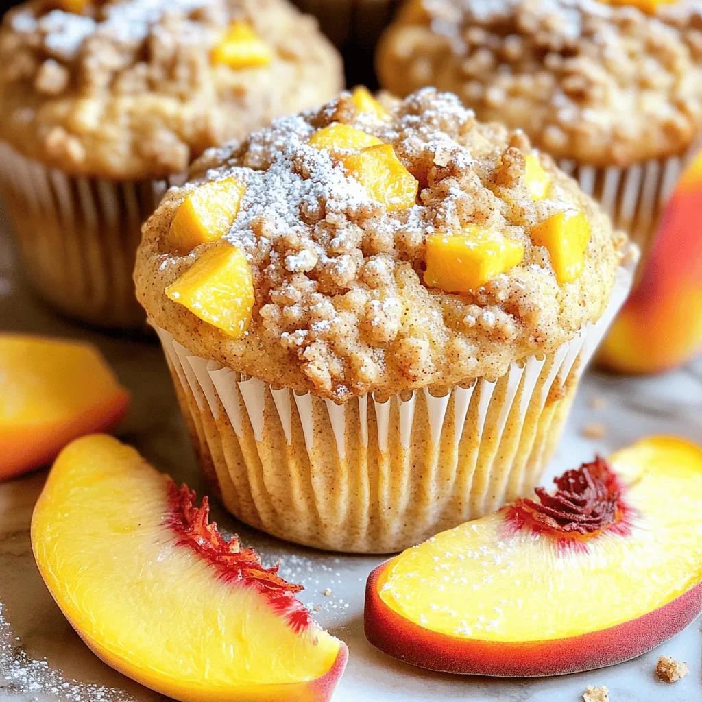 When making peach streusel muffins, the right ingredients make all the difference. Here’s what you need: - 1 ½ cups all-purpose flour - 1 tsp baking powder - ½ tsp baking soda - ¼ tsp salt - ½ cup granulated sugar - ¼ cup packed brown sugar - ⅓ cup unsalted butter, melted - 1 large egg - 1 tsp vanilla extract - ½ cup buttermilk - 1 ½ cups fresh peaches, peeled and diced - ⅓ cup rolled oats - 1 tsp ground cinnamon These ingredients create a lovely balance of flavors. The fresh peaches add sweetness and moisture. The streusel topping gives a nice crunch. This recipe is simple and uses common items. I love how easy it is to find these ingredients at any store. For the full recipe, check out [Full Recipe]. It's a delightful way to enjoy seasonal peaches in a warm muffin. First, preheat your oven to 375°F (190°C). This step warms the oven, helping the muffins bake evenly. Next, prepare your muffin tin. You can line it with muffin liners or grease it lightly with some non-stick spray or butter. This will keep the muffins from sticking. In a medium bowl, whisk together the dry ingredients. Combine 1 ½ cups of all-purpose flour, 1 teaspoon of baking powder, ½ teaspoon of baking soda, and ¼ teaspoon of salt. Mix well until everything is blended. Set this bowl aside for now. In a large mixing bowl, combine the sugars and melted butter. Use ½ cup of granulated sugar and ¼ cup of brown sugar. Mix them well until they blend together. Then, add 1 large egg and 1 teaspoon of vanilla extract. Beat the mixture until it looks fluffy. Next, pour in ½ cup of buttermilk and stir gently. Now, it’s time to add the dry ingredients. Gradually fold the flour mixture into the wet ingredients. Be gentle and avoid overmixing. It’s okay if the batter has a few lumps. Finally, fold in 1 ½ cups of diced peaches. Make sure they are evenly spread throughout the batter. In a small bowl, mix together ⅓ cup of rolled oats, 1 teaspoon of ground cinnamon, and a pinch of sugar for the streusel topping. This mix will add a crunchy texture to your muffins. Using a scooper or a spoon, fill each muffin liner with the batter. Aim to fill them about two-thirds full. This gives your muffins room to rise. Once filled, sprinkle a generous amount of the streusel topping over each muffin. This adds that crispy layer on top. Place the muffin tin in your preheated oven. Bake for 18 to 20 minutes. Check for doneness by inserting a toothpick into the center of a muffin. If it comes out clean, your muffins are ready. After baking, let the muffins cool in the pan for about 5 minutes. Then, transfer them to a wire rack to cool completely. For a complete recipe and detailed instructions, check out the Full Recipe. To make great muffins, avoid overmixing the batter. When you mix too much, muffins can turn tough and dry. Gently fold the dry ingredients into the wet. Leave some lumps; they are okay! The batter should feel thick but not dry. Aim for a smooth mix with small bits of flour still visible. This keeps the muffins soft and fluffy. To keep your muffins fresh, store them in an airtight container at room temperature. They will stay good for up to three days. If you want to keep them longer, freeze them. Wrap each muffin in plastic wrap, then put them in a freezer bag. When ready to eat, thaw them in the fridge overnight or microwave them for about 20 seconds. This keeps them soft and tasty. These peach streusel muffins pair well with coffee or tea. They also taste great with a glass of milk. For a nice touch, dust the muffins with powdered sugar before serving. You can also add a slice of fresh peach on the side. This extra step makes your muffins look fancy and adds more peach flavor. Enjoy the delightful mix of tastes! {{image_4}} You can switch the peaches for other fruits. Blueberries and raspberries work great! They add a nice burst of flavor. You can even mix fruits, like peaches and blueberries, for a fun twist. Remember to adjust the amount of fruit based on what you use. Keep it around 1 ½ cups to fill the muffins well. Need a gluten-free option? Use a gluten-free flour blend instead of all-purpose flour. For a dairy-free version, replace buttermilk with almond milk or coconut milk. You can also use a flax egg instead of a regular egg. Just mix 1 tablespoon of flaxseed meal with 2.5 tablespoons of water. Let it sit for a few minutes to thicken. This will keep your muffins tasty and friendly for different diets. Want to kick up the flavor? Try adding nuts like walnuts or pecans to the batter. They give a nice crunch. You can also sprinkle some cinnamon or nutmeg in the batter for warmth. For a little zing, add a splash of lemon juice or zest. These small changes can make your muffins more exciting and tasty. For the full recipe, look for the Peach Streusel Muffins instructions above! You can store Peach Streusel Muffins at room temperature. Place them in an airtight container. This helps keep them fresh and soft. They will stay tasty for up to three days. If you want to keep them longer, consider freezing. Freezing is a great way to save these muffins for later. Wrap each muffin in plastic wrap. Then, place them in a freezer bag or container. This keeps them from getting freezer burn. You can freeze them for up to three months. To enjoy them later, thaw your muffins. Take them out of the freezer and let them sit at room temperature. This usually takes about an hour. You can also warm them in the oven at low heat for a fresh-baked taste. For the best experience, try the Full Recipe to make these delightful muffins again! Yes, you can use canned peaches. Look for peaches packed in juice or water. Drain them well and pat them dry to remove excess moisture. This step helps avoid soggy muffins. Cut the peaches into small pieces, similar to fresh ones. Canned peaches can be sweeter, so reduce the sugar in the recipe by a tablespoon. This keeps your muffins balanced. If your batter is thick, add a splash of milk or buttermilk. Mix well until you reach a smooth texture. Thick batter can lead to dry muffins. You want a batter that can easily drop from a spoon but is not runny. Another tip is to gently fold in a bit more diced peaches. This adds moisture and flavor. Check for doneness by inserting a toothpick into the center of a muffin. If it comes out clean or with a few crumbs, your muffins are ready. Look for a golden-brown top and a slight spring when you touch the surface. If the muffins still look wet or jiggly, bake them a few more minutes. Yes, you can prepare the batter ahead. Store it in the fridge for up to 2 hours. Mix the wet and dry ingredients separately. Combine them just before baking. This helps keep the muffins light and fluffy. If you plan to store longer, consider freezing the batter in muffin tins. This way, you can bake fresh muffins anytime. For the full recipe, check above. These peach muffins are easy to make and full of flavor. We covered the ingredients, step-by-step instructions, and tips to improve texture and taste. From using fresh peaches to adding oats, each detail counts. You can experiment with flavors and storage methods. Enjoy these muffins fresh or store them for later. Happy baking!