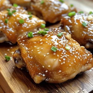 - 4 bone-in, skin-on chicken thighs - 1/4 cup honey - 4 cloves garlic, finely minced - 2 tablespoons soy sauce - 1 tablespoon apple cider vinegar - 1 tablespoon extra virgin olive oil - 1 teaspoon freshly grated ginger - 1/2 teaspoon ground black pepper - Salt, to taste - Chopped green onions and toasted sesame seeds For this recipe, I focus on fresh ingredients. The chicken thighs give a rich flavor. Honey and garlic bring sweetness and zest. Soy sauce adds depth, while apple cider vinegar provides a nice tang. Extra virgin olive oil keeps everything moist and tasty. I love the hint of ginger in this dish. It adds a warm note that enhances the glaze. The black pepper gives a slight kick, balancing the sweetness. For the finishing touch, green onions and sesame seeds add color and crunch. These ingredients work together to create a delightful meal. You can find the full recipe for Honey Garlic Glazed Chicken Thighs at the end of this article. Enjoy cooking! In a medium bowl, whisk together the honey, minced garlic, soy sauce, apple cider vinegar, olive oil, grated ginger, black pepper, and a pinch of salt. Make sure the mixture is smooth and well-blended. This marinade is the key to great flavor. Next, place the chicken thighs in a large zip-lock bag or a shallow dish. Pour the marinade over the chicken. Ensure each piece is well coated. Seal the bag or cover the dish tightly. Refrigerate for at least 1 hour, though overnight is best for deep flavor. Preheat your oven to 400°F (200°C). This heat ensures a crispy skin. Remove the chicken from the marinade, saving some for later. Place the chicken skin-side up on a baking tray lined with parchment paper. Bake for 30-35 minutes. The chicken is ready when its internal temperature hits 165°F (74°C) and the skin is golden and crispy. To get that perfect crispy skin, you need to start with dry chicken. Pat the chicken thighs dry with paper towels. This helps remove excess moisture. Also, make sure your oven is hot before baking. Preheat it to 400°F (200°C). Place the chicken skin-side up on a lined baking tray. This position allows the skin to crisp up nicely. Finally, don't cover the chicken while it bakes. This keeps the skin exposed to the heat for better crispiness. Marinating time is key for flavor. I recommend at least one hour for good taste. If you have time, let the chicken marinate overnight. This allows the flavors to soak in deeply. Use a zip-lock bag for easy marinating. Just remember to seal it well, so the marinade doesn’t leak. A longer marinating time helps tenderize the meat, making it juicy and flavorful. For the glaze, you want a syrupy texture. After baking, take the leftover marinade and heat it in a saucepan. Simmer it over medium heat for about 5-7 minutes. Stir it occasionally to prevent sticking. The goal is to reduce the liquid until it thickens. This will create a lovely glaze that clings to the chicken. If it’s too thick, add a splash of water to loosen it. {{image_4}} You can easily boost flavor with fresh herbs. Use rosemary, thyme, or parsley. Chop them finely and mix them into the marinade. This adds a vibrant taste that pairs well with the honey and garlic. Fresh herbs also add a nice pop of color to your dish. Just remember to adjust the amount based on your taste. For a kick, add red pepper flakes into your marinade. Start with a pinch and taste as you go. This small change can take your dish from sweet to spicy. The heat balances well with the honey's sweetness. Serve with a side of cooling yogurt or sour cream to tame the spice. It creates a fun contrast. Grilling gives this dish a smoky flavor that is hard to beat. Before grilling, marinate the chicken as usual. Preheat your grill to medium heat. Cook the thighs skin-side down for the first few minutes. Flip them for an even char. Use the reserved marinade to baste while grilling. This method ensures a tasty glaze that sticks to the chicken. Enjoy the delicious, crispy skin with that smoky flavor! For the complete recipe, check the [Full Recipe]. To keep your honey garlic glazed chicken thighs fresh, store them promptly. Place the cooled chicken in an airtight container. This will help keep the flavors intact. Be sure to eat the leftovers within three to four days for the best taste and safety. To freeze your chicken thighs, first let them cool completely. Wrap each thigh tightly in plastic wrap, then place them in a freezer-safe bag. This method helps avoid freezer burn. You can keep them frozen for up to three months. When ready to eat, thaw the chicken in the fridge overnight for best results. To reheat chicken thighs, use the oven to keep them juicy. Preheat your oven to 350°F (175°C). Place the chicken on a baking sheet and cover it with foil. This will trap steam and keep the meat moist. Heat for about 15 to 20 minutes, or until the chicken is warm. Enjoy the great taste all over again! For more details, check the Full Recipe. For the best flavor, you should marinate chicken thighs for at least 1 hour. But if you can, marinate them overnight. This allows the flavors to soak deep into the meat. A longer marination time helps the chicken become tender and full of taste. Yes, you can use other cuts of chicken. Chicken breasts work well, but they may dry out faster. If you prefer, you can also use bone-in chicken legs. These alternatives will still absorb the honey garlic flavor, making your dish just as tasty. You can pair this dish with many sides. Here are some great options: - Steamed rice or jasmine rice - Roasted vegetables, like broccoli or carrots - A fresh garden salad with a light vinaigrette - Mashed potatoes for a creamy side - Quinoa for a healthy grain option These sides will complement the savory taste of the chicken and make your meal more satisfying. For the full recipe, check out the [Full Recipe] section. This blog post covered how to make delicious Honey Garlic Glazed Chicken Thighs. You learned about the key ingredients, step-by-step cooking methods, and helpful tips for the best results. We also explored tasty variations and safe storage advice. Enjoying this dish can add flavor to your meals. Whether you choose to grill it or try a spicy twist, these chicken thighs will impress. Keep experimenting, and make this recipe your own!
