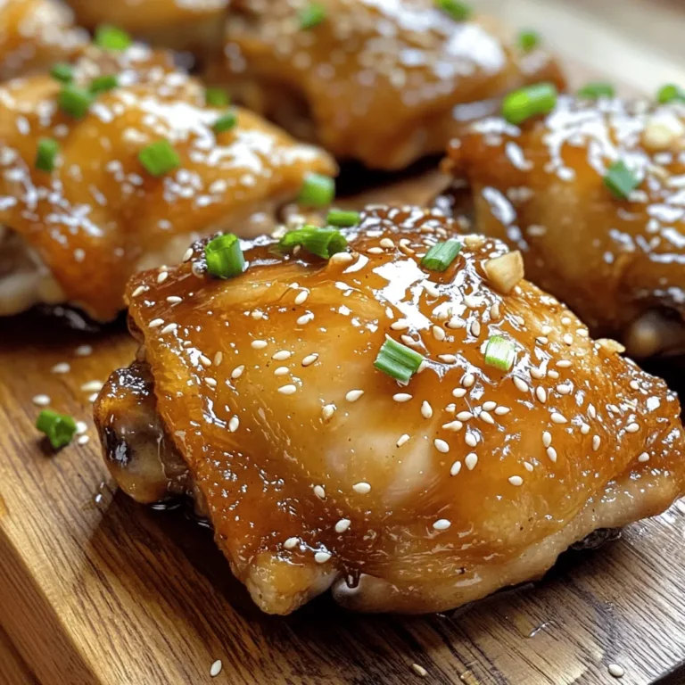 - 4 bone-in, skin-on chicken thighs - 1/4 cup honey - 4 cloves garlic, finely minced - 2 tablespoons soy sauce - 1 tablespoon apple cider vinegar - 1 tablespoon extra virgin olive oil - 1 teaspoon freshly grated ginger - 1/2 teaspoon ground black pepper - Salt, to taste - Chopped green onions and toasted sesame seeds For this recipe, I focus on fresh ingredients. The chicken thighs give a rich flavor. Honey and garlic bring sweetness and zest. Soy sauce adds depth, while apple cider vinegar provides a nice tang. Extra virgin olive oil keeps everything moist and tasty. I love the hint of ginger in this dish. It adds a warm note that enhances the glaze. The black pepper gives a slight kick, balancing the sweetness. For the finishing touch, green onions and sesame seeds add color and crunch. These ingredients work together to create a delightful meal. You can find the full recipe for Honey Garlic Glazed Chicken Thighs at the end of this article. Enjoy cooking! In a medium bowl, whisk together the honey, minced garlic, soy sauce, apple cider vinegar, olive oil, grated ginger, black pepper, and a pinch of salt. Make sure the mixture is smooth and well-blended. This marinade is the key to great flavor. Next, place the chicken thighs in a large zip-lock bag or a shallow dish. Pour the marinade over the chicken. Ensure each piece is well coated. Seal the bag or cover the dish tightly. Refrigerate for at least 1 hour, though overnight is best for deep flavor. Preheat your oven to 400°F (200°C). This heat ensures a crispy skin. Remove the chicken from the marinade, saving some for later. Place the chicken skin-side up on a baking tray lined with parchment paper. Bake for 30-35 minutes. The chicken is ready when its internal temperature hits 165°F (74°C) and the skin is golden and crispy. To get that perfect crispy skin, you need to start with dry chicken. Pat the chicken thighs dry with paper towels. This helps remove excess moisture. Also, make sure your oven is hot before baking. Preheat it to 400°F (200°C). Place the chicken skin-side up on a lined baking tray. This position allows the skin to crisp up nicely. Finally, don't cover the chicken while it bakes. This keeps the skin exposed to the heat for better crispiness. Marinating time is key for flavor. I recommend at least one hour for good taste. If you have time, let the chicken marinate overnight. This allows the flavors to soak in deeply. Use a zip-lock bag for easy marinating. Just remember to seal it well, so the marinade doesn’t leak. A longer marinating time helps tenderize the meat, making it juicy and flavorful. For the glaze, you want a syrupy texture. After baking, take the leftover marinade and heat it in a saucepan. Simmer it over medium heat for about 5-7 minutes. Stir it occasionally to prevent sticking. The goal is to reduce the liquid until it thickens. This will create a lovely glaze that clings to the chicken. If it’s too thick, add a splash of water to loosen it. {{image_4}} You can easily boost flavor with fresh herbs. Use rosemary, thyme, or parsley. Chop them finely and mix them into the marinade. This adds a vibrant taste that pairs well with the honey and garlic. Fresh herbs also add a nice pop of color to your dish. Just remember to adjust the amount based on your taste. For a kick, add red pepper flakes into your marinade. Start with a pinch and taste as you go. This small change can take your dish from sweet to spicy. The heat balances well with the honey's sweetness. Serve with a side of cooling yogurt or sour cream to tame the spice. It creates a fun contrast. Grilling gives this dish a smoky flavor that is hard to beat. Before grilling, marinate the chicken as usual. Preheat your grill to medium heat. Cook the thighs skin-side down for the first few minutes. Flip them for an even char. Use the reserved marinade to baste while grilling. This method ensures a tasty glaze that sticks to the chicken. Enjoy the delicious, crispy skin with that smoky flavor! For the complete recipe, check the [Full Recipe]. To keep your honey garlic glazed chicken thighs fresh, store them promptly. Place the cooled chicken in an airtight container. This will help keep the flavors intact. Be sure to eat the leftovers within three to four days for the best taste and safety. To freeze your chicken thighs, first let them cool completely. Wrap each thigh tightly in plastic wrap, then place them in a freezer-safe bag. This method helps avoid freezer burn. You can keep them frozen for up to three months. When ready to eat, thaw the chicken in the fridge overnight for best results. To reheat chicken thighs, use the oven to keep them juicy. Preheat your oven to 350°F (175°C). Place the chicken on a baking sheet and cover it with foil. This will trap steam and keep the meat moist. Heat for about 15 to 20 minutes, or until the chicken is warm. Enjoy the great taste all over again! For more details, check the Full Recipe. For the best flavor, you should marinate chicken thighs for at least 1 hour. But if you can, marinate them overnight. This allows the flavors to soak deep into the meat. A longer marination time helps the chicken become tender and full of taste. Yes, you can use other cuts of chicken. Chicken breasts work well, but they may dry out faster. If you prefer, you can also use bone-in chicken legs. These alternatives will still absorb the honey garlic flavor, making your dish just as tasty. You can pair this dish with many sides. Here are some great options: - Steamed rice or jasmine rice - Roasted vegetables, like broccoli or carrots - A fresh garden salad with a light vinaigrette - Mashed potatoes for a creamy side - Quinoa for a healthy grain option These sides will complement the savory taste of the chicken and make your meal more satisfying. For the full recipe, check out the [Full Recipe] section. This blog post covered how to make delicious Honey Garlic Glazed Chicken Thighs. You learned about the key ingredients, step-by-step cooking methods, and helpful tips for the best results. We also explored tasty variations and safe storage advice. Enjoying this dish can add flavor to your meals. Whether you choose to grill it or try a spicy twist, these chicken thighs will impress. Keep experimenting, and make this recipe your own!