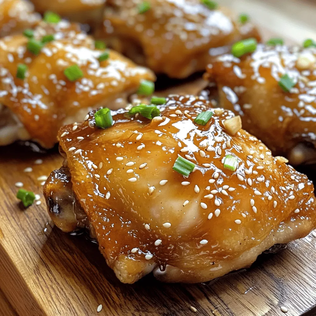 - 4 bone-in, skin-on chicken thighs - 1/4 cup honey - 4 cloves garlic, finely minced - 2 tablespoons soy sauce - 1 tablespoon apple cider vinegar - 1 tablespoon extra virgin olive oil - 1 teaspoon freshly grated ginger - 1/2 teaspoon ground black pepper - Salt, to taste - Chopped green onions and toasted sesame seeds For this recipe, I focus on fresh ingredients. The chicken thighs give a rich flavor. Honey and garlic bring sweetness and zest. Soy sauce adds depth, while apple cider vinegar provides a nice tang. Extra virgin olive oil keeps everything moist and tasty. I love the hint of ginger in this dish. It adds a warm note that enhances the glaze. The black pepper gives a slight kick, balancing the sweetness. For the finishing touch, green onions and sesame seeds add color and crunch. These ingredients work together to create a delightful meal. You can find the full recipe for Honey Garlic Glazed Chicken Thighs at the end of this article. Enjoy cooking! In a medium bowl, whisk together the honey, minced garlic, soy sauce, apple cider vinegar, olive oil, grated ginger, black pepper, and a pinch of salt. Make sure the mixture is smooth and well-blended. This marinade is the key to great flavor. Next, place the chicken thighs in a large zip-lock bag or a shallow dish. Pour the marinade over the chicken. Ensure each piece is well coated. Seal the bag or cover the dish tightly. Refrigerate for at least 1 hour, though overnight is best for deep flavor. Preheat your oven to 400°F (200°C). This heat ensures a crispy skin. Remove the chicken from the marinade, saving some for later. Place the chicken skin-side up on a baking tray lined with parchment paper. Bake for 30-35 minutes. The chicken is ready when its internal temperature hits 165°F (74°C) and the skin is golden and crispy. To get that perfect crispy skin, you need to start with dry chicken. Pat the chicken thighs dry with paper towels. This helps remove excess moisture. Also, make sure your oven is hot before baking. Preheat it to 400°F (200°C). Place the chicken skin-side up on a lined baking tray. This position allows the skin to crisp up nicely. Finally, don't cover the chicken while it bakes. This keeps the skin exposed to the heat for better crispiness. Marinating time is key for flavor. I recommend at least one hour for good taste. If you have time, let the chicken marinate overnight. This allows the flavors to soak in deeply. Use a zip-lock bag for easy marinating. Just remember to seal it well, so the marinade doesn’t leak. A longer marinating time helps tenderize the meat, making it juicy and flavorful. For the glaze, you want a syrupy texture. After baking, take the leftover marinade and heat it in a saucepan. Simmer it over medium heat for about 5-7 minutes. Stir it occasionally to prevent sticking. The goal is to reduce the liquid until it thickens. This will create a lovely glaze that clings to the chicken. If it’s too thick, add a splash of water to loosen it. {{image_4}} You can easily boost flavor with fresh herbs. Use rosemary, thyme, or parsley. Chop them finely and mix them into the marinade. This adds a vibrant taste that pairs well with the honey and garlic. Fresh herbs also add a nice pop of color to your dish. Just remember to adjust the amount based on your taste. For a kick, add red pepper flakes into your marinade. Start with a pinch and taste as you go. This small change can take your dish from sweet to spicy. The heat balances well with the honey's sweetness. Serve with a side of cooling yogurt or sour cream to tame the spice. It creates a fun contrast. Grilling gives this dish a smoky flavor that is hard to beat. Before grilling, marinate the chicken as usual. Preheat your grill to medium heat. Cook the thighs skin-side down for the first few minutes. Flip them for an even char. Use the reserved marinade to baste while grilling. This method ensures a tasty glaze that sticks to the chicken. Enjoy the delicious, crispy skin with that smoky flavor! For the complete recipe, check the [Full Recipe]. To keep your honey garlic glazed chicken thighs fresh, store them promptly. Place the cooled chicken in an airtight container. This will help keep the flavors intact. Be sure to eat the leftovers within three to four days for the best taste and safety. To freeze your chicken thighs, first let them cool completely. Wrap each thigh tightly in plastic wrap, then place them in a freezer-safe bag. This method helps avoid freezer burn. You can keep them frozen for up to three months. When ready to eat, thaw the chicken in the fridge overnight for best results. To reheat chicken thighs, use the oven to keep them juicy. Preheat your oven to 350°F (175°C). Place the chicken on a baking sheet and cover it with foil. This will trap steam and keep the meat moist. Heat for about 15 to 20 minutes, or until the chicken is warm. Enjoy the great taste all over again! For more details, check the Full Recipe. For the best flavor, you should marinate chicken thighs for at least 1 hour. But if you can, marinate them overnight. This allows the flavors to soak deep into the meat. A longer marination time helps the chicken become tender and full of taste. Yes, you can use other cuts of chicken. Chicken breasts work well, but they may dry out faster. If you prefer, you can also use bone-in chicken legs. These alternatives will still absorb the honey garlic flavor, making your dish just as tasty. You can pair this dish with many sides. Here are some great options: - Steamed rice or jasmine rice - Roasted vegetables, like broccoli or carrots - A fresh garden salad with a light vinaigrette - Mashed potatoes for a creamy side - Quinoa for a healthy grain option These sides will complement the savory taste of the chicken and make your meal more satisfying. For the full recipe, check out the [Full Recipe] section. This blog post covered how to make delicious Honey Garlic Glazed Chicken Thighs. You learned about the key ingredients, step-by-step cooking methods, and helpful tips for the best results. We also explored tasty variations and safe storage advice. Enjoying this dish can add flavor to your meals. Whether you choose to grill it or try a spicy twist, these chicken thighs will impress. Keep experimenting, and make this recipe your own!