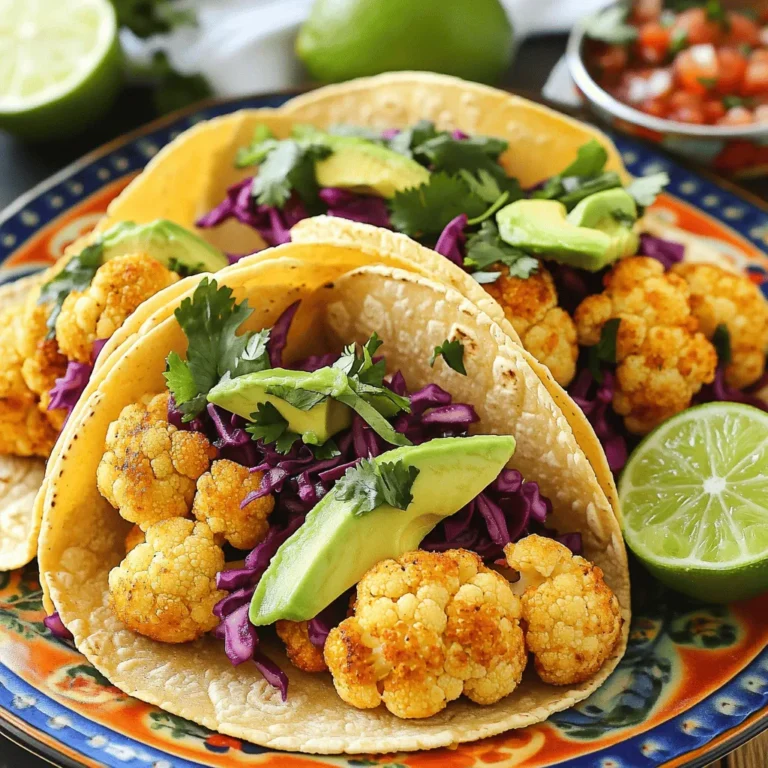 To make crispy cauliflower tacos, gather these key ingredients: - 1 head of cauliflower, separated into bite-sized florets - 1 cup panko breadcrumbs - 1 teaspoon smoked paprika - 1 teaspoon garlic powder - 1 teaspoon onion powder - 1/2 teaspoon cayenne pepper (adjust to your spice level) - Salt and pepper to taste - 1 cup all-purpose flour - 1 cup plant-based milk (or regular milk) - Corn tortillas (for assembling the tacos) - 1 ripe avocado, sliced - 1 cup shredded red cabbage - Fresh cilantro, for garnishing - Lime wedges, for serving You can swap some ingredients based on your needs. Here are some ideas: - Use gluten-free flour instead of all-purpose flour. - Replace panko with crushed cornflakes for a different crunch. - Try almond milk or oat milk instead of plant-based milk. - Use different spices, like chili powder or cumin, for a unique flavor. To make your tacos even more delicious, consider these toppings: - Fresh salsa for a burst of flavor. - Pickled onions for a tangy kick. - Crumbled feta or queso for creaminess. - Radish slices for added crunch. - A drizzle of hot sauce for some heat. For the full recipe, refer back to the earlier section. Enjoy creating your crispy cauliflower tacos! Start by preheating your oven to 425°F (220°C). This ensures even cooking and crispiness. Next, take your head of cauliflower and separate it into bite-sized florets. Make sure the pieces are not too big. Smaller florets cook faster and get crispier. Now, let’s set up your breading station. Get three bowls in a row. In the first bowl, add one cup of all-purpose flour. In the second bowl, pour one cup of plant-based milk (or regular milk). In the third bowl, mix one cup of panko breadcrumbs with one teaspoon of smoked paprika, one teaspoon of garlic powder, one teaspoon of onion powder, and half a teaspoon of cayenne pepper. Add salt and pepper to taste. Stir the breadcrumbs well to spread the spices evenly. Once your cauliflower is ready and your breading station is set, it’s time to coat the florets. Dip each floret into the flour first. Make sure it’s fully coated, then shake off the excess. Next, dip the floret into the plant-based milk, letting any extra drip off. Finally, roll it in the breadcrumb mixture, pressing gently. Place the breaded florets on a lined baking sheet, leaving space between them. Now, slide the baking sheet into your preheated oven. Bake for 25-30 minutes. Flip the florets halfway through to ensure they brown evenly. When they turn golden and crispy, they’re ready! Enjoy your crispy cauliflower tacos with all the tasty toppings from the Full Recipe. To get that crunch, the key is the panko breadcrumbs. They create a light and crispy coating. Make sure to coat each cauliflower floret well. When you bake them, place them evenly on the sheet. This allows hot air to circulate, making them crispier. Spice up your tacos with smoked paprika and cayenne pepper. They add a nice kick. You can also mix in herbs like cumin or oregano for extra depth. Don't forget to season with salt and pepper. Taste the breadcrumbs before coating the cauliflower to ensure they are flavorful. For the best serving experience, warm your corn tortillas before filling them. This makes them pliable and tasty. Layer your tacos with fresh avocado and shredded cabbage. Top with chopped cilantro and a squeeze of lime for brightness. For an extra treat, serve with a side of salsa or hot sauce. If you want the full recipe, check out the Crispy Cauliflower Tacos section. {{image_4}} You can easily make these tacos vegan. Use plant-based milk instead of regular milk. For the breading, stick to vegan-friendly panko breadcrumbs. This keeps the flavor and crunch you want. To make these tacos gluten-free, swap regular flour with a gluten-free all-purpose blend. Gluten-free panko will also work well for the breading. This way, everyone can enjoy these tasty tacos. You can change the flavor of your tacos. For a spicy kick, add more cayenne pepper or some chili powder. If you prefer sweet, try adding a drizzle of agave syrup or honey. For a savory twist, consider using smoked paprika or a dash of soy sauce in the batter. Each variation brings a new taste adventure to your table. To store leftover tacos, place them in an airtight container. Separate the crispy cauliflower and tortillas if you can. This keeps the tortillas from getting soggy. Store in the fridge for up to three days. When you are ready to eat, you can reheat them for the best taste. To reheat, place the cauliflower on a baking sheet. Preheat your oven to 350°F (175°C). Bake for about 10-15 minutes until crispy again. For the tortillas, heat them in a dry pan for a minute on each side. This helps to keep them warm and flexible. If you want to freeze the tacos, wrap each taco tightly in plastic wrap. Place them in a freezer-safe bag to avoid freezer burn. They can last up to a month in the freezer. When ready to eat, thaw them overnight in the fridge and reheat as mentioned above. Enjoy the great taste even after storage! For the full recipe, refer back to the beginning of the article. To make your cauliflower tacos crispier, follow these tips: - Use Panko Breadcrumbs: They are lighter and create a better crunch than regular breadcrumbs. - Double Coat: For extra crunch, dip the florets in flour, then milk, and roll in breadcrumbs twice. - Bake at High Heat: Ensure your oven is at 425°F (220°C) for that golden finish. - Don’t Crowd the Pan: Space the florets on the baking sheet. This helps them crisp all over. - Flip Regularly: Halfway through baking, flip the florets to cook evenly. By using these steps, you'll achieve a wonderfully crispy texture every time. Yes, you can use different tortillas! Here are some options: - Flour Tortillas: These are soft and great for holding fillings. - Whole Wheat Tortillas: A healthier choice with more fiber. - Lettuce Wraps: For a low-carb option, try using large lettuce leaves. - Taco Shells: Crunchy taco shells add a fun twist. Choose the tortilla that fits your taste and dietary needs. Pair your crispy cauliflower tacos with these delicious side dishes: - Mexican Rice: Fluffy rice with spices complements the tacos well. - Black Beans: A protein-rich side that adds flavor and nutrition. - Guacamole: Creamy and fresh, it’s always a hit. - Corn Salad: A sweet and tangy salad brightens the meal. - Grilled Vegetables: Charred veggies bring a smoky flavor that pairs nicely. These sides will enhance your taco experience and create a full, flavorful feast. For the complete recipe, check out the [Full Recipe]. This blog covered ingredients, steps, tips, variations, and storage for cauliflower tacos. You learned how to prep, bread, and bake for that perfect crunch. I shared useful flavor boosts and serving ideas. You can explore vegan and gluten-free options to suit your needs. Finally, I provided storage tips to keep leftovers fresh. Cauliflower tacos are fun and flexible. Enjoy making them your own!