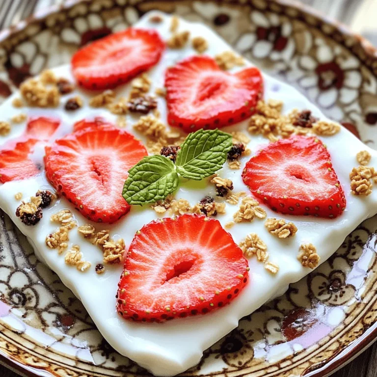 - 2 cups Greek yogurt (plain or vanilla) - 1 cup fresh strawberries, hulled and thinly sliced - 2 tablespoons honey or maple syrup (optional) The main ingredients for Easy Strawberry Yogurt Bark are simple and fresh. Greek yogurt gives it a creamy base. You can use plain or vanilla yogurt based on your taste. Fresh strawberries add sweetness and color. Honey or maple syrup sweetens the mix, but you can skip it if you prefer. - 1/4 cup granola or crushed nuts - Fresh mint leaves for garnish You can add granola or crushed nuts for a crunchy texture. This also boosts flavor and nutrition. Fresh mint leaves work great as a garnish. They make the dish look pretty and add a refreshing taste. A serving of this yogurt bark has about 100 calories. It includes protein and healthy fats from the yogurt. Strawberries add vitamins and fiber. If you add granola or nuts, you increase the fiber and healthy fats even more. This snack is not only tasty but also good for you. - Line a baking sheet with parchment paper. Make sure it sticks out on all sides. This helps you pull out the bark easily later. - In a bowl, mix 2 cups of Greek yogurt with 2 tablespoons of honey or maple syrup. Stir until smooth. Taste it! You can add more sweetener if you like. - Pour the yogurt mixture onto the baking sheet. Use a spatula to spread it out evenly. Aim for a thickness of about 1/4 inch. - Take 1 cup of sliced strawberries and place them on top of the yogurt. Press them down a little to stick. - Scatter 1/4 cup of granola or crushed nuts on top. This adds a nice crunch to your bark. - Place the baking sheet in the freezer. Let it freeze for about 3 to 4 hours. You want it to be solid all the way through. - When it’s frozen, take it out and break it into pieces. You can make shards or bite-sized pieces. - Serve it right away for a cool treat. If you have leftovers, store them in an airtight container in the freezer for up to a week. For the full recipe, check out the Fruity Strawberry Yogurt Bark Delight 🧊! You can make this yogurt bark your own! Swap fruits like bananas, blueberries, or even mango. Each fruit adds its own flavor and charm. You can also change the yogurt. Use coconut yogurt for a tropical twist or almond yogurt for a nutty taste. If you like it sweeter, adjust the honey or maple syrup. Start with two tablespoons and taste. Add more if you want it sweeter. You control the sweetness! When serving, use a colorful plate to make it pop. A simple white plate works too, but a vibrant one adds flair. Garnish with fresh mint leaves. They add color and freshness. For gatherings, cut the bark into fun shapes. Use cookie cutters for stars or hearts. This makes a snack more fun and invites conversation. One big mistake is not freezing long enough. The yogurt needs at least 3 to 4 hours to freeze fully. If it’s not solid, it won’t break into nice pieces. Also, watch the layer thickness. Aim for about 1/4 inch thick. If it’s too thick, it may not freeze well. If it’s too thin, it might break easily. Keep an eye on these details for the best results! {{image_4}} You can mix it up by using different berries. Blueberries and raspberries give a fun twist. You can also add flavors like vanilla or almond extract. Just a few drops can change the taste completely. If you want a dairy-free option, use coconut yogurt instead of Greek yogurt. For vegan needs, skip the honey and use agave nectar or maple syrup. These swaps keep your snack tasty and healthy. You can also use low-sugar yogurt to cut down on sweetness. This recipe is great for using seasonal fruits. In summer, try peaches or cherries. In fall, add apples or pears. It helps keep the recipe fresh and exciting. Use whatever fruits you have on hand to adapt the recipe. You can always make your own unique version of this snack with what you find! Check out the Full Recipe to see how easy it is to create your own yogurt bark. To keep your Easy Strawberry Yogurt Bark fresh, use an airtight container. This helps prevent freezer burn. Make sure it’s sealed tightly. You can store it in the freezer for up to one week. After that, the texture and taste may change. To safely thaw your yogurt bark, remove it from the freezer. Place it in the fridge for about 30 minutes. This method keeps the texture smooth and creamy. If you’re in a hurry, you can leave it at room temperature for 10-15 minutes. Just be careful not to let it sit too long, or it may melt. It is not safe to re-freeze yogurt bark once it has thawed. Doing so can change the texture and taste. Instead, if you have leftovers, try to eat them within a week. If you notice any ice crystals forming, it’s best to toss it. Always handle your leftovers gently to maintain that delightful crispness. Easy Strawberry Yogurt Bark can last about one week in the freezer. Store it in an airtight container. This keeps it fresh and prevents freezer burn. Always check for any ice crystals before eating. If you see any, it's best to toss it. Yes, you can use frozen strawberries. However, they may release more juice than fresh ones. This could make the yogurt bark a bit watery. On the plus side, frozen strawberries are often cheaper and available year-round. Just make sure to thaw them and drain any extra juice before adding them to the yogurt. To cut frozen yogurt bark easily, let it thaw for a few minutes. This softens it just enough to cut through without breaking. Use a sharp knife or a pizza cutter for clean slices. If you want fun shapes, use cookie cutters! You can use natural sweeteners like mashed bananas or applesauce. These options add sweetness without added sugar. You can also try using stevia or monk fruit for a low-calorie choice. Just mix the sweetener into the yogurt until it reaches your desired taste. In this blog post, we explored how to make Easy Strawberry Yogurt Bark. We covered the main ingredients, optional add-ins, and step-by-step instructions for preparation. We also shared tips for customization and common mistakes to avoid. As you create this tasty treat, remember it's all about your preferences. Feel free to experiment with fruits and flavors. Enjoying yogurt bark can be fun and healthy!