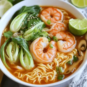 - 200g fresh shrimp, peeled and deveined - 150g ramen noodles - 4 cups vegetable or seafood broth To make a great Spicy Shrimp Ramen Bowl, you need fresh shrimp. The shrimp adds a sweet, briny flavor. Use ramen noodles for a chewy texture. They soak up the broth well. You can pick either vegetable or seafood broth. Both options work great and give depth to the dish. - 2 tablespoons soy sauce - 2 teaspoons sriracha (adjust to taste) - 1 teaspoon sesame oil Flavor is key in this dish. Soy sauce brings a savory kick. Sriracha offers heat and a slight sweetness. You can adjust the sriracha to your taste. A little goes a long way! Sesame oil adds a rich, nutty note. It’s perfect for rounding out the flavors. - 1 cup baby bok choy, halved - 1/2 cup shiitake mushrooms, thinly sliced - 1 green onion, finely sliced (plus extra for garnish) - Sesame seeds, for garnish Fresh vegetables make the bowl colorful and healthy. Baby bok choy adds crunch and a slight bitterness. Shiitake mushrooms lend an earthy flavor. Green onions add brightness and freshness. Don’t forget to sprinkle sesame seeds on top. They add a nice texture and look great! For the full recipe, check the link provided. 1. First, heat 1 teaspoon of sesame oil in a large pot over medium heat. 2. Add 2 cloves of minced garlic and 1 tablespoon of freshly grated ginger. 3. Sauté for about 1 minute until they smell amazing and turn golden. 4. Carefully pour in 4 cups of vegetable or seafood broth. 5. Raise the heat slightly to bring the broth to a gentle simmer. 6. Stir in 2 tablespoons of soy sauce and 2 teaspoons of sriracha. 7. If you want more heat, add 1 teaspoon of chili flakes. 8. Allow the broth to simmer for about 5 minutes to let the flavors mix. 1. While the broth simmers, cook 150g of ramen noodles according to the package instructions. 2. Once cooked, drain the noodles well and set them aside for later. 1. In the simmering broth, add 200g of peeled and deveined shrimp. 2. Cook for about 3-4 minutes until the shrimp turn pink and opaque. 3. Next, add 1/2 cup of thinly sliced shiitake mushrooms and 1 cup of halved baby bok choy. 4. Let them simmer for another 2-3 minutes until the bok choy is soft but still bright green. 5. To serve, place the cooked ramen noodles in two bowls. 6. Pour the flavorful shrimp broth mixture over the noodles. 7. Top with sliced green onions and sesame seeds. 8. Serve with lime wedges so diners can add fresh juice for extra flavor. For the full recipe, please refer to the detailed instructions provided earlier. To get the best shrimp, timing is key. Cook shrimp for about 3 to 4 minutes. They should turn bright pink and be opaque. This shows they are cooked perfectly. Overcooked shrimp can become rubbery. Check them closely as they cook. If they curl too tightly, they are overdone. You can make your ramen as spicy as you like. Start with 2 teaspoons of sriracha. If you want it hotter, add more sriracha or chili flakes. For a milder dish, use less sriracha. You can also skip chili flakes. Tailor the spice to your taste buds. Make your ramen look great by arranging the ingredients nicely. Start with the noodles in the bowl. Then, add the shrimp and vegetables on top. Use vibrant colors like green bok choy and brown mushrooms. This makes the dish pop. Finally, sprinkle sesame seeds and green onions for garnish. A squeeze of lime adds freshness. Serve it all together for a feast for the eyes. For more detailed steps, check the Full Recipe. {{image_4}} If you want to switch up the protein, try using chicken or tofu. Chicken can add a hearty flavor, while tofu offers a great plant-based option. You can cube firm tofu and sauté it until golden. This adds a nice crunch. For seafood lovers, consider shrimp, scallops, or even crab. These options bring different tastes and textures to your bowl. You can choose between homemade and store-bought broth. Homemade broth brings a fresh flavor and allows you to control the ingredients. On the other hand, store-bought broth saves time and still tastes great. If you're feeling adventurous, mix in some coconut milk for a creamy twist. This adds a hint of sweetness that balances the spice well. Adding seasonal vegetables can elevate your ramen. You can include bell peppers, carrots, or snap peas for color and crunch. Leafy greens like spinach or kale are also great options. They cook quickly and add nutrients. Just stir them into the broth a minute before serving for a fresh taste. For the full recipe, check the link provided in the article. To keep your Spicy Shrimp Ramen Bowls fresh, store them in the fridge. Use an airtight container. This helps seal in moisture and flavor. Aim to eat leftovers within three days for the best taste. If you want to freeze them, separate the noodles and broth. Freeze the broth and shrimp together. Store noodles in a separate bag. This helps prevent mushy noodles when reheating. When reheating, do it slowly to keep the shrimp tender. Use a pot over low heat for the broth. This warms it gently and keeps the flavors intact. For noodles, add them to the broth while reheating. Stir them in to ensure they heat evenly. Use a splash of water if needed to loosen the noodles. Avoid using high heat, as this can make the noodles mushy. Enjoy your flavorful meal with great texture! Yes, you can prepare parts ahead. Cook the broth and shrimp, then store them. Keep the noodles separate to avoid sogginess. When ready to serve, reheat the broth and shrimp. Cook the noodles fresh for the best taste. Cooking shrimp takes only 3 to 4 minutes. They should turn pink and opaque. Be careful not to overcook them. Overcooked shrimp can become tough and chewy. If you don’t have ramen, use soba or udon noodles. Both options work well and have different textures. Soba adds a nutty flavor, while udon is thick and chewy. Experiment to see what you like best! Absolutely! This recipe is simple and easy to follow. It uses clear steps and common ingredients. Even if you are new to cooking, you can make this dish with confidence. For detailed instructions, check the Full Recipe. It will guide you through each step to create a delicious bowl of ramen. Enjoy making this meal! In this blog post, we covered how to make delicious Spicy Shrimp Ramen Bowls using fresh shrimp, ramen noodles, and flavorful broth. I shared tips on enhancing taste with soy sauce and sriracha, along with ideas for adding crisp vegetables and garnishes. You learned the best ways to cook shrimp and noodles for perfect texture. Finally, I offered storage tips and answered common questions. Enjoy experimenting with this dish and discover your favorite flavors. Satisfy your cravings with this easy and tasty meal!