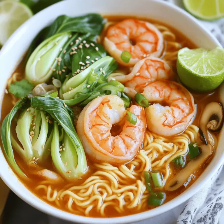 - 200g fresh shrimp, peeled and deveined - 150g ramen noodles - 4 cups vegetable or seafood broth To make a great Spicy Shrimp Ramen Bowl, you need fresh shrimp. The shrimp adds a sweet, briny flavor. Use ramen noodles for a chewy texture. They soak up the broth well. You can pick either vegetable or seafood broth. Both options work great and give depth to the dish. - 2 tablespoons soy sauce - 2 teaspoons sriracha (adjust to taste) - 1 teaspoon sesame oil Flavor is key in this dish. Soy sauce brings a savory kick. Sriracha offers heat and a slight sweetness. You can adjust the sriracha to your taste. A little goes a long way! Sesame oil adds a rich, nutty note. It’s perfect for rounding out the flavors. - 1 cup baby bok choy, halved - 1/2 cup shiitake mushrooms, thinly sliced - 1 green onion, finely sliced (plus extra for garnish) - Sesame seeds, for garnish Fresh vegetables make the bowl colorful and healthy. Baby bok choy adds crunch and a slight bitterness. Shiitake mushrooms lend an earthy flavor. Green onions add brightness and freshness. Don’t forget to sprinkle sesame seeds on top. They add a nice texture and look great! For the full recipe, check the link provided. 1. First, heat 1 teaspoon of sesame oil in a large pot over medium heat. 2. Add 2 cloves of minced garlic and 1 tablespoon of freshly grated ginger. 3. Sauté for about 1 minute until they smell amazing and turn golden. 4. Carefully pour in 4 cups of vegetable or seafood broth. 5. Raise the heat slightly to bring the broth to a gentle simmer. 6. Stir in 2 tablespoons of soy sauce and 2 teaspoons of sriracha. 7. If you want more heat, add 1 teaspoon of chili flakes. 8. Allow the broth to simmer for about 5 minutes to let the flavors mix. 1. While the broth simmers, cook 150g of ramen noodles according to the package instructions. 2. Once cooked, drain the noodles well and set them aside for later. 1. In the simmering broth, add 200g of peeled and deveined shrimp. 2. Cook for about 3-4 minutes until the shrimp turn pink and opaque. 3. Next, add 1/2 cup of thinly sliced shiitake mushrooms and 1 cup of halved baby bok choy. 4. Let them simmer for another 2-3 minutes until the bok choy is soft but still bright green. 5. To serve, place the cooked ramen noodles in two bowls. 6. Pour the flavorful shrimp broth mixture over the noodles. 7. Top with sliced green onions and sesame seeds. 8. Serve with lime wedges so diners can add fresh juice for extra flavor. For the full recipe, please refer to the detailed instructions provided earlier. To get the best shrimp, timing is key. Cook shrimp for about 3 to 4 minutes. They should turn bright pink and be opaque. This shows they are cooked perfectly. Overcooked shrimp can become rubbery. Check them closely as they cook. If they curl too tightly, they are overdone. You can make your ramen as spicy as you like. Start with 2 teaspoons of sriracha. If you want it hotter, add more sriracha or chili flakes. For a milder dish, use less sriracha. You can also skip chili flakes. Tailor the spice to your taste buds. Make your ramen look great by arranging the ingredients nicely. Start with the noodles in the bowl. Then, add the shrimp and vegetables on top. Use vibrant colors like green bok choy and brown mushrooms. This makes the dish pop. Finally, sprinkle sesame seeds and green onions for garnish. A squeeze of lime adds freshness. Serve it all together for a feast for the eyes. For more detailed steps, check the Full Recipe. {{image_4}} If you want to switch up the protein, try using chicken or tofu. Chicken can add a hearty flavor, while tofu offers a great plant-based option. You can cube firm tofu and sauté it until golden. This adds a nice crunch. For seafood lovers, consider shrimp, scallops, or even crab. These options bring different tastes and textures to your bowl. You can choose between homemade and store-bought broth. Homemade broth brings a fresh flavor and allows you to control the ingredients. On the other hand, store-bought broth saves time and still tastes great. If you're feeling adventurous, mix in some coconut milk for a creamy twist. This adds a hint of sweetness that balances the spice well. Adding seasonal vegetables can elevate your ramen. You can include bell peppers, carrots, or snap peas for color and crunch. Leafy greens like spinach or kale are also great options. They cook quickly and add nutrients. Just stir them into the broth a minute before serving for a fresh taste. For the full recipe, check the link provided in the article. To keep your Spicy Shrimp Ramen Bowls fresh, store them in the fridge. Use an airtight container. This helps seal in moisture and flavor. Aim to eat leftovers within three days for the best taste. If you want to freeze them, separate the noodles and broth. Freeze the broth and shrimp together. Store noodles in a separate bag. This helps prevent mushy noodles when reheating. When reheating, do it slowly to keep the shrimp tender. Use a pot over low heat for the broth. This warms it gently and keeps the flavors intact. For noodles, add them to the broth while reheating. Stir them in to ensure they heat evenly. Use a splash of water if needed to loosen the noodles. Avoid using high heat, as this can make the noodles mushy. Enjoy your flavorful meal with great texture! Yes, you can prepare parts ahead. Cook the broth and shrimp, then store them. Keep the noodles separate to avoid sogginess. When ready to serve, reheat the broth and shrimp. Cook the noodles fresh for the best taste. Cooking shrimp takes only 3 to 4 minutes. They should turn pink and opaque. Be careful not to overcook them. Overcooked shrimp can become tough and chewy. If you don’t have ramen, use soba or udon noodles. Both options work well and have different textures. Soba adds a nutty flavor, while udon is thick and chewy. Experiment to see what you like best! Absolutely! This recipe is simple and easy to follow. It uses clear steps and common ingredients. Even if you are new to cooking, you can make this dish with confidence. For detailed instructions, check the Full Recipe. It will guide you through each step to create a delicious bowl of ramen. Enjoy making this meal! In this blog post, we covered how to make delicious Spicy Shrimp Ramen Bowls using fresh shrimp, ramen noodles, and flavorful broth. I shared tips on enhancing taste with soy sauce and sriracha, along with ideas for adding crisp vegetables and garnishes. You learned the best ways to cook shrimp and noodles for perfect texture. Finally, I offered storage tips and answered common questions. Enjoy experimenting with this dish and discover your favorite flavors. Satisfy your cravings with this easy and tasty meal!