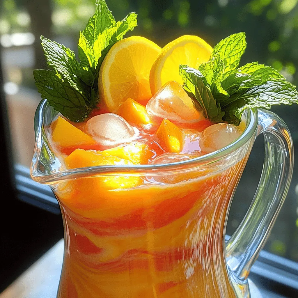 Fresh ingredients make this peach lemonade burst with flavor. Here’s what you need: - 4 ripe peaches, pitted and diced - 1 cup freshly squeezed lemon juice - 1/2 cup honey or agave syrup - 4 cups cold water - Optional garnishes: fresh mint leaves, lemon slices, ice cubes Using ripe peaches ensures a sweet, juicy flavor. I love picking them when they are perfectly soft. Freshly squeezed lemon juice adds the right zest. Honey or agave syrup gives it a touch of sweetness. You can adjust the sweetness based on your taste. Cold water makes it refreshing, especially on hot days. For garnishes, fresh mint leaves not only look great but also add a nice aroma. Lemon slices add a pop of color and extra flavor. Ice cubes keep your lemonade chilled and enjoyable. Using these fresh ingredients will give you a delicious drink perfect for summer. For the full recipe, check out the detailed steps to make this delightful drink. First, you need ripe peaches. Take four ripe peaches and dice them into small pieces. Place the diced peaches in your blender. Add one cup of cold water. Blend the mixture on high until it is smooth and creamy. Next, take a fine mesh sieve and strain the peach puree into a large pitcher. This will help you get the juice out and leave the pulp behind. Use a spatula to press down on the puree. This step ensures you extract all the delicious peach juice. Now, it's time to add flavor! Pour the freshly strained peach juice into the pitcher. Next, add one cup of freshly squeezed lemon juice. This is about four to six lemons. Then, mix in half a cup of honey or agave syrup. Stir well until the sweetener fully dissolves. Finally, pour in the remaining three cups of cold water. Stir gently to combine everything. Take a sip to check the sweetness. If you want it sweeter, add more honey or agave syrup. Once everything is mixed, place the pitcher in the refrigerator. Chill for at least thirty minutes. This helps the flavors come together. When you're ready to serve, fill glasses with ice cubes. Pour the refreshing peach lemonade over the ice. For a pretty touch, garnish each glass with a slice of lemon and a few fresh mint leaves. This will make your drink look even more inviting. Enjoy every sip of this refreshing summer drink! To make your peach lemonade just right, you can customize the sweetness. Use honey or agave syrup to find your perfect balance. Start with half a cup, then taste the lemonade. If you want it sweeter, add more sweetener. Always taste before chilling to ensure you love the flavor. The key to great peach lemonade is ripe, seasonal peaches. Look for peaches that are soft but not mushy. These will give the best flavor. Serve your lemonade right away for the best taste. If you need to store it, keep it in an airtight container in the fridge. A beautiful drink is more fun to enjoy. Use colorful garnishes like lemon slices and fresh mint leaves. They add a nice touch. For an extra cool experience, chill your glasses before pouring in the lemonade. This keeps your drink cold and refreshing longer. {{image_4}} You can mix in other fruits like strawberries or raspberries. These fruits add a new twist to your peach lemonade. I love the bright colors they bring. You can create a mixed berry lemonade twist. Simply blend your choice of berries with the peaches. This mix gives a gorgeous hue and a burst of flavor. You can experiment with herbs like basil or rosemary. Adding fresh herbs can enhance the drink's aroma and taste. Basil provides a sweet, peppery flavor, while rosemary gives a warm touch. You might also try adding ginger or lemon zest for extra zing. Ginger adds a spicy kick, while lemon zest brightens the drink. These small changes make it even more refreshing and fun. If you want a different flavor profile, use maple syrup instead of honey. Maple syrup gives a warm, earthy taste. It pairs well with peaches and lemon. You could also consider using stevia for a sugar-free option. Stevia is a natural sweetener that won’t add calories. It’s a great choice for those watching their sugar intake. For the full recipe, check out the Sun-Kissed Peach Lemonade section. Keep leftover lemonade in an airtight pitcher in the refrigerator. This helps maintain its fresh taste. Consume it within 3-4 days for the best flavor. After that, it may lose its bright taste and aroma. You can freeze leftover lemonade in ice cube trays for later use. This is a great way to save extra lemonade. You can toss these cubes into drinks or use them in smoothies. They add a refreshing twist to any drink and make slushies easy to create. Just blend the frozen lemonade cubes with some fruit for a quick treat. Yes, but ensure they are thawed and drained before blending. Frozen peaches can work well. They are great if fresh ones are not available. Just make sure they are soft enough to blend smoothly. Swap honey for agave syrup or another vegan sweetener. Agave syrup is a wonderful option. It provides sweetness without animal products. You can also use maple syrup or coconut sugar if you prefer. Yes, add more sweetener to balance the tartness of the lemons. If you find it too sour, simply mix in more honey or agave syrup. This way, you can find the perfect taste for your lemonade. Yes, it's best to prepare it a few hours ahead for optimal flavor integration. Making it in advance allows the flavors to meld together. This step will make every sip even more enjoyable! In this blog post, we explored how to make a refreshing peach lemonade. We covered fresh ingredients needed for the best taste. We also provided step-by-step instructions to prepare it perfectly. Tips included how to achieve ideal sweetness and ways to enhance its look. You can try fun variations or store leftovers for later use. Making this tasty drink is easy and rewarding. Enjoy your homemade peach lemonade anytime you crave something sweet and cool!