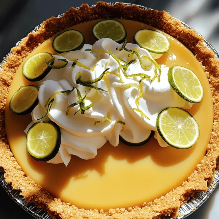 To make a true classic key lime pie, you need these key items: - 1 ½ cups graham cracker crumbs - ½ cup unsweetened coconut flakes - ⅓ cup granulated sugar - ½ cup unsalted butter, melted - 4 large egg yolks - 1 (14 oz) can sweetened condensed milk - ½ cup freshly squeezed key lime juice (approx. 12 key limes) - Zest of 2 key limes - 1 cup heavy whipping cream - 2 tablespoons powdered sugar - Lime slices and extra zest for garnish These ingredients work together to create a sweet, tangy pie that sings of sunshine. You can add some optional ingredients to enhance your pie: - Toasted coconut flakes for extra crunch - A pinch of salt to balance sweetness - Lime zest for a stronger lime flavor These add-ons can make your pie even more delightful. If you're missing an ingredient, here are some easy swaps: - Use regular lime juice instead of key lime juice. It will taste different but still good. - Swap graham cracker crumbs with crushed vanilla wafers for a unique flavor. - Replace heavy cream with whipped topping for a lighter version. These substitutions can help you prepare the pie with what you have. For the exact steps, check out the Full Recipe. First, preheat your oven to 350°F (175°C). This step is key for a great crust. In a medium bowl, mix the graham cracker crumbs, coconut flakes, and granulated sugar. Pour in the melted butter and stir until it feels like moist sand. Next, grab a 9-inch pie pan. Press the crumb mixture into the bottom and up the sides of the pan. Make sure it’s firm and even. Bake this crust for 8-10 minutes until the edges are golden. After baking, let it cool completely. Now, let’s make the filling. In a large bowl, whisk the egg yolks until they are pale yellow. Then, add the sweetened condensed milk, key lime juice, and lime zest. Whisk until everything is smooth. You want to have no lumps here! Carefully pour this lime mixture into your cooled crust. Spread it out evenly. Bake the pie for 15 minutes. The filling should be set but still a bit jiggly in the center. After baking, take it out and let it cool at room temperature. Once it’s cool, put the pie in the fridge for at least 2 hours. This chilling time makes it even tastier! For the full recipe, check out the details above! To get the best texture and flavor in your Key Lime Pie, follow a few simple tips: - Use Fresh Key Limes: Fresh key limes give a bright taste. They also add a nice zing. - Whisk Egg Yolks Well: Whisk the yolks until they are pale. This helps create a smooth filling. - Don’t Overbake: Bake the filling until it is just set. It should still jiggle a bit in the middle. - Chill Properly: Let the pie cool at room temp before refrigerating. This step enhances the flavor. Some mistakes can ruin your pie. Here are a few to watch out for: - Skipping the Zest: The zest adds flavor and aroma. Don’t skip it! - Using Cold Ingredients: Let your ingredients reach room temperature. This helps them mix better. - Overmixing the Filling: Whisk just until combined. Overmixing can create bubbles in the filling. - Not Cooling the Crust: Always cool the crust completely before adding the filling. A warm crust can make the filling runny. Having the right tools makes cooking easier and more fun: - 9-inch Pie Pan: This is the perfect size for your Key Lime Pie. - Mixing Bowls: Use medium and large bowls for mixing your crust and filling. - Electric Mixer: This helps you whip the cream to stiff peaks easily. - Zester or Grater: A good zester is key for getting the lime zest just right. These tips and tools will help you create a perfect Key Lime Pie every time. For the full recipe, check out the [Full Recipe]. {{image_4}} You can change up the crust for your Key Lime Pie. Here are some fun ideas: - Graham Cracker Crust: This is the classic choice. It’s sweet and crunchy. - Oreo Crust: Use crushed Oreos instead of graham crackers for a chocolate twist. - Nut Crust: Ground almonds or pecans add a nice nutty flavor. Mix them with butter and a bit of sugar. - Coconut Crust: Use shredded coconut for a tropical feel. It pairs well with the lime. Want to try something different? Here are some tasty twists: - Mango Key Lime Pie: Add pureed mango to the filling for a fruity kick. - Berry Key Lime Pie: Mix in fresh berries like strawberries or blueberries for color and flavor. - Coconut Key Lime Pie: Stir in coconut milk for a creamier texture and tropical taste. - Chocolate Key Lime Pie: Add melted chocolate to the filling for a rich, sweet layer. Making your pie look great can be fun. Here are some ideas: - Whipped Cream Topping: Spread whipped cream on top. Use a spatula to make swirls. - Garnish with Lime: Add lime slices or zest for a pop of color. - Serve in Mason Jars: For a fun twist, serve individual portions in jars. - Add Fresh Berries: Place berries around the pie for extra flair. For the full recipe, check out the Zesty Classic Key Lime Pie . To keep your key lime pie fresh, cover it tightly with plastic wrap or aluminum foil. This prevents the pie from absorbing fridge odors. Store it in the fridge for up to three days. Make sure to slice the pie before storing to make it easier to serve later. You can freeze key lime pie if you want to save some for later. First, let the pie cool completely after baking. Wrap the pie tightly in plastic wrap and then in aluminum foil. This double wrapping helps prevent freezer burn. You can freeze it for up to three months. Just remember to label it with the date. To enjoy your frozen key lime pie, move it from the freezer to the fridge. Let it thaw overnight. If you're in a hurry, you can leave it at room temperature for about two hours. Do not microwave it, as this can change the texture. Once thawed, you can add fresh whipped cream or lime zest for extra flavor before serving. Yes, you can use regular limes. Key limes are smaller and more fragrant. They have a tart flavor that makes the pie special. If you use regular limes, the pie will taste a bit different but still good. You might want to adjust the sugar to balance the flavor. You can keep key lime pie in the fridge for up to three days. Cover it well to prevent it from drying out. If the pie has whipped cream on top, eat it within two days. The cream can lose its texture after that. You can use coconut cream or a dairy-free option. If you need a lighter option, try using yogurt. For a richer flavor, you can also use mascarpone cheese. Each choice will change the taste and texture a bit, but they all work well in this recipe. Check the [Full Recipe] for more details. In this post, we explored the key ingredients for classic Key Lime Pie, from crust to filling. I shared step-by-step instructions for baking. We discussed tips to avoid common mistakes and explored variations for flavor and presentation. Additionally, we covered how to store and reheat leftovers effectively. Key Lime Pie is simple to make and delightful to share. Enjoy creating your version and savor each bite. When you follow these tips, your pie will shine!