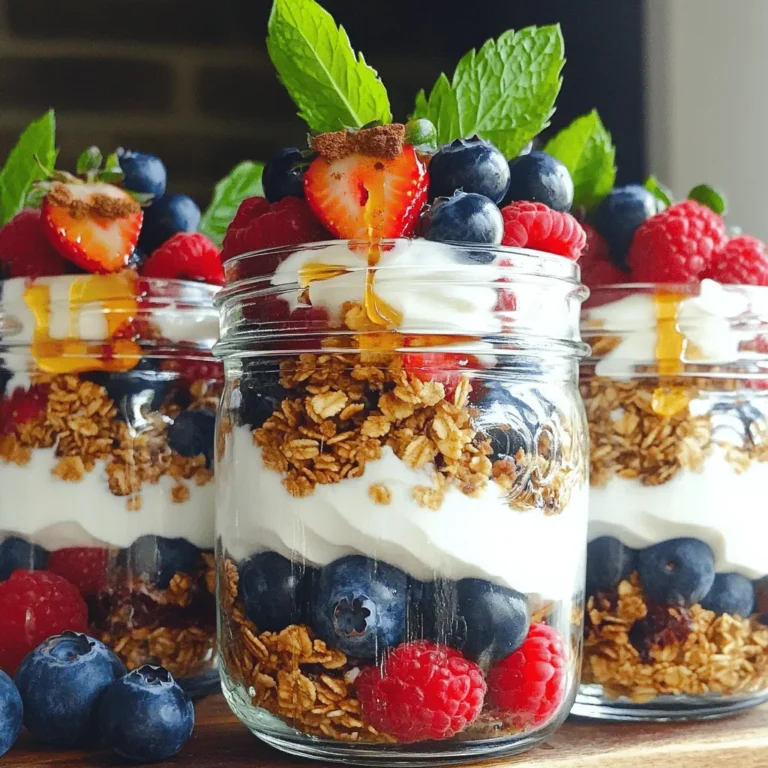 - 2 cups Greek yogurt (plain or flavored) - 1 cup granola (your favorite flavor) - 1 cup mixed berries (strawberries, blueberries, raspberries, or a mix) - 2 tablespoons honey or maple syrup (for sweetness) - A sprinkle of cinnamon (for warmth) - Fresh mint leaves (for garnish) Greek yogurt parfait jars are fun and easy to make. You can choose between plain or flavored Greek yogurt. I love plain yogurt for its creamy texture. Granola adds crunch, so pick a flavor you enjoy. Mixed berries bring sweetness and color. You can use strawberries, blueberries, raspberries, or a mix. If you like your parfait sweet, add honey or maple syrup. A sprinkle of cinnamon can add a warm flavor. Fresh mint leaves make a lovely garnish that also adds freshness. You can find all the details in the Full Recipe. Enjoy making your parfaits! To make Greek yogurt parfait jars, start with the fruits. Wash your mixed berries under cold water. If you choose strawberries, slice them into small pieces. This way, they fit nicely in the jars. Next, grab your jars for assembly. I like to use clear glass jars. They show off the layers well. Make sure they are clean and dry before you start. Now, let’s build our parfait. Start with the first layer: Greek yogurt. Use about 1/4 cup for each jar. This creamy layer makes a great base. For the second layer, add granola. Use around 2-3 tablespoons. Press it down gently. This adds a nice crunch to your parfait. Then, for the third layer, add mixed berries. Aim for 1/3 cup in each jar. Spread them out for a colorful look. You can mix different types for extra flavor. If you want a bit of sweetness, add optional sweeteners. A drizzle of honey or maple syrup works well. Just use 1/2 tablespoon per jar. It enhances the taste without overpowering it. For a pretty finish, garnish with mint leaves. Just a few on top will do. They add a fresh touch and make your parfait look fancy. Once done, seal the jars and refrigerate for at least 30 minutes. This waiting time helps the flavors blend. You can find the [Full Recipe] for more details. To make the best parfaits, layering is key. Start with yogurt at the bottom. Add granola next, then berries. Repeat these layers until your jar is full. This adds flavor and makes it pretty. When choosing a jar, go for a size that suits your meal. Small jars work for snacks, while larger ones fit breakfast. Clear jars show off the layers nicely. Mix flavors to keep it exciting. Try different yogurt flavors like vanilla or coconut. Use various berries or add chopped nuts for crunch. You can also swap granola for oats for a twist. Enjoy your parfaits at any time. They’re perfect for breakfast or a midday snack. Serve them cold for a refreshing treat. Pair parfaits with smoothies for a filling breakfast. They also go well with coffee or tea. Add a side of toast or fruit for a complete meal. {{image_4}} You can change up the fruit in your parfaits. Seasonal fruit combinations add color and taste. In summer, try peaches and cherries. In fall, apples and pears work well. These fruits keep your parfait fresh and fun. If you want alternatives to mixed berries, consider bananas or mangoes. Both add sweetness and creaminess. You can also mix in some citrus for a zesty twist. Try adding orange segments or grapefruit for a bright flavor. Granola can change the whole vibe of your parfait. You can use homemade or store-bought granola. Homemade granola lets you control the flavors and crunch. Store-bought granola is quick and easy. Different granola types have unique flavor profiles. For example, honey granola tastes sweet and rich. Chocolate granola adds a treat-like feel. Nutty granola brings a hearty crunch. Choose the one that excites your taste buds the most. If you want a dairy-free option, plant-based yogurt works great. Almond, coconut, or soy yogurt can all be used. They add a creamy texture without dairy. You can also find non-dairy granola options. Look for granolas that use oats, nuts, and seeds. These are often gluten-free as well. You can enjoy a delicious parfait without any dairy! For a full recipe and more tips, check out the Greek Yogurt Parfait Jars recipe. To keep your Greek yogurt parfait jars fresh, follow these tips: - Store parfaits in airtight containers. This helps keep them moist and tasty. - Use glass jars or plastic containers with lids. They work well for storage. - Keep parfaits in the fridge. This ensures they stay cool and safe to eat. How long do parfaits last in the fridge? Well, they stay good for about 3 to 5 days. Watch for signs of spoilage, like: - An off smell that’s different from fresh yogurt. - A change in color or texture. If it looks strange, it’s best to toss it. - Mold or any fuzzy spots on the surface. Stay safe and enjoy your parfaits while they are fresh! How do I make Greek yogurt parfaits dairy-free? You can swap Greek yogurt for a dairy-free yogurt. Look for almond, coconut, or soy yogurt. These options work well and still taste great. You may need to adjust the sweetness, too. Can I prepare parfaits in advance? Yes, you can make parfaits ahead of time. Just layer your ingredients in jars and store them in the fridge. They stay fresh for about two days. This is great for busy mornings. How can I customize my parfait for dietary needs? You can change the fruit, yogurt, and sweeteners based on your needs. For low sugar, skip sweeteners. If you need gluten-free, choose gluten-free granola. There are many ways to make it your own. What is the best layering technique for visuals? Start with yogurt at the bottom, then add granola and berries. Repeat the layers. Make sure to end with berries on top for a colorful look. This makes your parfait more appealing. How do I prevent granola from getting soggy? To keep granola crunchy, layer it between yogurt and fruit. Avoid letting it sit in yogurt for too long. You can also serve granola on the side for an added crunch. You now have all the tools to make delicious Greek yogurt parfaits. Start with quality ingredients like Greek yogurt, granola, and mixed berries. Follow the steps to layer them perfectly. Remember to add optional sweeteners and garnishes for extra flavor. Explore variations to keep it exciting, and store your parfaits properly to enjoy them later. These simple yet tasty treats make for great snacks or breakfasts. Dive in and enjoy creating your own parfaits!