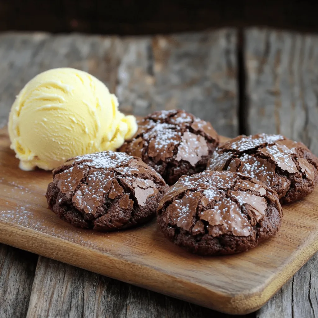 To make fudgy brownie cookies, you need these key ingredients: - 1 cup dark chocolate chips - 1/2 cup unsalted butter, cut into cubes - 1 cup granulated sugar - 2 large eggs - 1 teaspoon pure vanilla extract - 1/2 cup all-purpose flour - 1/4 cup unsweetened cocoa powder - 1/4 teaspoon baking powder - 1/4 teaspoon fine salt For extra flavor and texture, consider these optional add-ins: - Chocolate chunks - Chopped nuts Measuring your ingredients correctly is very important for baking. - Weighing ingredients: Use a kitchen scale for accuracy. This helps you get the right amount every time. - Using the correct measuring cups: Use dry measuring cups for flour and cocoa, and liquid measuring cups for wet ingredients. This makes sure your cookies turn out just right. For the full recipe, check the cooking instructions above. First, preheat your oven to 350°F (175°C). This step warms the oven and helps the cookies bake evenly. Next, line a baking sheet with parchment paper. This keeps your cookies from sticking and makes cleanup easy. Now it’s time to mix. In a microwave-safe bowl, combine 1 cup of dark chocolate chips and 1/2 cup of unsalted butter, cut into cubes. Heat this mixture in the microwave in 30-second bursts. Stir between each burst until it’s smooth. Let it cool a bit. In another bowl, whisk together 1 cup of granulated sugar, 2 large eggs, and 1 teaspoon of pure vanilla extract. You want this mix to be creamy and well combined. Pour the melted chocolate mixture into the sugar and egg mix. Stir it continuously until everything is blended well. In a third bowl, sift together 1/2 cup of all-purpose flour, 1/4 cup of unsweetened cocoa powder, 1/4 teaspoon of baking powder, and 1/4 teaspoon of fine salt. Slowly add this dry mix to your wet ingredients. Fold gently with a spatula until just combined. Be careful not to overmix! If you want some extra texture, gently fold in 1/2 cup of chocolate chunks or chopped nuts. Using a cookie scoop or a tablespoon, drop rounded balls of dough onto your lined baking sheet. Make sure they are about 2 inches apart. This space helps them bake evenly. Place the baking sheet in your preheated oven. Bake for 10 to 12 minutes. The edges should be set while the centers remain soft. This gives you that fudgy texture. After baking, let the cookies sit on the baking sheet for 5 minutes. Then, transfer them to a wire rack to cool completely. For the full recipe, check out the details above! To get that perfect fudgy texture in your brownie cookies, underbaking is key. Bake them until the edges set but the middle stays soft. This gives you that rich, gooey center. I recommend checking them at 10 minutes. The cookies will continue to cook as they cool, so take them out early. After baking, let them cool on the sheet for about five minutes. This helps them firm up while keeping that soft center. You can easily boost the flavor by adding extracts or spices. A dash of espresso powder deepens the chocolate notes. You can also try adding a hint of almond extract for a twist. Always use high-quality chocolate. It makes a big difference in taste. Look for chocolate that has at least 60% cocoa for rich flavor. You can even mix in or top with a few chocolate chunks for extra richness. Before you bake, pay attention to the appearance of the cookie dough. It should look shiny and slightly thick. This means you mixed it well without overdoing it. Texture also plays a big role in cookie recipes. For fudgy brownie cookies, you want a soft, chewy texture. If your dough feels too dry, it may need a bit more melted butter or chocolate. This will ensure your cookies come out soft and delicious. {{image_4}} You can change the taste of your fudgy brownie cookies easily. Here are two fun ideas: - Mint chocolate brownie cookies: Add 1/2 teaspoon of mint extract to the dough. This gives a fresh flavor that pairs well with chocolate. You can also mix in some mint chocolate chips for a burst of minty goodness. - Peanut butter fudge cookies: Stir in 1/2 cup of creamy peanut butter into the melted chocolate mixture. This makes the cookies rich and adds a nice nutty taste. You can also top them with a few peanut butter chips for extra flavor. You can enjoy these cookies no matter your diet. Here are some options: - Gluten-free options: Swap the all-purpose flour with a gluten-free flour blend. This will keep the texture while making the cookies safe for anyone avoiding gluten. - Vegan adaptations: Replace the eggs with flax eggs. Mix 1 tablespoon of ground flaxseed with 2.5 tablespoons of water for each egg. Use vegan butter instead of regular butter to make these cookies plant-based. Make your cookies look as great as they taste: - Decorating with icing or chocolate drizzle: After cooling, drizzle melted chocolate over the cookies. You can also use colored icing to make them festive for special occasions. - Serving suggestions with ice cream: Serve these cookies warm with a scoop of vanilla ice cream. The warm cookie and cold ice cream create a delicious contrast. It’s a simple way to elevate your dessert. Remember, you can find the full recipe above to make these variations your own! To keep your fudgy brownie cookies fresh, use an air-tight container. This helps to lock in moisture and flavor. You can store cookies at room temperature for up to a week. If you need them to last longer, consider refrigeration. However, keep in mind that cold storage may change their soft texture. Freezing brownie cookies is simple. First, let them cool completely after baking. Next, place the cookies in a single layer on a baking sheet. Freeze them for about one hour. Once frozen, transfer them to a freezer-safe bag or container. Make sure to remove as much air as possible. To enjoy later, thaw the cookies at room temperature for about 30 minutes. For the best texture, you can warm them slightly in the oven. These cookies stay fresh for about one week at room temperature. If you freeze them, they can last up to three months. Keep an eye out for signs of spoilage. If your cookies become hard, dry, or develop an off smell, it’s best to toss them. Always remember, fresh is best for that fudgy delight! For the full recipe, check out the complete guide. To keep your fudgy brownie cookies soft, follow these key tips: - Underbake slightly: Remove them when the edges are set but the centers look a bit wet. - Use quality chocolate: Dark chocolate chips give a rich taste and help keep the cookies moist. - Don’t overmix: Mix just enough to combine. Overmixing can make them tough. - Cool properly: Let them cool on the baking sheet for a few minutes. This helps them retain moisture. These steps will help you get that perfect fudgy cookie every time! Yes, you can make these cookies ahead of time! Here’s how: - Dough prep: You can prepare the dough a day in advance. Store it in the fridge. - Baking later: Just scoop the dough onto the baking sheet when you’re ready to bake. - Freezing: You can also freeze the dough. Scoop portions onto a baking sheet, freeze until firm, then transfer to a bag. Bake straight from the freezer, adding a minute or two to the time. Making them ahead saves time and ensures fresh cookies when you want them! If your cookies spread too much, consider these common causes and solutions: - Too much butter: Ensure you measure your butter correctly. Too much can lead to spreading. - Warm dough: If your dough is too warm, chill it for 30 minutes before baking. - Baking powder: Too much baking powder may cause excessive spreading. Stick to the recipe amount. These tips will help you achieve the perfect shape for your cookies. Absolutely! You can explore various chocolate options: - Milk chocolate: It will make the cookies sweeter and creamier. - White chocolate: This adds a unique flavor and sweetness. - Bittersweet chocolate: It can enhance the richness of the cookies. Feel free to experiment with your favorite chocolate for a tasty twist! If you want the full recipe, check it out above. You now have all the tools to bake the perfect fudgy brownie cookies. We covered essential ingredients, prep steps, and ways to enhance flavor. You learned how to store cookies and explore fun variations. Remember, measuring your ingredients correctly and underbaking are key for that soft texture. Don't hesitate to experiment with different flavors or add-ins. Enjoy your baking adventure!