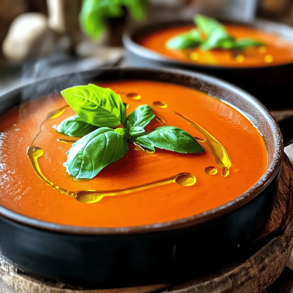 - 4 large red bell peppers - 1 medium onion - 3 cloves garlic - 2 cups vegetable broth - 1 cup heavy cream (or coconut cream) - 1 tablespoon olive oil - 1 teaspoon smoked paprika - Salt and black pepper - Fresh basil leaves You can replace heavy cream with coconut cream. This gives a rich, creamy flavor. If you want a different taste, try using herbs like thyme or oregano instead of smoked paprika. When choosing bell peppers, look for ones that are bright and firm. Avoid any with soft spots. Fresh peppers taste better and have more nutrients. For broth, pick a brand that has no added sugars or preservatives. This ensures a clean, rich taste in your soup. Preheating the oven Start by preheating your oven to 400°F (200°C). This step is key for roasting. A hot oven helps the peppers become tender and sweet. Roasting the red bell peppers Next, slice the red bell peppers in half and remove the seeds. Place them cut side down on a baking sheet. Drizzle a little olive oil on top. This oil adds flavor and helps them roast better. Roast the peppers for about 25-30 minutes. Look for blistered skins and soft peppers. Sautéing onions and garlic While the peppers roast, grab a large pot. Heat some olive oil over medium heat. Once hot, add the chopped onion. Sauté until the onion turns translucent, about 5-7 minutes. Stir often to prevent burning. Then, add minced garlic and smoked paprika. Cook for 1-2 more minutes until fragrant. Combining ingredients and simmering After the peppers are done roasting, let them cool for a few minutes. Peel off the blistered skins and chop the peppers into smaller pieces. Add these pieces to the pot with onions and garlic. Pour in the vegetable broth and stir well. Bring the mixture to a simmer and cook for 10 minutes. This lets all the flavors blend nicely. Using an immersion blender vs. standard blender For a smooth soup, use an immersion blender directly in the pot. This method is quick and easy. If you don’t have one, carefully transfer the soup to a standard blender in batches. Blend until smooth. Adding cream and seasoning to taste Once the soup is blended, return it to the pot if needed. Stir in the heavy cream. This adds richness and creaminess to your soup. Season with salt and black pepper to taste. Heat gently over low heat until warm. Avoid boiling, as this can change the texture. For the full recipe, check the earlier section. Enjoy your creamy roasted red pepper soup with a garnish of fresh basil! To boost the taste of your creamy roasted red pepper soup, add spices like cumin or cayenne. These spices add warmth and depth. You can also try fresh herbs like thyme or oregano for a fresh twist. Always taste as you go. This helps you find the right balance. You can prepare your soup a day ahead. Just let it cool and store it in the fridge. For freezing, pour the cooled soup into airtight containers. Leave some space at the top for expansion. This soup keeps well for up to three months. When you're ready to eat, thaw it overnight in the fridge. For a lovely presentation, serve the soup in bright bowls. Drizzle a bit of cream on top for a swirl effect. Add fresh basil leaves for color and flavor. You can also serve it with crusty bread for a nice crunch. This makes your meal feel special and inviting. {{image_4}} To make a vegan version of creamy roasted red pepper soup, you can easily swap heavy cream. Use coconut cream instead. It gives a nice creamy texture without dairy. You can also add plant-based ingredients like cashews or silken tofu. Both will enhance richness and add protein. If you love heat, add chili or red pepper flakes. Start with a small amount and adjust to your taste. You can also mix in different peppers, like jalapeños or serranos, for a unique kick. This will give your soup a fun and fiery twist. Adding quinoa to your soup is a great idea. Quinoa gives it a nice texture and makes the dish heartier. To do this, cook the quinoa separately and stir it in before serving. Quinoa is also packed with nutrients, making your meal more balanced. It's a win-win for flavor and health. For the full recipe, check out the link above. To keep your creamy roasted red pepper soup fresh, store leftovers in airtight containers. This helps prevent the soup from absorbing other flavors in your fridge. When you want to reheat, pour the soup into a pot. Heat it over low to medium heat until warm. Stir often to ensure even heating. If you want to save some soup for later, freezing is a great option. First, let the soup cool completely. Then, pour it into freezer-safe containers. Leave some space at the top, as soup expands when frozen. To thaw, place the container in the fridge overnight. When ready to eat, reheat it on the stovetop or microwave until hot. In the fridge, your soup will last about 3-5 days. If you freeze it, it can last for up to 3 months. For best taste, eat it sooner rather than later. Always check for any off smells or changes in color before enjoying your soup. Yes, you can use jarred roasted red peppers. They save time and are easy to find. However, fresh roasted peppers have a deeper flavor. Jarred peppers may be softer and can alter the soup's texture. If you choose jarred, drain them well before use. To add spice, consider these options: - Add red pepper flakes during cooking. - Stir in diced jalapeños for heat. - Use a spicy broth instead of vegetable broth. Start with a small amount, and taste as you go. Absolutely! You can mix or replace the red bell peppers with: - Yellow or orange bell peppers for sweetness. - Poblano peppers for a smoky flavor. - Green bell peppers for a sharper taste. Each pepper gives a unique twist to the soup. To keep this soup gluten-free, use a gluten-free vegetable broth. Check all ingredients, especially spices and cream. Most heavy cream and coconut cream are naturally gluten-free, but always read labels to be sure. Yes, you can use a slow cooker. Roast the peppers first, then add them to the pot with other ingredients. Cook on low for 6-8 hours or on high for 3-4 hours. Blend well before serving for a creamy texture. This soup pairs nicely with: - Crusty bread for dipping. - A fresh green salad for crunch. - Grilled cheese sandwiches for comfort. These sides create a complete, satisfying meal. Check the Full Recipe for more serving ideas. In this blog post, we explored how to make creamy roasted red pepper soup. We covered the essential ingredients, tips for selecting the best produce, and step-by-step cooking instructions. Variations like vegan options and how to add spice were also discussed. Finally, remember that making this soup is about your flavor preferences. Use fresh ingredients and enjoy the process. A warm bowl of this soup is a comforting dish you can customize.