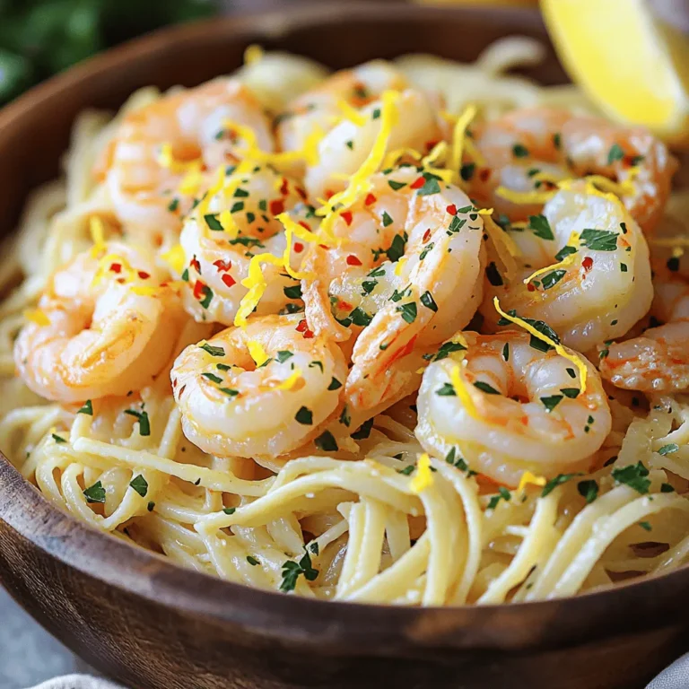 - 1 pound large shrimp, peeled and deveined - 8 ounces linguine or spaghetti - 4 tablespoons unsalted butter, divided - 4 cloves garlic, finely minced - 1 teaspoon red pepper flakes - 1 lemon, zested and juiced - 1/4 cup fresh parsley, roughly chopped - Salt and black pepper - 1/2 cup chicken or vegetable broth - Grated Parmesan cheese (optional) For this easy shrimp scampi, use large shrimp for the best flavor and texture. The pasta, either linguine or spaghetti, serves as a hearty base. You can adjust the red pepper flakes based on your heat preference. Fresh garlic and lemon give the dish a bright zing. A touch of broth adds depth to the sauce, while parsley brings freshness. Don't forget the optional Parmesan cheese to elevate the dish! With these ingredients, you can create a simple yet delightful meal. You may already have some of these at home. Check your pantry and fridge before you shop! This recipe provides a balanced mix of flavors. You’ll love how the butter and garlic enhance the shrimp. For the full experience, follow the Full Recipe. Enjoy cooking! - Bring a large pot of salted water to a boil. - Add 8 ounces of linguine or spaghetti. - Cook according to package instructions until al dente. - Drain the pasta but save 1/2 cup of starchy water. Cooking pasta is simple but key to this dish. The right texture makes all the difference. Al dente pasta holds its shape and absorbs sauce well. The starchy water is like magic for the sauce, helping it stick. - While the pasta cooks, prepare 1 pound of large shrimp. - Peel and devein them, then season with salt, black pepper, and red pepper flakes. - Melt 2 tablespoons of butter in a large skillet over medium heat. - Cook the shrimp for 2-3 minutes until they turn pink and opaque. Shrimp cook fast, so keep an eye on them. You want them tender, not rubbery. Once cooked, take them out and set them aside. This keeps them from overcooking while you make the sauce. - In the same skillet, add 2 more tablespoons of butter. - Sauté 4 cloves of minced garlic for 1-2 minutes until fragrant. - Add 1/2 cup of chicken or vegetable broth. - Squeeze in the juice of 1 lemon and add the zest. Garlic adds a wonderful flavor, but don’t let it burn. It can turn bitter quickly. The broth and lemon juice create a bright, tasty sauce that pairs well with the shrimp. - Return the shrimp to the skillet. - Add the cooked pasta and 1/4 cup of chopped parsley. - Toss everything together, adding reserved pasta water as needed. This step is crucial. Tossing helps the sauce coat every piece of pasta and shrimp. If the sauce is too thick, add a bit of your reserved water. This keeps the dish light and fresh. - Taste the dish and adjust seasoning with salt and pepper if needed. - Serve the shrimp scampi hot. - Garnish with extra parsley and lemon wedges. Serving it hot makes the flavors pop. The garnish adds color and a fresh touch. A sprinkle of grated Parmesan cheese can also enhance the dish. For the full recipe, check out the link above! To avoid overcooking shrimp, watch their color closely. When they turn pink and opaque, they are done. This usually takes about 2-3 minutes. If you cook them too long, they can become rubbery. Adjusting spices for heat preference is easy. If you like it spicy, add more red pepper flakes. If you prefer milder flavors, use less or leave them out. Always taste as you go! Serving in a pasta bowl makes the dish look inviting. It also allows guests to mix their food easily. A large bowl adds a touch of elegance. For garnishing, consider fresh parsley and lemon wedges. This adds color and freshness to the dish. A sprinkle of extra parsley right before serving brightens it up! Adding a splash of white wine can boost the flavor. It adds depth and richness to the sauce. More garlic also enhances the taste, making it even more aromatic. Strategies to customize the dish include adding vegetables. Spinach or cherry tomatoes can add color and nutrition. You can also swap shrimp for chicken or tofu for a new twist. For the full recipe, check out the details in the main article. {{image_4}} You can change up the pasta in shrimp scampi. If you need a gluten-free option, try rice noodles or gluten-free pasta. These work well and still taste great. You can also use different kinds of noodles. Fettuccine or even zucchini noodles bring a new twist to the dish. Not a fan of shrimp? You can use chicken, scallops, or even tofu. Each option offers a unique flavor. For herbs, swap parsley for basil or cilantro. You can also change spices. If you like it spicier, add cayenne pepper instead of red pepper flakes. To make this dish keto-friendly, use zucchini noodles instead of pasta. You can also reduce the butter and add olive oil for a healthier fat. If you need dairy-free options, skip the cheese or use a dairy-free substitute. These tweaks keep the dish delicious while fitting your diet. Feel free to explore these variations to find what you love best! For the full recipe, check out the details above. To keep your shrimp scampi fresh, store leftovers in an airtight container. Make sure to cool the dish to room temperature before sealing. This helps prevent moisture build-up. You can store it in the fridge for up to three days. If you want to enjoy it later, consider freezing it. However, shrimp can lose some texture when frozen. To reheat your shrimp scampi, the best method is using the stovetop. Place the dish in a skillet over medium heat. Add a splash of chicken broth or water to keep it moist. Stir occasionally until heated through. You can also use the microwave, but be careful not to overcook the shrimp. Heat in short intervals, checking frequently. For freshness, adding a little lemon juice before serving can brighten the flavors. You can tell shrimp are cooked when they turn pink and opaque. The flesh should curl into a "C" shape. If they are still gray, they need more time. Perfectly cooked shrimp feel firm to the touch but not rubbery. Overcooked shrimp can become tough, so keep an eye on them while they cook. Yes, you can make shrimp scampi in advance. To do this, cook the shrimp and sauce, then cool them down. Store them in an airtight container in the fridge. When you're ready to eat, just reheat the mixture in a skillet. Add the cooked pasta and some reserved pasta water to refresh the dish. This way, you save time on busy nights. Shrimp scampi pairs well with many side dishes. Here are some ideas: - Garlic bread for a crunchy texture - A fresh green salad for a light touch - Steamed vegetables like broccoli or asparagus - White rice or risotto to soak up the sauce These sides balance the rich flavors of the shrimp. Yes, frozen shrimp work great for this dish. Just make sure to thaw them first. You can do this by placing them in the fridge overnight or running them under cold water for a quick thaw. Use the shrimp as you would fresh ones. Just adjust the cooking time, as frozen shrimp may take a minute longer to cook. This blog post guides you through making a tasty shrimp scampi. You learned about each ingredient and step, from cooking pasta to making the sauce. Cooking shrimp perfectly is vital, and I shared tips to avoid overcooking. Don’t forget the variations to suit your taste and dietary needs. Remember, leftovers can last a few days, and reheating them well keeps them delicious. Enjoy your shrimp scampi creation, and impress your family and friends with this dish!