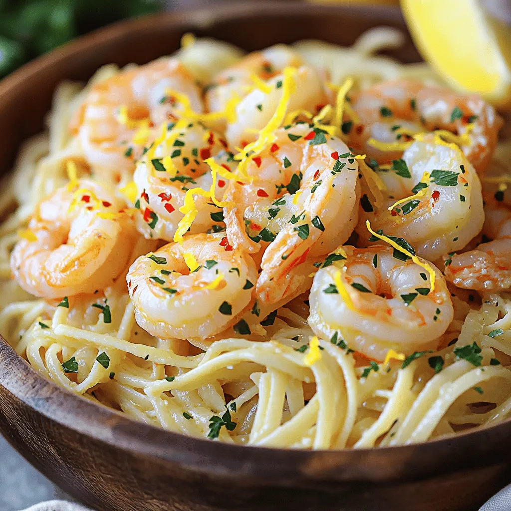 - 1 pound large shrimp, peeled and deveined - 8 ounces linguine or spaghetti - 4 tablespoons unsalted butter, divided - 4 cloves garlic, finely minced - 1 teaspoon red pepper flakes - 1 lemon, zested and juiced - 1/4 cup fresh parsley, roughly chopped - Salt and black pepper - 1/2 cup chicken or vegetable broth - Grated Parmesan cheese (optional) For this easy shrimp scampi, use large shrimp for the best flavor and texture. The pasta, either linguine or spaghetti, serves as a hearty base. You can adjust the red pepper flakes based on your heat preference. Fresh garlic and lemon give the dish a bright zing. A touch of broth adds depth to the sauce, while parsley brings freshness. Don't forget the optional Parmesan cheese to elevate the dish! With these ingredients, you can create a simple yet delightful meal. You may already have some of these at home. Check your pantry and fridge before you shop! This recipe provides a balanced mix of flavors. You’ll love how the butter and garlic enhance the shrimp. For the full experience, follow the Full Recipe. Enjoy cooking! - Bring a large pot of salted water to a boil. - Add 8 ounces of linguine or spaghetti. - Cook according to package instructions until al dente. - Drain the pasta but save 1/2 cup of starchy water. Cooking pasta is simple but key to this dish. The right texture makes all the difference. Al dente pasta holds its shape and absorbs sauce well. The starchy water is like magic for the sauce, helping it stick. - While the pasta cooks, prepare 1 pound of large shrimp. - Peel and devein them, then season with salt, black pepper, and red pepper flakes. - Melt 2 tablespoons of butter in a large skillet over medium heat. - Cook the shrimp for 2-3 minutes until they turn pink and opaque. Shrimp cook fast, so keep an eye on them. You want them tender, not rubbery. Once cooked, take them out and set them aside. This keeps them from overcooking while you make the sauce. - In the same skillet, add 2 more tablespoons of butter. - Sauté 4 cloves of minced garlic for 1-2 minutes until fragrant. - Add 1/2 cup of chicken or vegetable broth. - Squeeze in the juice of 1 lemon and add the zest. Garlic adds a wonderful flavor, but don’t let it burn. It can turn bitter quickly. The broth and lemon juice create a bright, tasty sauce that pairs well with the shrimp. - Return the shrimp to the skillet. - Add the cooked pasta and 1/4 cup of chopped parsley. - Toss everything together, adding reserved pasta water as needed. This step is crucial. Tossing helps the sauce coat every piece of pasta and shrimp. If the sauce is too thick, add a bit of your reserved water. This keeps the dish light and fresh. - Taste the dish and adjust seasoning with salt and pepper if needed. - Serve the shrimp scampi hot. - Garnish with extra parsley and lemon wedges. Serving it hot makes the flavors pop. The garnish adds color and a fresh touch. A sprinkle of grated Parmesan cheese can also enhance the dish. For the full recipe, check out the link above! To avoid overcooking shrimp, watch their color closely. When they turn pink and opaque, they are done. This usually takes about 2-3 minutes. If you cook them too long, they can become rubbery. Adjusting spices for heat preference is easy. If you like it spicy, add more red pepper flakes. If you prefer milder flavors, use less or leave them out. Always taste as you go! Serving in a pasta bowl makes the dish look inviting. It also allows guests to mix their food easily. A large bowl adds a touch of elegance. For garnishing, consider fresh parsley and lemon wedges. This adds color and freshness to the dish. A sprinkle of extra parsley right before serving brightens it up! Adding a splash of white wine can boost the flavor. It adds depth and richness to the sauce. More garlic also enhances the taste, making it even more aromatic. Strategies to customize the dish include adding vegetables. Spinach or cherry tomatoes can add color and nutrition. You can also swap shrimp for chicken or tofu for a new twist. For the full recipe, check out the details in the main article. {{image_4}} You can change up the pasta in shrimp scampi. If you need a gluten-free option, try rice noodles or gluten-free pasta. These work well and still taste great. You can also use different kinds of noodles. Fettuccine or even zucchini noodles bring a new twist to the dish. Not a fan of shrimp? You can use chicken, scallops, or even tofu. Each option offers a unique flavor. For herbs, swap parsley for basil or cilantro. You can also change spices. If you like it spicier, add cayenne pepper instead of red pepper flakes. To make this dish keto-friendly, use zucchini noodles instead of pasta. You can also reduce the butter and add olive oil for a healthier fat. If you need dairy-free options, skip the cheese or use a dairy-free substitute. These tweaks keep the dish delicious while fitting your diet. Feel free to explore these variations to find what you love best! For the full recipe, check out the details above. To keep your shrimp scampi fresh, store leftovers in an airtight container. Make sure to cool the dish to room temperature before sealing. This helps prevent moisture build-up. You can store it in the fridge for up to three days. If you want to enjoy it later, consider freezing it. However, shrimp can lose some texture when frozen. To reheat your shrimp scampi, the best method is using the stovetop. Place the dish in a skillet over medium heat. Add a splash of chicken broth or water to keep it moist. Stir occasionally until heated through. You can also use the microwave, but be careful not to overcook the shrimp. Heat in short intervals, checking frequently. For freshness, adding a little lemon juice before serving can brighten the flavors. You can tell shrimp are cooked when they turn pink and opaque. The flesh should curl into a "C" shape. If they are still gray, they need more time. Perfectly cooked shrimp feel firm to the touch but not rubbery. Overcooked shrimp can become tough, so keep an eye on them while they cook. Yes, you can make shrimp scampi in advance. To do this, cook the shrimp and sauce, then cool them down. Store them in an airtight container in the fridge. When you're ready to eat, just reheat the mixture in a skillet. Add the cooked pasta and some reserved pasta water to refresh the dish. This way, you save time on busy nights. Shrimp scampi pairs well with many side dishes. Here are some ideas: - Garlic bread for a crunchy texture - A fresh green salad for a light touch - Steamed vegetables like broccoli or asparagus - White rice or risotto to soak up the sauce These sides balance the rich flavors of the shrimp. Yes, frozen shrimp work great for this dish. Just make sure to thaw them first. You can do this by placing them in the fridge overnight or running them under cold water for a quick thaw. Use the shrimp as you would fresh ones. Just adjust the cooking time, as frozen shrimp may take a minute longer to cook. This blog post guides you through making a tasty shrimp scampi. You learned about each ingredient and step, from cooking pasta to making the sauce. Cooking shrimp perfectly is vital, and I shared tips to avoid overcooking. Don’t forget the variations to suit your taste and dietary needs. Remember, leftovers can last a few days, and reheating them well keeps them delicious. Enjoy your shrimp scampi creation, and impress your family and friends with this dish!