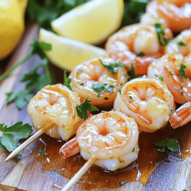 To make honey garlic shrimp skewers, you need: - 1 pound large shrimp, peeled and deveined - Skewers (soaked in water if using wooden ones) These shrimp are the star of your dish. Choose fresh, large shrimp for the best flavor and texture. The marinade brings out the shrimp's taste. Gather these: - 1/4 cup honey - 3 cloves garlic, minced - 2 tablespoons soy sauce - 1 tablespoon fresh lemon juice - 1 tablespoon olive oil - 1 teaspoon crushed red pepper flakes (adjust according to your heat preference) - Salt and pepper to taste Mixing these ingredients creates a sweet and savory blend. The garlic gives it a nice kick. For a beautiful finish, you will need: - Lemon wedges - Fresh parsley These add color and freshness. The lemon brightens the dish, while parsley adds a nice touch. For the full recipe, check the section above. To make the marinade, grab a large mixing bowl. Add 1/4 cup of honey, 3 cloves of minced garlic, 2 tablespoons of soy sauce, 1 tablespoon of fresh lemon juice, and 1 tablespoon of olive oil. Mix in 1 teaspoon of crushed red pepper flakes, along with salt and pepper to taste. Whisk all the ingredients together until smooth. This mixture gives your shrimp a sweet and savory flavor that you will love. Next, you need to marinate the shrimp. Take 1 pound of peeled and deveined shrimp and place them in the bowl with the marinade. Make sure each shrimp gets a good coat of the mix. Cover the bowl with plastic wrap and put it in the fridge. Let the shrimp marinate for at least 30 minutes. This step lets the shrimp soak up all the tasty flavors. While the shrimp marinates, preheat your grill to medium-high heat. If you use wooden skewers, soak them in water for at least 30 minutes. This helps keep them from burning. After marinating, take the shrimp out of the fridge. Thread the shrimp onto the skewers, leaving space between each one. This helps them cook evenly. Place the skewers on the hot grill. Cook the shrimp for about 2-3 minutes on each side. They should turn bright pink and opaque. Once done cooking, take the skewers off the grill. Let them rest for a minute. This helps keep the shrimp juicy and full of flavor. Serve the honey garlic shrimp skewers with lemon wedges and a sprinkle of fresh parsley. The colors make the dish look great and add a fresh touch. For the full recipe, check out the complete guide. To get perfectly cooked shrimp, watch the cooking time. Cook them for only 2-3 minutes on each side. The shrimp should turn pink and opaque. If you overcook them, they become tough and rubbery. You want them to be juicy and tender. Always keep an eye on them while grilling. For the best results, preheat your grill to medium-high heat. This temperature helps the shrimp cook evenly and quickly. If your grill is too hot, the shrimp may char before they fully cook. If it's too low, they will take longer, and the texture may suffer. A good rule is to aim for around 375°F to 450°F. If you're using wooden skewers, soak them in water for at least 30 minutes. This step prevents them from burning on the grill. The water keeps the skewers moist, so they can withstand the heat. You can also use metal skewers, which do not need soaking. Both options work well, but soaking is key for wooden ones. For more detailed instructions, check out the Full Recipe. {{image_4}} You can switch up the marinade for your honey garlic shrimp skewers. Here are some ideas: - Maple syrup: Use this instead of honey for a different sweet taste. - Ginger: Add fresh ginger for a zesty kick. - Orange juice: Replace lemon juice with orange juice for a fruity twist. - Sesame oil: This can add a nutty flavor to your skewers. Experiment with these options to find your favorite mix! If you want to try something new, swap the shrimp for other proteins. Here are some great choices: - Chicken: Use bite-sized pieces of chicken breast or thighs. - Tofu: Firm tofu works well for a plant-based option. - Scallops: These add a rich flavor and cook fast like shrimp. - Vegetables: Bell peppers, zucchini, and mushrooms are tasty options for a veggie skewers. Adjust cooking times based on what protein you choose. Honey garlic shrimp skewers suit many events. Here are some ideas on how to serve them: - Barbecues: Grill them on the patio for a fun outdoor feast. - Appetizers: Serve on small skewers as bite-sized treats at parties. - Family dinners: Pair them with rice or salad for a complete meal. - Picnics: Pack them cold in a lunchbox for a flavorful treat on the go. These ideas help you enjoy your skewers for any occasion! For the full recipe, check the above section. To store leftover shrimp skewers, let them cool first. Place them in an airtight container. Make sure to keep them in the fridge. They will last for up to three days. If you want to keep them longer, consider freezing them. When you want to eat the leftovers, take them out of the fridge. You can reheat them in a few ways. Use the microwave for quick reheating. Place them on a plate and heat for 30 seconds to one minute. You can also use the oven. Preheat it to 350°F (175°C) and bake them for about 10 minutes. This keeps them juicy. If you want to freeze the shrimp skewers, do it before cooking. Place the marinated shrimp on skewers. Wrap them tightly in plastic wrap. Add them to a freezer-safe bag or container. They can stay frozen for up to two months. When ready to cook, thaw them in the fridge overnight before grilling. This keeps the flavors fresh and tasty. You can find the full recipe for Honey Garlic Shrimp Skewers to guide you through the process. You can tell shrimp are cooked when they turn bright pink. They should also look opaque. Cooking time is about 2-3 minutes per side on a grill. Use a meat thermometer if you want to be precise. The internal temperature should reach 120°F. Overcooking makes shrimp tough, so keep an eye on them. Yes, you can definitely make these skewers in the oven! Preheat your oven to 400°F. Place the skewers on a baking sheet lined with parchment paper. Bake for about 8-10 minutes, flipping halfway through. This method keeps the shrimp juicy and tender, just like grilling. These honey garlic shrimp skewers go well with many sides. Here are a few tasty options: - Steamed rice - Quinoa salad - Grilled vegetables - Garlic bread - Mixed green salad You can mix and match to find your favorite pairings! Honey garlic shrimp skewers are nutritious and delicious. Here’s a rough breakdown for one serving: - Calories: 220 - Protein: 24g - Carbohydrates: 25g - Fat: 6g - Sugars: 8g These values can change based on your specific ingredients. For the full recipe, check the detailed nutritional info. Enjoy every bite! In this blog post, we explored making Honey Garlic Shrimp Skewers. We covered the main ingredients, marinade, and garnishes. You learned how to prepare, marinate, and grill shrimp perfectly. We shared tips to avoid burned skewers and ensure tasty results. You also discovered fun variations and storage tips for leftovers. Enjoy these skewers at your next meal or gathering. They are simple and delicious. Happy grilling!