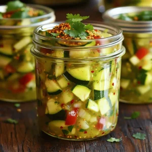 To make spicy zucchini relish, you need: - 4 medium zucchinis, thoroughly washed and finely chopped - 1 large onion, finely minced - 1 red bell pepper, finely diced - 2 cloves garlic, finely minced - 1 tablespoon fresh ginger, grated - 1 cup apple cider vinegar - ¾ cup granulated sugar - 1 tablespoon mustard seeds - 1 tablespoon chili flakes (adjust based on your preferred spice level) - 1 teaspoon turmeric powder - 1 teaspoon salt - ¼ cup fresh cilantro, finely chopped Fresh ingredients make a big difference in how your relish tastes. They bring out the flavors and make every bite enjoyable. Using fresh zucchinis, peppers, and herbs means you get a crunch and vibrancy in every spoonful. When you choose fresh, you also ensure your relish stays bright and zesty, perfect for summer meals or cozy winter gatherings. Choosing the right zucchini can elevate your dish. Here are some tips: - Look for firmness: The best zucchinis feel firm and are free of soft spots. - Check the skin: A shiny, smooth skin indicates freshness. Dull skin may mean it’s past its prime. - Size matters: Smaller zucchinis tend to be sweeter and more tender. Aim for ones that are about 6-8 inches long for the best taste. - Color is key: Look for a rich green color. Avoid any that have yellowing, as this can signal overripeness. Using these tips will help you find the best zucchinis for your spicy zucchini relish, ensuring a dish full of flavor and freshness. For the full recipe, check out the details above. Start by washing the zucchinis under cold water. This step removes dirt and debris. Cut off both ends of the zucchinis. Next, finely chop them into small, even pieces. This helps them cook evenly. In a large mixing bowl, combine the chopped zucchinis with the minced onion, diced red bell pepper, minced garlic, and grated ginger. Mix well until everything is evenly distributed. This blend of vegetables adds depth to your relish. In a large pot, heat the apple cider vinegar over medium heat. Add sugar, mustard seeds, chili flakes, turmeric powder, and salt. Stir well until the sugar dissolves and the mixture starts to simmer. Carefully add the vegetable mix into the pot. Stir to combine and bring it to a gentle boil. Once boiling, reduce the heat to low and let it simmer for 30 to 40 minutes. Stir occasionally to keep anything from sticking to the bottom. Watch the relish as it cooks. You want it to thicken to your liking. Once it thickens, remove the pot from heat. Fold in the chopped cilantro for extra flavor and freshness. Let the relish cool in the pot for a bit. When it’s slightly cool, use a funnel to transfer it into sterilized jars. Seal the jars tightly. Allow them to cool completely at room temperature before placing them in the fridge. This recipe yields about 4 cups of spicy zucchini relish. You can enjoy it with crackers, grilled meats, or sandwiches. For the complete recipe, refer to the earlier section. When making spicy zucchini relish, avoid chopping your veggies too large. Small pieces cook evenly and blend well. Don’t skip the salt; it helps to draw out moisture. If your relish is too watery, it won't have the right texture. Stir often while it simmers; this keeps it from sticking to the pot. Finally, remember to let it cool before sealing the jars. This helps preserve the flavor and prevents spoilage. Want to amp up the flavor? Consider adding diced jalapeños for more heat or fresh herbs like dill for a unique twist. You can also try a splash of lemon juice for brightness. If you love a bit of sweetness, throw in some diced mango or peaches. Each of these additions can change the flavor profile, making your relish special every time. To impress your guests, serve the relish in a colorful bowl. Pair it with crisp crackers or toasted bread for a tasty appetizer. You can also use it as a zesty condiment with grilled meats or sandwiches. For a fun twist, try it in tacos or as a topping for burgers. With its bright colors and bold flavors, spicy zucchini relish will always stand out on your table. {{image_4}} You can switch up the flavors in spicy zucchini relish easily. Try using yellow squash instead of zucchini for a different texture. Red onions add a sweeter taste than regular onions. You can also mix in diced jalapeños for an extra kick. If you enjoy sweetness, add some diced peaches or mango. These fruits will balance the heat well. For a smoky flavor, try adding smoked paprika. This small change can make a big impact on taste. Want to change the heat? Start with less chili flakes if you prefer milder relish. You can always add more spice later. For those who love heat, consider using fresh chopped chili peppers. Thai chilies or serranos can bring intense heat. Remember, the cooking process will mellow the flavors, so taste as you go. Adjusting the spice level makes this relish work for anyone. Spicy zucchini relish is very versatile. Use it as a topping for grilled meats like chicken or pork. It also pairs well with fish tacos for a fresh twist. Spread it on sandwiches or burgers for added zest. For a unique appetizer, serve it with cream cheese and crackers. You can even mix it into salads for a flavorful boost. No matter how you serve it, the relish adds excitement to any dish. To keep your spicy zucchini relish fresh, sealing jars correctly is key. First, use clean, sterilized jars. Fill each jar with relish, leaving about half an inch of space at the top. Wipe the rim of the jar to remove any residue. Then, place the lid on top and screw it on tightly. This helps create a vacuum seal. You can also process jars in a hot water bath for extra safety. This process ensures your relish stays fresh longer. After sealing your jars, store them in the fridge. The cool temperature will help maintain flavor and texture. Make sure to keep the jars upright to avoid leaks. Always allow the relish to cool fully before placing it in the fridge. If you plan to eat the relish within a few weeks, refrigeration is perfect. Just remember to use clean utensils when scooping out the relish. Homemade spicy zucchini relish can last in the fridge for about 2-3 weeks. If you want to save it for longer, freezing is a great option. Pour the relish into freezer-safe containers, leaving some space at the top for expansion. Seal them tightly and label with the date. You can freeze the relish for up to six months. When you're ready to use it, thaw it overnight in the fridge. Enjoy your delicious relish anytime! Homemade spicy zucchini relish lasts about 2 to 3 weeks in the fridge. Make sure to store it in a clean, airtight jar. If you want to keep it longer, you can freeze it. Just remember to leave some space in the jar for expansion. Yes, you can use other vegetables! Carrots, cucumbers, or even bell peppers work great. Just ensure you chop them finely. This way, they blend well in the relish. Mixing different veggies can give your relish a unique twist. Spicy zucchini relish pairs well with many dishes. It adds a kick to grilled meats, sandwiches, or burgers. You can also serve it with cheese and crackers for a tasty appetizer. For a fun twist, try it on tacos or mixed in with rice. - Full Recipe In this article, we explored the art of making spicy zucchini relish. We covered fresh ingredients, step-by-step cooking, and tips to enhance your relish. Also, we discussed variations and storage methods to keep your relish tasty. I believe you can now create a delicious batch that suits your taste. Enjoy experimenting with flavors, and remember to share your creations. Happy cooking!