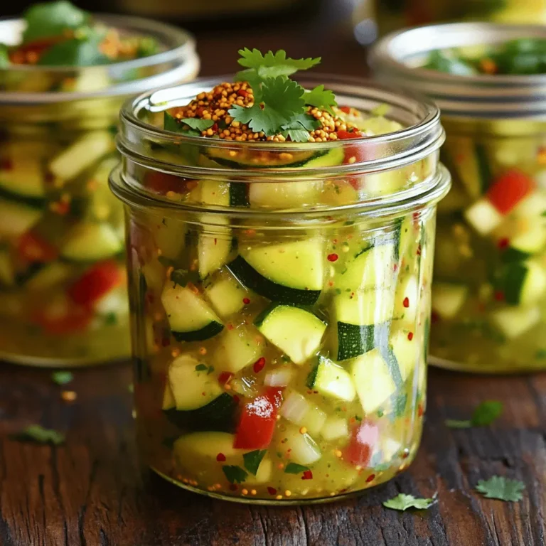 To make spicy zucchini relish, you need: - 4 medium zucchinis, thoroughly washed and finely chopped - 1 large onion, finely minced - 1 red bell pepper, finely diced - 2 cloves garlic, finely minced - 1 tablespoon fresh ginger, grated - 1 cup apple cider vinegar - ¾ cup granulated sugar - 1 tablespoon mustard seeds - 1 tablespoon chili flakes (adjust based on your preferred spice level) - 1 teaspoon turmeric powder - 1 teaspoon salt - ¼ cup fresh cilantro, finely chopped Fresh ingredients make a big difference in how your relish tastes. They bring out the flavors and make every bite enjoyable. Using fresh zucchinis, peppers, and herbs means you get a crunch and vibrancy in every spoonful. When you choose fresh, you also ensure your relish stays bright and zesty, perfect for summer meals or cozy winter gatherings. Choosing the right zucchini can elevate your dish. Here are some tips: - Look for firmness: The best zucchinis feel firm and are free of soft spots. - Check the skin: A shiny, smooth skin indicates freshness. Dull skin may mean it’s past its prime. - Size matters: Smaller zucchinis tend to be sweeter and more tender. Aim for ones that are about 6-8 inches long for the best taste. - Color is key: Look for a rich green color. Avoid any that have yellowing, as this can signal overripeness. Using these tips will help you find the best zucchinis for your spicy zucchini relish, ensuring a dish full of flavor and freshness. For the full recipe, check out the details above. Start by washing the zucchinis under cold water. This step removes dirt and debris. Cut off both ends of the zucchinis. Next, finely chop them into small, even pieces. This helps them cook evenly. In a large mixing bowl, combine the chopped zucchinis with the minced onion, diced red bell pepper, minced garlic, and grated ginger. Mix well until everything is evenly distributed. This blend of vegetables adds depth to your relish. In a large pot, heat the apple cider vinegar over medium heat. Add sugar, mustard seeds, chili flakes, turmeric powder, and salt. Stir well until the sugar dissolves and the mixture starts to simmer. Carefully add the vegetable mix into the pot. Stir to combine and bring it to a gentle boil. Once boiling, reduce the heat to low and let it simmer for 30 to 40 minutes. Stir occasionally to keep anything from sticking to the bottom. Watch the relish as it cooks. You want it to thicken to your liking. Once it thickens, remove the pot from heat. Fold in the chopped cilantro for extra flavor and freshness. Let the relish cool in the pot for a bit. When it’s slightly cool, use a funnel to transfer it into sterilized jars. Seal the jars tightly. Allow them to cool completely at room temperature before placing them in the fridge. This recipe yields about 4 cups of spicy zucchini relish. You can enjoy it with crackers, grilled meats, or sandwiches. For the complete recipe, refer to the earlier section. When making spicy zucchini relish, avoid chopping your veggies too large. Small pieces cook evenly and blend well. Don’t skip the salt; it helps to draw out moisture. If your relish is too watery, it won't have the right texture. Stir often while it simmers; this keeps it from sticking to the pot. Finally, remember to let it cool before sealing the jars. This helps preserve the flavor and prevents spoilage. Want to amp up the flavor? Consider adding diced jalapeños for more heat or fresh herbs like dill for a unique twist. You can also try a splash of lemon juice for brightness. If you love a bit of sweetness, throw in some diced mango or peaches. Each of these additions can change the flavor profile, making your relish special every time. To impress your guests, serve the relish in a colorful bowl. Pair it with crisp crackers or toasted bread for a tasty appetizer. You can also use it as a zesty condiment with grilled meats or sandwiches. For a fun twist, try it in tacos or as a topping for burgers. With its bright colors and bold flavors, spicy zucchini relish will always stand out on your table. {{image_4}} You can switch up the flavors in spicy zucchini relish easily. Try using yellow squash instead of zucchini for a different texture. Red onions add a sweeter taste than regular onions. You can also mix in diced jalapeños for an extra kick. If you enjoy sweetness, add some diced peaches or mango. These fruits will balance the heat well. For a smoky flavor, try adding smoked paprika. This small change can make a big impact on taste. Want to change the heat? Start with less chili flakes if you prefer milder relish. You can always add more spice later. For those who love heat, consider using fresh chopped chili peppers. Thai chilies or serranos can bring intense heat. Remember, the cooking process will mellow the flavors, so taste as you go. Adjusting the spice level makes this relish work for anyone. Spicy zucchini relish is very versatile. Use it as a topping for grilled meats like chicken or pork. It also pairs well with fish tacos for a fresh twist. Spread it on sandwiches or burgers for added zest. For a unique appetizer, serve it with cream cheese and crackers. You can even mix it into salads for a flavorful boost. No matter how you serve it, the relish adds excitement to any dish. To keep your spicy zucchini relish fresh, sealing jars correctly is key. First, use clean, sterilized jars. Fill each jar with relish, leaving about half an inch of space at the top. Wipe the rim of the jar to remove any residue. Then, place the lid on top and screw it on tightly. This helps create a vacuum seal. You can also process jars in a hot water bath for extra safety. This process ensures your relish stays fresh longer. After sealing your jars, store them in the fridge. The cool temperature will help maintain flavor and texture. Make sure to keep the jars upright to avoid leaks. Always allow the relish to cool fully before placing it in the fridge. If you plan to eat the relish within a few weeks, refrigeration is perfect. Just remember to use clean utensils when scooping out the relish. Homemade spicy zucchini relish can last in the fridge for about 2-3 weeks. If you want to save it for longer, freezing is a great option. Pour the relish into freezer-safe containers, leaving some space at the top for expansion. Seal them tightly and label with the date. You can freeze the relish for up to six months. When you're ready to use it, thaw it overnight in the fridge. Enjoy your delicious relish anytime! Homemade spicy zucchini relish lasts about 2 to 3 weeks in the fridge. Make sure to store it in a clean, airtight jar. If you want to keep it longer, you can freeze it. Just remember to leave some space in the jar for expansion. Yes, you can use other vegetables! Carrots, cucumbers, or even bell peppers work great. Just ensure you chop them finely. This way, they blend well in the relish. Mixing different veggies can give your relish a unique twist. Spicy zucchini relish pairs well with many dishes. It adds a kick to grilled meats, sandwiches, or burgers. You can also serve it with cheese and crackers for a tasty appetizer. For a fun twist, try it on tacos or mixed in with rice. - Full Recipe In this article, we explored the art of making spicy zucchini relish. We covered fresh ingredients, step-by-step cooking, and tips to enhance your relish. Also, we discussed variations and storage methods to keep your relish tasty. I believe you can now create a delicious batch that suits your taste. Enjoy experimenting with flavors, and remember to share your creations. Happy cooking!