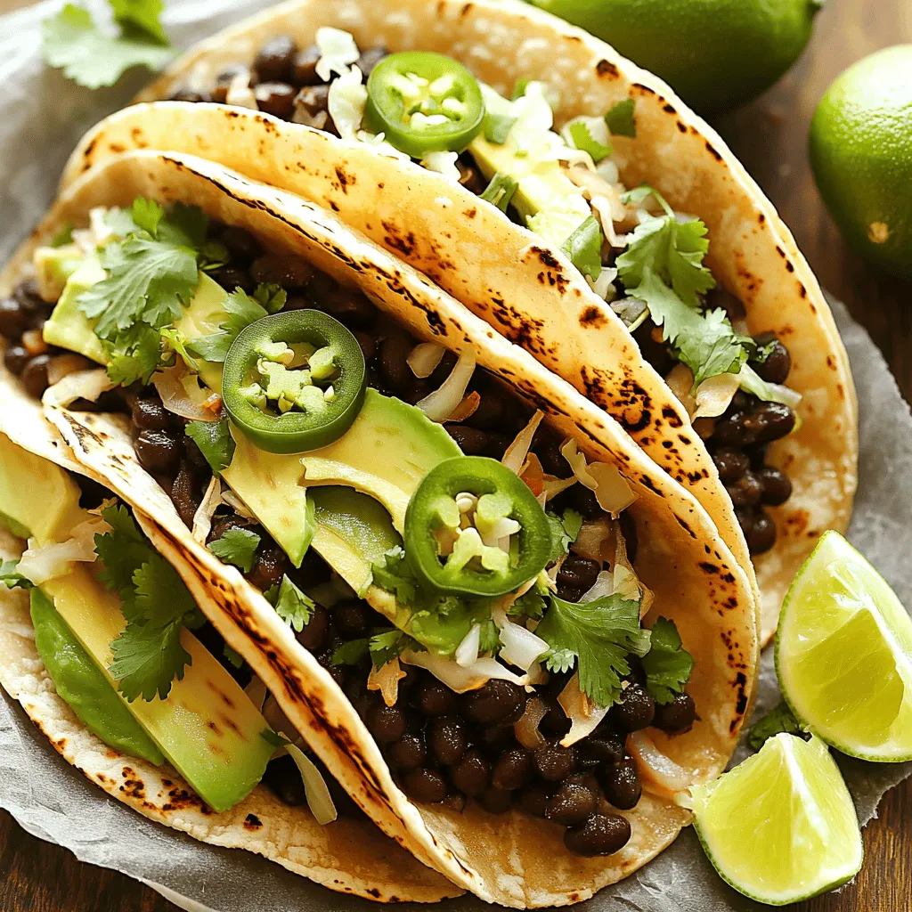 To make Spicy Black Bean Tacos, you need some key items. Here’s the list: - 2 cans (15 oz each) black beans, thoroughly rinsed and drained - 1 tablespoon extra-virgin olive oil - 1 small onion, finely diced - 2 cloves garlic, minced - 1 medium jalapeño, finely chopped (seeds removed for reduced heat) - 1 teaspoon ground cumin - 1 teaspoon smoked paprika - 1/2 teaspoon cayenne pepper (adjust based on your spice preference) - Salt and freshly cracked black pepper to taste - 8 small corn tortillas - 1 ripe avocado, sliced into thin pieces - 1 cup shredded cabbage (choose between purple or green for color) - Fresh cilantro, roughly chopped, for garnish - Lime wedges, for serving Each ingredient plays an important role in making these tacos delicious. Black beans provide protein and fiber. Onions and garlic add flavor and aroma. The jalapeño packs heat, while cumin and smoked paprika bring depth. The toppings enhance the taste and texture. I love using fresh ingredients for the best flavor. You can switch some items if needed. For example, use different beans or toppings based on your taste. Enjoy creating your own version of these spicy tacos! For more details on how to prepare these tasty tacos, check out the Full Recipe. - Sauté onions and jalapeños: Start by heating olive oil in a skillet over medium heat. Add diced onion and chopped jalapeño. Cook for about 3-4 minutes until the onion looks clear and soft. The jalapeño will add a nice kick to your dish. - Add black beans and spices: Next, stir in the rinsed black beans along with cumin, smoked paprika, cayenne pepper, salt, and black pepper. Mix everything well. Let this cook for around 5-7 minutes. As it heats, mash some beans with a fork. This makes the mixture creamy while keeping some beans whole for texture. - Mash and heat the mixture: While cooking, keep stirring. The beans will absorb the flavors from the spices. Mashing some while leaving others whole creates a great contrast. - Warm the tortillas: In a separate dry skillet, warm your corn tortillas over medium heat. Heat each side for about 30 seconds. This makes the tortillas soft and pliable, ready to hold all the goodness. - Fill the tortillas with bean mixture: Take a warm tortilla and add a generous scoop of the black bean mixture into the center. The mixture should be creamy and packed with flavor. - Top with avocado and cabbage: Next, layer on some sliced avocado and a handful of shredded cabbage. The avocado adds creaminess, while the cabbage gives a nice crunch. - Garnish with cilantro and lime: Finally, sprinkle fresh cilantro over the top. Serve with lime wedges on the side for that burst of freshness. The lime juice adds a zesty finish, making each bite pop. For the full recipe, follow along with the detailed cooking instructions. To get the right texture for black beans, start with quality beans. Use two cans of black beans. Rinse and drain them well to remove excess sodium. When you heat them, mash some beans with a fork. This creates a creamy mix while keeping some whole. Cooking the beans for just 5-7 minutes allows them to heat through without losing their shape. When it comes to spice levels, you can adjust as you like. For a milder taco, remove the jalapeño seeds. You can also reduce the cayenne pepper to just a pinch. For a fiery kick, feel free to add more cayenne or even a dash of hot sauce. Always taste as you go! For visual appeal, arrange the tacos on a bright plate. Use colors to make them pop. Place fresh cilantro on top and add lime wedges for that zesty touch. Consider serving with a side of salsa. A fresh tomato salsa adds a vibrant contrast. You can also include a side of tortilla chips. They add crunch and complement the meal nicely. This way, you create a feast that's not just tasty but looks great too! {{image_4}} You can mix things up with your tacos easily. If you want a different bean, try pinto or kidney beans. These beans work great, too. You can also swap out the black beans for lentils. They add a nice texture. For protein lovers, shredded chicken or ground turkey can be delicious. Just cook them well and add spices. For a vegetarian twist, use sautéed mushrooms or tempeh. They add great flavor and texture. Toppings can also change based on your needs. If you’re dairy-free, skip the cheese. Use extra avocado or a nut-based cheese instead. For those who love crunch, add radishes or pickled onions. They add a nice bite. To boost flavor, salsa is a great choice. You can use mild or spicy salsa based on your taste. A drizzle of hot sauce can also add a kick. Try different kinds to find your favorite. Herbs and spices can make a big difference. Add fresh cilantro or parsley for a fresh taste. You can also try chopped green onions or dill. If you want more warmth, sprinkle in some chili powder or oregano. Each option makes your tacos unique. Explore these variations to find what you love most. Each change can lead to a new favorite! For the full recipe, check out the detailed instructions to make your tacos shine. You can store the black bean filling for later. Let it cool down first. Place it in an airtight container. It will last in the fridge for about 3-4 days. If you want to keep it longer, freeze it. The filling can stay in the freezer for up to three months. Just remember to label the container with the date. For your tortillas, keep them fresh too. Store them in a plastic bag or wrap them in foil. This helps prevent them from drying out. If you have leftover tortillas, they can last in the fridge for about a week. Reheating tacos can be simple. For the best taste, use the oven. Preheat it to 350°F. Place the tacos on a baking sheet. Heat them for about 10-15 minutes. This method keeps the tortillas soft and warm. If you prefer a quicker way, use the microwave. Heat each taco for about 30 seconds. You can also wrap them in a damp paper towel. This helps keep them from getting too dry. Just be careful not to overheat, or they can get tough. For texture and flavor, adding a bit of fresh lime juice can make a big difference. It brightens the taste and makes your tacos feel fresh again. For the full recipe, check out the detailed cooking instructions. How do I make Spicy Black Bean Tacos vegetarian or vegan? You can easily keep these tacos vegetarian or vegan. The main ingredients are already plant-based. Just ensure the tortillas do not contain any animal products. Most corn tortillas are vegan, but check the label. Can I prep these tacos in advance? Yes, you can prep the filling ahead of time. Cook the black bean mixture and store it in the fridge. Warm it up before filling the tortillas. Keep the tortillas separate to avoid sogginess. What sides pair well with Spicy Black Bean Tacos? These tacos taste great with several sides. You can serve them with a fresh salad, guacamole, or a side of rice. Chips and salsa also add a crunchy touch. What variations can I try for these tacos? You can switch up the ingredients to fit your taste. Try using pinto beans or lentils instead of black beans. Add different toppings like radishes or corn. Get creative with spices too! Overview of health benefits of black beans Black beans are packed with nutrients. They are high in fiber, which helps digestion. They also provide protein, making them a great meat substitute. Black beans have antioxidants that promote heart health. Caloric breakdown per serving Each serving of Spicy Black Bean Tacos has about 300 calories. This includes the tortillas and toppings. The black beans provide most of the calories, but they also offer many health benefits. For detailed cooking instructions, check out the [Fiery Spicy Black Bean Tacos recipe](#). In this blog post, we explored the vibrant world of Spicy Black Bean Tacos. We discussed essential ingredients, cooking methods, and creative variations. You can easily adjust flavors, store leftovers, and find quick reheating tips. Tacos are fun to make and customize. With fresh toppings and the right spices, you’ll create a dish everyone loves. Enjoy making these tasty tacos and share them with family and friends. Trust me, they’ll want your recipe!