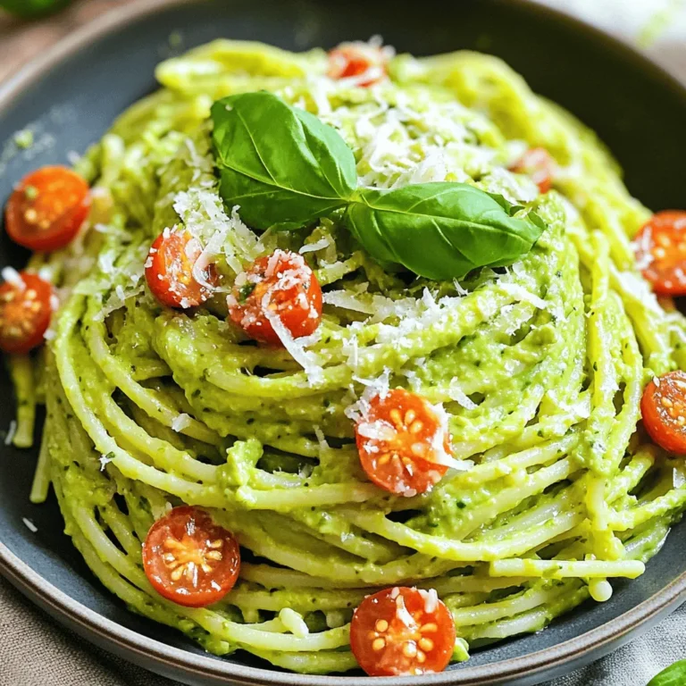 Here’s what you need to make creamy avocado pasta. Gather these fresh ingredients for a delightful meal. - Spaghetti or choice of pasta - Ripe avocados - Garlic - Fresh basil leaves - Lemon juice - Extra virgin olive oil - Sea salt and black pepper - Cherry tomatoes (optional) - Grated Parmesan cheese or nutritional yeast (optional) Each ingredient adds a special touch to your dish. The ripe avocados create a smooth sauce that coats the pasta beautifully. Garlic adds a nice kick, while fresh basil brings a bright flavor. Lemon juice gives the dish a tangy twist that lifts all the flavors. Feel free to swap in your favorite pasta. You can even add cherry tomatoes for a pop of color and taste. For a creamy finish, sprinkle with Parmesan cheese or nutritional yeast. For the full recipe, check out the detailed instructions to bring this meal together! First, boil a large pot of salted water. Once it bubbles, add your spaghetti. Cook it until it is al dente, which means it should still have a bite. When it's done, save one cup of the pasta water. Drain the rest and set the pasta aside in a bowl or back in the pot. Next, grab a food processor. Add the pitted and peeled avocados, minced garlic, fresh basil leaves, lemon juice, and olive oil. Blend everything on high speed until it's smooth and creamy. If the sauce feels too thick, slowly add a few tablespoons of the reserved pasta water until it reaches the right texture. Now it’s time to mix! In a large bowl or the pasta pot, add your cooked spaghetti to the avocado sauce. Use tongs to gently toss them together. Make sure the sauce covers all the pasta evenly. If you feel it needs more moisture, add a bit more reserved pasta water. If you like, fold in halved cherry tomatoes for an extra burst of flavor. This simple process will give you a creamy avocado pasta that feels fresh and delicious. Try the full recipe for more details! To make your creamy avocado pasta taste amazing, pay attention to salt and pepper. Start with a pinch of sea salt. Taste the sauce and add more if needed. Freshly ground black pepper gives a nice kick. Adjust these seasonings to fit your taste. For creaminess, you may want to change the thickness. If the sauce feels too thick, add a little reserved pasta water. This helps create a smooth texture. Blend until you reach the creaminess that you love. A little olive oil can make your dish look fancy. Drizzle some extra virgin olive oil over the pasta just before serving. This adds shine and flavor. Garnishing is key. Add fresh basil leaves on top of your pasta. It adds color and a nice herbal taste. If you like, sprinkle some grated Parmesan cheese or nutritional yeast for that cheesy touch. It makes your dish not just tasty but beautiful too. {{image_4}} You can easily adapt this creamy avocado pasta for different diets. For vegan options, skip the Parmesan cheese, or use nutritional yeast instead. Nutritional yeast adds a cheesy flavor without dairy. You can find it in most grocery stores. If you need gluten-free pasta substitutes, look for pasta made from rice, quinoa, or chickpeas. These options have great taste and texture. They absorb the creamy sauce well. Feel free to get creative with herbs and spices. Try fresh parsley or cilantro for a fresh twist. You can also add a pinch of red pepper flakes for a bit of heat. For added nutrition, think about including more veggies. Spinach or arugula can blend well with the sauce. You can also toss in roasted bell peppers or zucchini for added flavor and color. These variations keep your meal exciting and fresh every time you make it. Explore these options to find your favorite combinations! For the full recipe, check the section above. To store leftovers, place the creamy avocado pasta in an airtight container. It stays fresh in the fridge for up to three days. If you want to freeze it, use a freezer-safe bag. Squeeze out as much air as possible to avoid freezer burn. This dish can stay frozen for up to a month, but creaminess may change. When you want to reheat the pasta, the best method is the stovetop. Use a non-stick pan over low heat. Add a splash of reserved pasta water to help keep it creamy. Stir gently as it warms up. Avoid the microwave, as it can dry out the sauce and change the texture. Enjoy your creamy avocado pasta just as fresh as when you made it! You can use several tasty options for pasta. Here are some ideas: - Zucchini noodles: Spiralized zucchini is a fresh, low-carb option. - Spaghetti squash: Roasted spaghetti squash gives a unique texture. - Quinoa: This grain adds protein and a nutty flavor. - Rice noodles: A great gluten-free choice for a different taste. - Whole grain pasta: For more fiber and nutrients, try whole grain options. These substitutes keep the dish light and fresh while offering unique flavors. To create a vegan version of creamy avocado pasta, make a few simple swaps: - Skip the cheese: Use nutritional yeast for a cheesy flavor without dairy. - Use gluten-free pasta: If needed, pick a gluten-free pasta. - Omit any animal products: Ensure all ingredients are plant-based. These changes will keep the dish creamy and delicious while being fully vegan. Yes! You can make the avocado sauce in advance. Here’s how to store it: - Keep it airtight: Use a container with a lid to prevent browning. - Add lemon juice: This helps keep the sauce bright and green. - Refrigerate: Store it in the fridge for up to a day. Mix the sauce with pasta just before serving for the best taste. For the full recipe, refer to the Creamy Avocado Pasta Delight. This blog post covered a fun, tasty pasta dish with an avocado sauce. You learned about the ingredients, step-by-step cooking, and tips for enhancing flavors. I shared ways to store leftovers and how to make it vegan. As you explore these ideas, remember to try different herbs and veggies. Cooking should be fun and flexible. Enjoy every bite of your creamy avocado pasta!