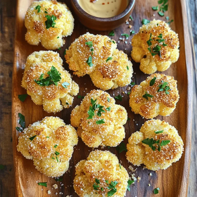 To make crispy cauliflower bites, you'll need the following items: - 1 large head of cauliflower, cut into bite-sized florets - 1 cup all-purpose flour - 1 cup sparkling water (chilled) - 1 teaspoon garlic powder - 1 teaspoon onion powder - 1 teaspoon smoked paprika - 1 teaspoon regular paprika - ½ teaspoon salt - ½ teaspoon black pepper - 1 cup panko breadcrumbs - 1 teaspoon dried parsley (optional, for garnish) - ½ teaspoon cayenne pepper (optional, for heat) - Oil for frying or cooking spray for baking If you prefer, you can swap all-purpose flour with a gluten-free version. For a lighter option, use whole wheat flour. You can also replace sparkling water with regular water, but the texture won't be as light and crispy. Here are the detailed measurements for each ingredient: - Cauliflower: 1 large head - All-purpose flour: 1 cup - Sparkling water: 1 cup, chilled - Garlic powder: 1 teaspoon - Onion powder: 1 teaspoon - Smoked paprika: 1 teaspoon - Regular paprika: 1 teaspoon - Salt: ½ teaspoon - Black pepper: ½ teaspoon - Panko breadcrumbs: 1 cup - Dried parsley: 1 teaspoon (optional) - Cayenne pepper: ½ teaspoon (optional) - Oil: For frying or cooking spray for baking Using accurate amounts is key for the best results. Too much flour can make the bites heavy, while too little can make them fall apart. You’ll need a few kitchen gadgets: - Large mixing bowls: For batter and cauliflower. - Whisk: To mix the batter smoothly. - Frying pan or deep skillet: For frying the bites. - Baking sheet: If you choose to bake them. - Parchment paper: To prevent sticking. - Slotted spoon: To remove the bites from the oil. When choosing tools, pick sturdy bowls and a whisk that feel good in your hands. A non-stick frying pan makes frying easier, and a good slotted spoon helps drain excess oil. To start, rinse the cauliflower under cold water. This step removes dirt and pesticide residues. Next, cut the cauliflower into bite-sized florets. Aim for uniform sizes. This ensures even cooking and crispiness. Larger pieces may not cook through, while smaller ones can burn. Place the florets in a large bowl for easy access later. In a new bowl, mix the all-purpose flour with chilled sparkling water. Whisk it until smooth. The sparkling water gives the batter a light and crispy texture. Adding garlic powder, onion powder, smoked paprika, regular paprika, salt, and black pepper brings great flavor. Mix well to combine all the spices. Take each floret and dip it into the batter. Let any extra batter drip off. This step prevents soggy bites. Next, roll the floret in panko breadcrumbs. Make sure the floret is fully coated. This gives each bite a crunchy layer. Arrange the coated florets on a plate or baking sheet, ready for frying or baking. For the full recipe, refer to the earlier section. To get your crispy cauliflower bites just right, focus on the cooking method. You can fry or bake them. For frying, heat oil in a deep skillet to about 350°F (175°C). The oil should sizzle when you add the cauliflower. This hot oil helps create a golden crust quickly. If you bake them, make sure to preheat your oven to 425°F (220°C). Spray cooking oil on the bites to help them crisp up. Pay attention to the coating thickness. A thin layer of batter leads to a lighter bite. If the batter is too thick, it can become soggy. Dip each floret in the batter, then roll it in panko breadcrumbs. This layering is key for that crunch. To boost flavor, try different seasonings. You can add more garlic powder or even Italian herbs. For a tangy twist, mix in lemon zest. Spice lovers can increase cayenne for heat or try chili powder. Dipping sauces can elevate your crispy bites. Make a simple ranch with yogurt, or whip up a spicy aioli with mayo and sriracha. A honey mustard dip is also a tasty option. These sauces add a fun twist to your snack. One common mistake is overcrowding the pan while frying. This lowers the oil temperature and makes the bites soggy. Fry in batches to keep the oil hot. Another mistake is not drying the cauliflower well. Excess water can make the batter slide off. Make sure to pat the florets dry before coating. If you find your bites are not crispy, try increasing the cooking time. Lastly, avoid using stale breadcrumbs. Fresh panko gives a better crunch. These tips help you achieve the perfect texture and taste for your crispy cauliflower bites. For the complete recipe, check out the Full Recipe section. {{image_4}} You can add some heat to your crispy cauliflower bites. Use cayenne pepper for a nice kick. If you want more flavor, try chili powder or hot sauce in the batter. For dipping, serve with spicy aioli or sriracha sauce. Both pair well and add to the heat! If you need a gluten-free snack, it’s easy to adapt this recipe. Use gluten-free flour instead of regular flour. You can also find gluten-free panko breadcrumbs. When using these, check the cooking time. Gluten-free options may cook faster, so keep an eye on them to stay crispy. Get creative with flavors in your cauliflower bites! Try different herbs like thyme or rosemary for a fresh taste. You can also make themed bites. For Italian flavors, add Italian seasoning and serve with marinara sauce. For a Mexican twist, use taco seasoning and pair with guacamole. The options are endless! Check out the full recipe for more ideas. To keep your crispy cauliflower bites fresh, store them in an airtight container. Place a paper towel inside to absorb moisture. Refrigerate them right away. This helps them stay crisp. When reheating, use an oven or air fryer. This keeps the outside crunchy. Avoid microwaving as it makes them soggy. You can freeze uncooked or cooked cauliflower bites. For uncooked bites, lay them on a baking sheet. Freeze them for about an hour until firm. Transfer to a freezer bag after that. For cooked bites, let them cool first. Then, store them in an airtight container. To thaw, leave them in the fridge overnight before reheating. Crispy cauliflower bites last about 3-5 days in the fridge. In the freezer, they can last up to 2-3 months. Look for signs of spoilage, like an off smell or slimy texture. If you see these signs, throw them away. Keeping track of their freshness is key for the best taste. Crispy cauliflower bites take about 30 minutes to cook when baked. If you fry them, expect about 10 minutes. Baking gives a healthy twist, while frying adds extra crunch. For baking, preheat your oven to 425°F (220°C). Place the bites on a lined sheet and flip them halfway through. If frying, heat oil in a deep skillet. Fry in batches to avoid crowding. Golden brown is the goal! Yes, you can prepare these bites ahead of time. You can cut and coat the cauliflower in advance. Just keep them in the fridge until you’re ready to cook. They taste great even if made a few hours ahead. If you want to freeze them, coat and freeze the bites on a baking sheet first. Once frozen, transfer them to a bag. You can bake or fry them straight from the freezer! Many sauces go well with crispy cauliflower bites. Here are some favorites: - Ranch dressing - Spicy aioli - Honey mustard - Buffalo sauce - Garlic sauce You can even mix and match sauces for fun flavors. Get creative with your dips! Yes, crispy cauliflower bites can easily be vegan. The main ingredients like cauliflower, flour, and sparkling water are plant-based. Just ensure your panko breadcrumbs do not contain any animal products. This way, you can enjoy these bites without any concerns about dietary restrictions. They are tasty and perfect for everyone! Crispy Cauliflower Bites are easy to make with the right ingredients and tools. Accurate measurements ensure tasty results, while proper cooking techniques keep them crispy. Remember, you can customize flavors and avoid common mistakes. You can even store leftovers correctly for future snacks. This dish is perfect for any occasion and can fit many diets. Now, you have all the tips you need. Dive in and enjoy these delicious bites!