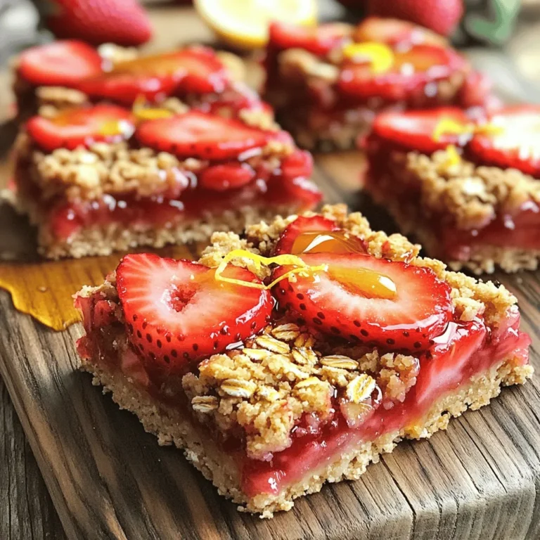 Here are the key ingredients you need to make Easy Strawberry Oat Bars. Each one plays a special role in making these bars delicious and healthy. - 1 ½ cups rolled oats - ½ cup almond flour - ½ cup packed brown sugar - 1 teaspoon baking powder - ¼ teaspoon sea salt - ½ teaspoon ground cinnamon - ½ cup unsalted butter, melted and slightly cooled - 1 large egg, beaten - 1 teaspoon pure vanilla extract - 1 ½ cups fresh strawberries, hulled and roughly chopped - 2 tablespoons honey or pure maple syrup - Zest of 1 medium lemon Each ingredient adds flavor and texture. The oats give the bars their chewy base. Almond flour adds a nice nutty taste. Brown sugar sweetens the mix while the lemon zest brightens it up. Fresh strawberries bring natural sweetness and moisture. Using unsalted butter helps control saltiness. The egg binds everything together, while honey or maple syrup adds more sweetness. Cinnamon gives a warm spice note. You can find the full recipe to guide you through the process. Preparation Steps - Preheat the oven and prepare the baking dish. Begin by heating your oven to 350°F (175°C). Grease an 8x8 inch baking dish lightly. You can also line it with parchment paper for easy removal. - Combine dry ingredients. In a large bowl, mix your rolled oats, almond flour, brown sugar, baking powder, sea salt, and ground cinnamon. Stir these dry items well so there are no lumps. - Mix wet ingredients and combine. In another bowl, whisk the melted butter, beaten egg, and vanilla extract together. Mix until this is smooth and uniform. - Prepare the strawberry filling. In a small skillet on medium heat, add the chopped strawberries, honey or maple syrup, and lemon zest. Cook for about five minutes, stirring often. The strawberries will soften and create a nice sauce. - Assemble and bake. Pour the wet mix into the dry mix and stir gently. Take two-thirds of this oat mixture and press it into the bottom of your baking dish. Next, spread the warm strawberry filling over this layer. Crumble the remaining oat mixture on top. Bake for 25-30 minutes. The top should be golden brown and firm. You can find the Full Recipe for more details. Enjoy making these Easy Strawberry Oat Bars! To make the best strawberry oat bars, keep a few tips in mind. First, to avoid mushy strawberries, use fresh, ripe ones. Cook them lightly to keep their shape. If they become too soft, they can turn your bars soggy. Next, when mixing the oat mixture, be gentle. Overmixing can make the bars tough. Stir just until everything blends well. A few lumps are okay! Lastly, cooling time is key. After baking, let the bars cool in the pan for at least 15 minutes. This helps them set properly and makes cutting easier. For a beautiful presentation, drizzle some honey or maple syrup on top. You can also add fresh strawberry slices for color. This makes the dish pop! Pair these bars with yogurt or a scoop of ice cream. The creaminess of yogurt or ice cream balances the sweetness and adds a nice touch. Enjoy your delicious snack! {{image_4}} You can easily change the fruit in these bars. Instead of strawberries, try using blueberries, raspberries, or even peaches. Each fruit brings a new taste and feel to the bars. Fresh fruit works best, but you can use frozen too. Just remember to thaw and drain any excess juice. If you need a gluten-free option, use gluten-free oats and flour. These swaps keep the bars just as tasty and satisfying. They also work well for friends who have gluten allergies. To add some crunch, think about adding nuts or seeds. Chopped almonds, walnuts, or pumpkin seeds fit perfectly. Mix them into the oat mixture before pressing it into the pan. This will give your bars a fun texture and healthy boost. If you want to make these bars vegan or dairy-free, it’s simple. Replace the butter with coconut oil. Melt the coconut oil and mix it in just like you would with butter. This swap keeps the bars rich and tasty. You can also use a flax egg instead of a regular egg. To make a flax egg, mix 1 tablespoon of ground flaxseed with 2.5 tablespoons of water. Let it sit for a few minutes until it gets thick. Then, use it in place of the egg in the recipe. This change makes the bars plant-based and still delicious. For the full recipe, check out the heavenly strawberry oat bars. To keep your strawberry oat bars fresh, store them in an airtight container. Place parchment paper between layers to prevent sticking. For best results, store them at room temperature for short-term use. If you want to keep them longer, freezing works great. Wrap each bar in plastic wrap, then place them in a freezer bag. This method helps prevent freezer burn. In the refrigerator, these bars can last up to one week. Use a glass or plastic container with a tight lid for storage. If frozen, they can last about three months. Just remember to label your container with the date to track freshness. Enjoy your tasty treats whenever you crave a snack! Can I use frozen strawberries instead of fresh? Yes, you can use frozen strawberries. Just let them thaw first. Drain any extra juice. This helps keep the bars from getting too soggy. How can I make these bars more nutritious? To boost nutrition, add seeds like chia or flax. You can also use whole wheat flour instead of almond flour. This adds fiber and nutrients. Can I double the recipe? Absolutely! Just double all the ingredients. Use a larger pan, like a 9x13 inch. Keep an eye on the baking time. It may need a few extra minutes. What to do if the bars crumble when cut? If the bars crumble, they may need more binding. Add a bit more butter or honey next time. Let them cool fully before cutting for better results. Are there nut-free alternatives for almond flour? Yes, you can use oat flour or all-purpose flour. Both work well and keep the bars soft and tasty. How to adjust the recipe for different pan sizes? For a larger pan, increase the recipe by 1.5 times. For a smaller pan, reduce by half. Adjust baking time as needed for size changes. For the full recipe, visit the complete guide to making these Easy Strawberry Oat Bars. These tasty strawberry oat bars are easy to make and packed with flavor. You learned about the key ingredients and step-by-step instructions to create them. Tips and tricks helped you avoid common mistakes and enhance presentation. You even explored fun variations and proper storage methods. Now, you can enjoy these bars as a snack or dessert. Feel free to switch up the fruits or ingredients to suit your taste. With a bit of creativity, your next treat will be a hit! Enjoy your baking journey!