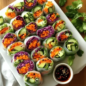 To make the Rainbow Veggie Spring Rolls, you need a few key items. Here’s what you should gather: - 10 rice paper wrappers - 1 cup finely shredded red cabbage - 1 cup carrots, julienned - 1 cup cucumber, peeled and julienned - 1 bell pepper (any vibrant color), julienned - 1 ripe avocado, sliced into thin wedges - 1/2 cup fresh mint leaves, chopped - 1/2 cup fresh cilantro leaves, chopped - 1 cup cooked vermicelli noodles (optional for added texture) These fresh ingredients bring color and crunch. Each bite is a burst of flavor. Want to jazz up your spring rolls? Here are some tasty add-ins: - Thinly sliced radishes for a peppery kick - Sliced jalapeños for heat - Cooked chicken or shrimp for protein - Chopped peanuts for crunch - Sliced scallions for a fresh bite Feel free to mix and match these options. They can make your rolls even more exciting. A great dipping sauce makes these rolls shine. Here’s a simple recipe: - 1/4 cup soy sauce - 1 tablespoon sesame oil - Red pepper flakes (optional, for a spicy kick) This sauce is quick to make. It adds a salty and nutty flavor that pairs perfectly with the fresh veggies. For the full recipe, check out the details above. Enjoy your cooking! To start, you need a large, shallow bowl. Fill it with warm water. Take one rice paper wrapper and dip it in the water. Let it soak for about 10-15 seconds. The wrapper should feel soft but not too mushy. Lift it out gently and place it flat on your work surface. Now it's time to add your fillings! In the center of the soft rice paper, begin with a handful of shredded red cabbage. Next, add your colorful veggies: julienned carrots, cucumber, and bell pepper. Place a few slices of avocado on top. For freshness, sprinkle chopped mint and cilantro. If you want extra texture, add some cooked vermicelli noodles. It's rolling time! First, fold the sides of the rice paper inwards. Then, starting from the edge closest to you, roll the wrapper away from you. Tuck in the fillings as you roll. Keep it tight but gentle. Continue until the spring roll is fully sealed. Place it seam-side down on a plate. Repeat this process with the rest of the wrappers and fillings until you have a colorful display of spring rolls. After you roll each one, you can make a simple dipping sauce. Just mix soy sauce with a splash of sesame oil. If you like spice, add some red pepper flakes. Enjoy your fresh and colorful snack! For the full recipe, check out the complete instructions! To roll spring rolls like a pro, start with a soft rice paper wrapper. Dip it in warm water for about 10-15 seconds. Once soft, lay it down on a clean surface. - Filling Placement: Place the fillings in the center, leaving space on the sides. - Fold Sides: Gently fold the sides over the filling. - Roll Tightly: Start rolling from the edge closest to you. Tuck in the filling as you roll. Keep it tight but not too tight. Practice makes perfect, so keep trying until you feel comfortable. An appealing presentation makes your spring rolls shine. Here are some fun ideas: - Colorful Platter: Arrange the rolls in a circle or line. - Dipping Bowls: Serve with small bowls of soy sauce and sesame oil. - Garnish: Add fresh mint leaves or edible flowers for a pop of color. Make it look as good as it tastes! If you have leftovers, storing them right is key. Wrap the spring rolls in damp paper towels. Then, place them in an airtight container. - Short-Term Storage: Keep in the fridge for 1-2 days. - Avoid Freezing: Freezing can make the rice paper tough. Enjoy them cold or let them sit at room temperature for a while before eating. They taste best fresh! For the full recipe, check out the details above. {{image_4}} You can easily make these spring rolls vegetarian or vegan. For a vegetarian option, include cheese or eggs. If you want a vegan version, skip any dairy and stick to veggies. All the ingredients in the full recipe are plant-based. This way, you can enjoy a fresh, colorful snack without any animal products. If you like protein, consider adding shrimp or tofu to your spring rolls. Shrimp adds a nice, sweet flavor. Simply cook the shrimp until they turn pink and tender. For tofu, use firm tofu and pan-fry it until golden. Slice it into thin strips and add it to your rolls. Both options will make the rolls more filling and tasty. While soy sauce is a great dip, you can try many others. Peanut sauce is a popular choice. It adds a rich, nutty flavor. Another option is sweet chili sauce, which gives a nice balance of sweet and spicy. You can even mix soy sauce with lime juice for a zesty kick. Feel free to experiment and find your favorite dipping sauce! To make rainbow veggie spring rolls, you need fresh veggies and rice paper wrappers. Start by soaking each wrapper in warm water. This makes them soft and easy to roll. After soaking, lay the wrapper flat on a clean surface. Next, layer your fillings in the center. Use a mix of colors. I love adding red cabbage, carrots, cucumber, and bell pepper. Don’t forget slices of ripe avocado for creaminess. For added taste, sprinkle fresh mint and cilantro on top. If you like noodles, add a bit of cooked vermicelli. Now, it's time to roll. Fold in the sides of the wrapper first. Then, roll it tightly away from you. Make sure to keep the fillings tucked inside. Once sealed, place the roll seam-side down. Repeat this for all your spring rolls. For dipping sauce, mix soy sauce with sesame oil. If you want some spice, add red pepper flakes. Serve the rolls with this sauce for a delightful snack. Rainbow veggie spring rolls are not only tasty but also good for you. They are low in calories and packed with vitamins. Fresh vegetables give you fiber, which helps your digestion. Here’s a quick look at the benefits: - Red cabbage adds antioxidants. - Carrots are great for your eyes. - Cucumbers keep you hydrated. - Bell peppers provide vitamin C. - Avocado has healthy fats. This colorful snack is a smart choice for anyone looking to eat well. Rainbow veggie spring rolls fit many occasions. They can be a light snack for a movie night or a fresh appetizer for a party. For a casual gathering, serve them on a big platter. Add small bowls of dipping sauce on the side. If you have kids, let them help with the rolling. It’s a fun activity! For a more formal event, try arranging the rolls neatly with a garnish of mint leaves. This adds a nice touch and makes the dish pop. Whether it's a picnic or a dinner party, these spring rolls will impress your guests. To prevent your spring rolls from sticking, keep them moist. After rolling each one, place it on a plate lined with parchment paper. You can also lightly drizzle a little sesame oil between layers. Avoid crowding the plate, as space allows air to circulate and keeps them from sticking. Yes, you can make spring rolls ahead of time. Just roll them and store them in an airtight container. Place a damp paper towel between layers to keep them moist. This way, they stay fresh for a day or two in the fridge. You can use many vegetables for spring rolls. Here are my favorites: - Red cabbage for crunch - Carrots for sweetness - Cucumbers for freshness - Bell peppers for color - Avocado for creaminess Feel free to mix and match based on what you like. You can even add cooked vermicelli noodles for extra texture. The goal is to make it colorful and fun! For the full recipe, check out the detailed instructions. Rainbow veggie spring rolls are a fun and tasty dish. We covered all the essentials: key ingredients, step-by-step instructions, and helpful tips. You can customize these rolls to fit your taste, whether vegetarian or vegan. Don't forget to explore different dipping sauces to enhance the flavor. With a little practice, you'll master rolling and impress friends at any event. Enjoy making and sharing these colorful rolls. They are perfect for any occasion or as a snack. Get creative, have fun, and savor every bite.