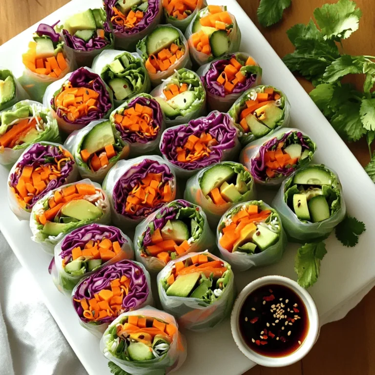 To make the Rainbow Veggie Spring Rolls, you need a few key items. Here’s what you should gather: - 10 rice paper wrappers - 1 cup finely shredded red cabbage - 1 cup carrots, julienned - 1 cup cucumber, peeled and julienned - 1 bell pepper (any vibrant color), julienned - 1 ripe avocado, sliced into thin wedges - 1/2 cup fresh mint leaves, chopped - 1/2 cup fresh cilantro leaves, chopped - 1 cup cooked vermicelli noodles (optional for added texture) These fresh ingredients bring color and crunch. Each bite is a burst of flavor. Want to jazz up your spring rolls? Here are some tasty add-ins: - Thinly sliced radishes for a peppery kick - Sliced jalapeños for heat - Cooked chicken or shrimp for protein - Chopped peanuts for crunch - Sliced scallions for a fresh bite Feel free to mix and match these options. They can make your rolls even more exciting. A great dipping sauce makes these rolls shine. Here’s a simple recipe: - 1/4 cup soy sauce - 1 tablespoon sesame oil - Red pepper flakes (optional, for a spicy kick) This sauce is quick to make. It adds a salty and nutty flavor that pairs perfectly with the fresh veggies. For the full recipe, check out the details above. Enjoy your cooking! To start, you need a large, shallow bowl. Fill it with warm water. Take one rice paper wrapper and dip it in the water. Let it soak for about 10-15 seconds. The wrapper should feel soft but not too mushy. Lift it out gently and place it flat on your work surface. Now it's time to add your fillings! In the center of the soft rice paper, begin with a handful of shredded red cabbage. Next, add your colorful veggies: julienned carrots, cucumber, and bell pepper. Place a few slices of avocado on top. For freshness, sprinkle chopped mint and cilantro. If you want extra texture, add some cooked vermicelli noodles. It's rolling time! First, fold the sides of the rice paper inwards. Then, starting from the edge closest to you, roll the wrapper away from you. Tuck in the fillings as you roll. Keep it tight but gentle. Continue until the spring roll is fully sealed. Place it seam-side down on a plate. Repeat this process with the rest of the wrappers and fillings until you have a colorful display of spring rolls. After you roll each one, you can make a simple dipping sauce. Just mix soy sauce with a splash of sesame oil. If you like spice, add some red pepper flakes. Enjoy your fresh and colorful snack! For the full recipe, check out the complete instructions! To roll spring rolls like a pro, start with a soft rice paper wrapper. Dip it in warm water for about 10-15 seconds. Once soft, lay it down on a clean surface. - Filling Placement: Place the fillings in the center, leaving space on the sides. - Fold Sides: Gently fold the sides over the filling. - Roll Tightly: Start rolling from the edge closest to you. Tuck in the filling as you roll. Keep it tight but not too tight. Practice makes perfect, so keep trying until you feel comfortable. An appealing presentation makes your spring rolls shine. Here are some fun ideas: - Colorful Platter: Arrange the rolls in a circle or line. - Dipping Bowls: Serve with small bowls of soy sauce and sesame oil. - Garnish: Add fresh mint leaves or edible flowers for a pop of color. Make it look as good as it tastes! If you have leftovers, storing them right is key. Wrap the spring rolls in damp paper towels. Then, place them in an airtight container. - Short-Term Storage: Keep in the fridge for 1-2 days. - Avoid Freezing: Freezing can make the rice paper tough. Enjoy them cold or let them sit at room temperature for a while before eating. They taste best fresh! For the full recipe, check out the details above. {{image_4}} You can easily make these spring rolls vegetarian or vegan. For a vegetarian option, include cheese or eggs. If you want a vegan version, skip any dairy and stick to veggies. All the ingredients in the full recipe are plant-based. This way, you can enjoy a fresh, colorful snack without any animal products. If you like protein, consider adding shrimp or tofu to your spring rolls. Shrimp adds a nice, sweet flavor. Simply cook the shrimp until they turn pink and tender. For tofu, use firm tofu and pan-fry it until golden. Slice it into thin strips and add it to your rolls. Both options will make the rolls more filling and tasty. While soy sauce is a great dip, you can try many others. Peanut sauce is a popular choice. It adds a rich, nutty flavor. Another option is sweet chili sauce, which gives a nice balance of sweet and spicy. You can even mix soy sauce with lime juice for a zesty kick. Feel free to experiment and find your favorite dipping sauce! To make rainbow veggie spring rolls, you need fresh veggies and rice paper wrappers. Start by soaking each wrapper in warm water. This makes them soft and easy to roll. After soaking, lay the wrapper flat on a clean surface. Next, layer your fillings in the center. Use a mix of colors. I love adding red cabbage, carrots, cucumber, and bell pepper. Don’t forget slices of ripe avocado for creaminess. For added taste, sprinkle fresh mint and cilantro on top. If you like noodles, add a bit of cooked vermicelli. Now, it's time to roll. Fold in the sides of the wrapper first. Then, roll it tightly away from you. Make sure to keep the fillings tucked inside. Once sealed, place the roll seam-side down. Repeat this for all your spring rolls. For dipping sauce, mix soy sauce with sesame oil. If you want some spice, add red pepper flakes. Serve the rolls with this sauce for a delightful snack. Rainbow veggie spring rolls are not only tasty but also good for you. They are low in calories and packed with vitamins. Fresh vegetables give you fiber, which helps your digestion. Here’s a quick look at the benefits: - Red cabbage adds antioxidants. - Carrots are great for your eyes. - Cucumbers keep you hydrated. - Bell peppers provide vitamin C. - Avocado has healthy fats. This colorful snack is a smart choice for anyone looking to eat well. Rainbow veggie spring rolls fit many occasions. They can be a light snack for a movie night or a fresh appetizer for a party. For a casual gathering, serve them on a big platter. Add small bowls of dipping sauce on the side. If you have kids, let them help with the rolling. It’s a fun activity! For a more formal event, try arranging the rolls neatly with a garnish of mint leaves. This adds a nice touch and makes the dish pop. Whether it's a picnic or a dinner party, these spring rolls will impress your guests. To prevent your spring rolls from sticking, keep them moist. After rolling each one, place it on a plate lined with parchment paper. You can also lightly drizzle a little sesame oil between layers. Avoid crowding the plate, as space allows air to circulate and keeps them from sticking. Yes, you can make spring rolls ahead of time. Just roll them and store them in an airtight container. Place a damp paper towel between layers to keep them moist. This way, they stay fresh for a day or two in the fridge. You can use many vegetables for spring rolls. Here are my favorites: - Red cabbage for crunch - Carrots for sweetness - Cucumbers for freshness - Bell peppers for color - Avocado for creaminess Feel free to mix and match based on what you like. You can even add cooked vermicelli noodles for extra texture. The goal is to make it colorful and fun! For the full recipe, check out the detailed instructions. Rainbow veggie spring rolls are a fun and tasty dish. We covered all the essentials: key ingredients, step-by-step instructions, and helpful tips. You can customize these rolls to fit your taste, whether vegetarian or vegan. Don't forget to explore different dipping sauces to enhance the flavor. With a little practice, you'll master rolling and impress friends at any event. Enjoy making and sharing these colorful rolls. They are perfect for any occasion or as a snack. Get creative, have fun, and savor every bite.
