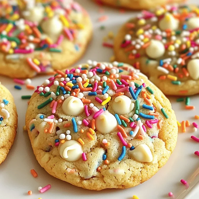 To make Funfetti Birthday Cake Cookies, you need a mix of simple and fun ingredients. Here’s what you will need: - 1 cup unsalted butter, softened - 1 cup granulated sugar - 1/2 cup packed brown sugar - 2 large eggs - 2 teaspoons pure vanilla extract - 3 cups all-purpose flour - 1 teaspoon baking soda - 1/2 teaspoon fine sea salt - 1 cup rainbow sprinkles (plus extra for topping) - 1 cup white chocolate chips These ingredients work together to create soft, chewy cookies that are colorful and festive. The butter and sugars give the cookies a rich base. Eggs and vanilla add moisture and flavor, while the flour, baking soda, and salt create the perfect cookie structure. The rainbow sprinkles make these cookies look special, adding fun pops of color. Lastly, the white chocolate chips provide a creamy sweetness that balances the flavors nicely. For the full recipe, check out the detailed instructions to bake these delightful treats. - Preheat oven to 350°F (175°C) - Prepare baking sheets with parchment paper Start by preheating your oven to 350°F (175°C). This step is key for even baking. While the oven warms up, line your baking sheets with parchment paper. This helps prevent the cookies from sticking. You’ll be glad you did this later! - Cream together softened butter, granulated sugar, and brown sugar until fluffy Next, grab a large mixing bowl. Add your softened butter, granulated sugar, and brown sugar. Using an electric mixer, cream these together. Beat on medium speed for about 3-4 minutes. You want this mixture to be light and fluffy. This step adds air and helps the cookies rise. - Incorporate eggs one at a time and mix in vanilla extract Now it’s time to add the eggs. Add them one at a time. Make sure to mix well after each addition. Then, mix in the vanilla extract. This will give your cookies a nice flavor. Don’t rush this step; it’s important for the texture. - Whisk together flour, baking soda, and sea salt, then incorporate into wet mixture In a separate bowl, whisk together the flour, baking soda, and sea salt. This helps distribute the leavening agent evenly. Gradually add this dry mixture into the wet mixture. Mix on low speed until just combined. Be careful not to overmix. This keeps your cookies soft. - Fold in rainbow sprinkles and white chocolate chips Now comes the fun part! Carefully fold in the rainbow sprinkles and white chocolate chips. Use a spatula for this. You want to make sure they are evenly spread throughout the dough. This adds color and sweetness to every bite. - Scoop dough onto baking sheets and bake for 10-12 minutes Using a cookie scoop or a tablespoon, drop balls of dough onto your prepared baking sheets. Leave about 2 inches of space between each ball. This allows the cookies to spread while baking. For a festive touch, sprinkle some extra rainbow sprinkles on top before baking. Place the sheets in the oven and bake for 10-12 minutes. You want the edges to be light golden brown, while the centers stay soft. After baking, let the cookies cool for about 5 minutes on the sheets. Then, transfer them to a wire rack to cool completely. Enjoy your sweet and colorful treats! For the full recipe, you can refer to the detailed section above. To get soft cookies, avoid overmixing the dough. Once you add the dry ingredients, mix just until combined. This keeps the cookies from becoming tough. The dough should look a bit lumpy, and that's okay! You can adjust the baking time to change the cookie texture. For chewy cookies, bake for 10 minutes. If you prefer a crispier bite, leave them in for about 12 minutes. Keep an eye on the edges; they should be golden brown while the centers stay soft. For a fun touch, use extra sprinkles on top before baking. This adds color and makes the cookies festive. When serving, arrange the cookies on a bright platter. Scatter colorful sprinkles around them to create a cheerful display. If you want more ideas, check out the Full Recipe for inspiration! {{image_4}} If you want a gluten-free cookie, you can easily swap regular flour. Use a gluten-free blend instead of all-purpose flour. Make sure to check that your blend works for baking. This change keeps the cookie soft and tasty. You can have fun with flavors! Try using different flavored chips, like dark chocolate or peanut butter. You can also add extracts like almond or lemon. Each choice gives a new twist to the classic cookie. Think about adding nuts or extra candies. Chopped walnuts or pecans add a nice crunch. You can also throw in M&M's or caramel bits for a sweet surprise. These additions make your cookies even more exciting! For the full recipe, check out Funfetti Birthday Cake Cookies . To keep your Funfetti Birthday Cake Cookies fresh, store them in an airtight container. This will help keep them soft and chewy. You can place them at room temperature. Just make sure they are completely cool before putting them away. If you stack the cookies, use parchment paper between layers to prevent sticking. If you want to enjoy these cookies later, freeze the cookie dough balls before baking. Scoop the dough and place it on a baking sheet. Freeze for about 30 minutes, then transfer the dough balls to a freezer bag. When you're ready to bake, just pop the frozen dough balls onto a baking sheet and add a couple of extra minutes to the baking time. These cookies stay fresh for about one week at room temperature. If you freeze them, they can last up to three months. Just remember to let them thaw at room temperature before eating. This way, they will taste just as good as when you first baked them. Enjoy your sweet and colorful treats whenever you want! To make these fun cookies, start by creaming butter and sugars. Then, mix in eggs and vanilla. In another bowl, whisk flour, baking soda, and salt. Combine the dry mix with the wet one gently. Finally, fold in sprinkles and white chocolate chips. Drop cookie dough onto prepared sheets and bake until golden. For the full recipe, check the details above. Yes, you can make these cookies ahead. You may prepare the dough and store it in the fridge. Wrap it well in plastic wrap to keep it fresh. Bake the cookies when you are ready to enjoy them. You can also freeze the dough for longer storage. Just remember to thaw it before baking. If you want to switch things up, use dark chocolate chips instead. Caramel chips also add a sweet twist. You can even try butterscotch chips for a unique flavor. Just make sure to keep the same amount as the original recipe calls for. To keep sprinkles bright and in place, fold them in gently. Avoid mixing too hard, as this can cause them to fade. Adding some extra sprinkles on top before baking helps, too. This way, they stay colorful and fun! You now have an easy way to make Funfetti Birthday Cake Cookies. We covered the ingredients, step-by-step instructions, tips, and variations to customize the recipe. Remember to avoid overmixing for soft cookies and store them right for freshness. Whether it’s a party or just a treat, these cookies bring joy. Experiment with flavors and enjoy baking. Your cookies will impress friends and loved ones. Enjoy every bite and celebrate with fun!