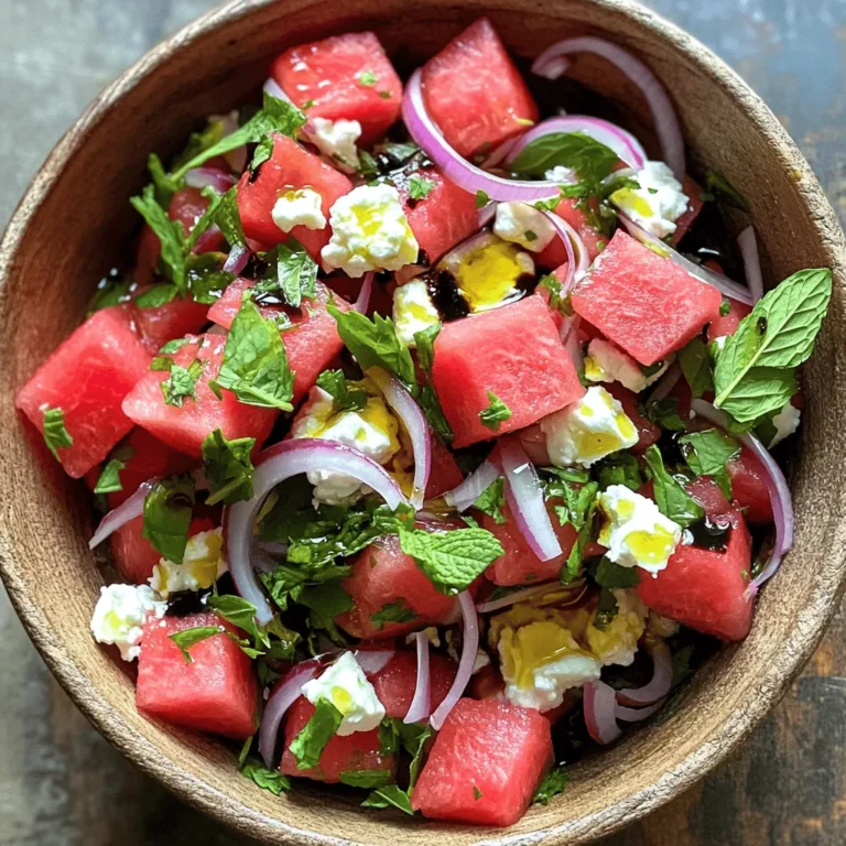 - 4 cups watermelon, cut into bite-sized cubes - 1 cup feta cheese, crumbled into small pieces - 1/2 cup fresh mint leaves, finely chopped - 1/4 cup red onion, paper-thin slices - 2 tablespoons balsamic glaze, for drizzle - 1 tablespoon extra virgin olive oil, for richness - Sea salt and freshly cracked black pepper to taste - Selecting ripe watermelon: Look for a watermelon that feels heavy for its size. The skin should have a dull finish and a yellow spot where it rested on the ground. This shows ripeness. - Choosing flavorful feta cheese: Go for feta that is creamy and moist. Try to find feta packed in brine for the best taste. Crumbled feta works well in salads. - Finding fresh mint leaves: Choose mint that looks bright and green. Avoid wilted or brown leaves. Fresh mint adds a burst of flavor and aroma to your salad. For the full recipe, check out the steps in the article. - Preparing the watermelon cubes: Start by cutting the watermelon into bite-sized cubes. Make sure they are juicy and sweet for the best flavor. - Crumbling the feta cheese: Next, take the feta cheese and crumble it into small pieces. This adds a creamy texture to the salad. - Washing and chopping the mint leaves: Wash the fresh mint leaves thoroughly. Then, chop them finely to release their aroma and flavor. - Mixing watermelon and feta: In a large mixing bowl, combine the watermelon cubes and crumbled feta cheese. Toss them gently to mix without breaking the watermelon. - Adding mint and red onion: Now, add the chopped mint leaves and the thinly sliced red onion. The onion adds a nice crunch and a bit of sharpness. - Drizzling balsamic glaze and olive oil: Drizzle the balsamic glaze and olive oil over the salad. This will enhance the flavors and add a lovely shine. - Gently folding the salad: Using a large spoon, gently fold the salad together. Be careful not to crush the watermelon cubes; they should stay whole and juicy. - Seasoning with salt and pepper: Sprinkle some sea salt and freshly cracked black pepper over the top. This seasoning boosts all the flavors in your salad. - Allowing the salad to rest: Let the salad sit at room temperature for about 10 minutes. This helps the flavors blend together beautifully before serving. For the full recipe, check out the previous sections. Enjoy your refreshing delight! To make your Watermelon Feta Mint Salad shine, adjust seasoning to your taste. Start with a pinch of sea salt and freshly cracked black pepper. Mix well and taste. If it needs more flavor, add a bit more salt or pepper. Balancing sweetness with acidity is key. The balsamic glaze gives a sweet touch, while the olive oil adds richness. If you like it tangier, add more balsamic. When serving, think about how to make it pop. Use a large, shallow bowl or a platter. This gives your salad more space and looks lovely. For gatherings, serve it family-style so everyone can help themselves. Garnish with extra mint leaves on top. This adds a fresh look and a nice aroma. You can also sprinkle some crumbled feta on top for extra flair. Want to add more flavor and texture? Try adding nuts for crunch. Walnuts or almonds work great. They give a nice bite and pair well with the soft watermelon and feta. You can also include citrus for brightness. Squeeze some fresh lime or lemon juice over the salad just before serving. This adds a zesty kick and brightens up the dish. {{image_4}} You can make this salad work for different needs. If you want a gluten-free option, you are in luck! All the ingredients in this dish are naturally gluten-free. Just make sure no gluten sneaks in from the balsamic glaze or any other dressings you use. For vegan substitutes, swap the feta cheese with crumbled tofu. You can also use a cashew cheese for a creamy texture. This keeps the salad fresh and tasty while being plant-based. Want to spice things up? Add sliced jalapeños for a kick! They bring heat that pairs well with the sweetness of watermelon. Start with a small amount, and add more to taste. You can also get creative by mixing in other fruits. Try adding berries like blueberries or strawberries. They add a pop of color and sweetness that complements the other flavors well. When summer fades, you can still enjoy this salad. Use other melons like cantaloupe or honeydew. They have different flavors, and each brings its own charm. In fall or winter, you might want to adjust ingredients. Swap fresh mint for fresh herbs like parsley or arugula. These herbs offer a different taste that works well with winter meals. Experiment with these variations to keep your watermelon feta mint salad exciting! For the full recipe, check out the link. To keep your watermelon feta mint salad fresh, store it well. Place any leftovers in an airtight container. This keeps the flavors and moisture locked in. Refrigerate the container right away. Do not leave it out at room temperature for long. When you store the salad, avoid mixing it all together. Keep the dressing separate if you plan to eat it later. This prevents the watermelon from getting mushy. The feta and mint stay fresh longer this way too. The salad stays fresh for about 2 days in the fridge. After that, it may start to lose its crispness and taste. Check for signs of spoilage. Look for wilted mint leaves or a strong smell. If the salad looks slimy or off, it’s best to throw it away. To enjoy your salad at its best, try to eat it within the first day. The flavors are bright and vibrant when it’s fresh. For the full recipe, check out the original details. Can I make this salad ahead of time? You can make this salad a few hours early. Just keep it in the fridge. This keeps the salad fresh and cool. However, add the balsamic glaze right before serving. This keeps the watermelon from getting mushy. What can I serve with this salad? This salad pairs well with grilled meats. Try it with chicken, fish, or burgers. You can also serve it as a side for picnics or barbecues. It adds a great pop of color and flavor to any meal. Is feta cheese healthy? Feta cheese has some health benefits. It is lower in fat than many other cheeses. Feta also contains protein and calcium, which are good for your bones. Just remember to enjoy it in moderation. Can I substitute ingredients in the recipe? Yes! You can swap feta with goat cheese for a tangy twist. If you don’t like mint, try basil or cilantro. You can even use a different dressing, like lemon juice, to change the flavor. How to cut watermelon properly? Start by washing the watermelon. Cut off both ends to create a flat base. Stand it up, then slice it in half. Cut each half into long strips, and then cube the strips. This gives you perfect bite-sized pieces. What is the best way to serve the salad? Serve the salad in a large bowl or platter. This makes it easy for everyone to help themselves. You can also use small cups for individual servings. Garnish with extra mint for a nice touch. Can I add other herbs besides mint? You can add other herbs if you want! Basil gives a sweet taste, while cilantro adds a fresh kick. Just make sure to chop them finely for the best flavor. In this post, we explored a refreshing watermelon feta mint salad. We covered fresh ingredients, preparation steps, and tips for perfect flavor. You learned how to select ripe fruits and tasty cheese. I shared ways to adjust the recipe for dietary needs and seasonal changes. Creating this salad is simple and fun. You can impress your friends with bright flavors and great presentation. Enjoy blending fresh tastes for a dish that is both unique and healthy. Just remember, the right ingredients make all the difference!
