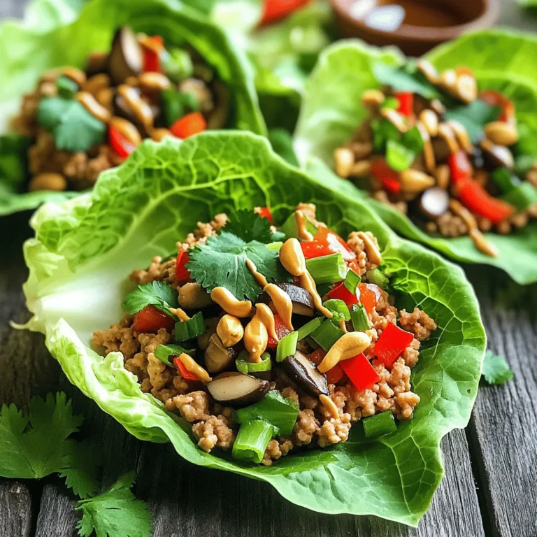 - 1 lb ground chicken - 1 cup shiitake mushrooms, finely chopped - 1 red bell pepper, diced - 2 green onions, chopped (white and green parts separated) - 2 cloves garlic, minced - 1-inch piece of ginger, grated The main ingredients bring lots of flavor. Ground chicken gives the wraps their base. Shiitake mushrooms add a rich taste. Red bell pepper gives a nice crunch. Green onions add freshness. Garlic and ginger give a punch of flavor. - 3 tablespoons soy sauce - 1 tablespoon hoisin sauce - 1 tablespoon sesame oil - 1 teaspoon rice vinegar - Salt and pepper to taste The sauces and seasonings are key to this dish. Soy sauce adds saltiness. Hoisin sauce gives a sweet touch. Sesame oil adds a nutty flavor. Rice vinegar adds a bit of tang. Salt and pepper round out the taste. - Chopped peanuts or cashews - Fresh cilantro leaves Garnishes make your wraps fun and tasty. Chopped peanuts or cashews add crunch. Fresh cilantro gives a burst of flavor. These toppings enhance each bite. For the complete instructions on how to make this dish, check the Full Recipe. 1. Heat sesame oil in a large skillet over medium heat. 2. Add minced garlic and grated ginger. Sauté for about 1 minute until golden. 3. Add the ground chicken. Use a wooden spoon to break it apart. 4. Cook for 5-7 minutes until the chicken is fully browned. 1. Stir in the finely chopped shiitake mushrooms and diced red bell pepper. 2. Sauté for an additional 3-4 minutes until the veggies soften and smell great. 1. Pour in soy sauce, hoisin sauce, and rice vinegar. Mix everything well. 2. Adjust seasoning with salt and pepper to taste. 3. Remove from heat and gently fold in the chopped green onions (white parts). Now, you're ready to serve the mixture in fresh lettuce leaves. Each bite will be full of flavor and crunch! Don't forget to check the Full Recipe for more details. Choosing the right lettuce For the best wraps, choose butter lettuce or romaine. These types are soft yet sturdy. They hold the filling well and add a nice crunch. Rinse the leaves and dry them gently. This keeps them fresh and ready for filling. Tips for sautéing chicken evenly To sauté chicken evenly, use medium heat. This prevents burning and ensures even cooking. Break the meat apart as it cooks. Stir often for even browning. Aim for a golden color, which adds flavor. Recommended cooking techniques Sautéing is a great way to cook the chicken. It locks in moisture and flavor. Use a non-stick skillet to prevent sticking. You can also steam the vegetables for a lighter touch. This keeps their bright colors and nutrients. Adding crunch with nuts For extra crunch, sprinkle chopped peanuts or cashews on top. They add a delightful texture. Toasting the nuts before adding them makes them even more flavorful. Just watch them closely to prevent burning. Best ways to serve and display wraps Arrange the lettuce wraps on a large platter. This makes it easy for guests to grab one. You can also serve with a small bowl of extra sauce for dipping. It adds a fun element to your meal. Creating a garnish station Set up a garnish station with cilantro and extra nuts. This allows guests to customize their wraps. Provide small bowls for easy access. It makes your meal interactive and more enjoyable. For the full recipe, check out the detailed steps and ingredients! {{image_4}} You can switch out ground chicken for ground turkey. It gives a leaner taste. If you prefer plant-based options, try using tofu. Just crumble it before adding it to the pan. Feel free to play with the veggies in your wrap. You can add carrots, water chestnuts, or snap peas. Each vegetable will bring a new crunch and flavor. Want some heat? Add chili sauce or sriracha to the mix. It gives your wraps a spicy kick. You can also toss in some red pepper flakes for extra zest. Adding herbs can change the flavor too. Try fresh basil or mint for a unique twist. You can mix these into the chicken or use them as a garnish. If you need a gluten-free option, use tamari instead of soy sauce. It has a similar taste and works well in this dish. For a vegan-friendly choice, use crumbled tofu and skip the chicken. You can add more vegetables for a hearty meal. This way, everyone can enjoy the wraps! To store your Asian chicken lettuce wraps, keep them in an airtight container. Place the chicken mixture separate from the lettuce. This prevents the leaves from wilting. The chicken can last in the fridge for up to three days. Always check for freshness before eating. You can freeze the cooked chicken mixture for later use. Make sure to let it cool completely before packing it. Use freezer-safe bags or containers to prevent freezer burn. The chicken mixture can freeze well for up to three months. To reheat, thaw it overnight in the fridge. Warm it in a skillet over low heat until heated through. This keeps the flavor intact. To prep ahead, chop your vegetables the night before. Store them in the fridge in a sealed bag. You can also cook the chicken mixture beforehand. Just reheat it before serving. For quick assembly, set up a wrap station. Have your lettuce, chicken, and garnishes ready. This way, everyone can make their own wraps quickly. For the full recipe, check the recipe section above. I love using butter lettuce and romaine lettuce for my wraps. - Butter Lettuce: It is soft and has a nice shape. - Romaine Lettuce: It is crisp and sturdy, perfect for holding fillings. These types make the wraps easy to handle. They also add a fresh taste. Yes, you can prep the ingredients in advance. - Cook the chicken mix and store it in the fridge. - Wash and separate the lettuce leaves, ready for serving. This way, you save time when serving. Just assemble, and you're good to go! I suggest a few tasty side dishes and sauces to go with your wraps. - Rice: Steamed jasmine or brown rice pairs well. - Dipping Sauces: Soy sauce, hoisin sauce, or peanut sauce add flavor. These options enhance the meal and make it more satisfying. This dish has roots in Asian cuisine, often served in restaurants. It became popular in the U.S. for its fresh taste and fun presentation. You can find it in many cookbooks and online recipes today. For the full recipe, visit this [Full Recipe](#) link for all details! Asian Chicken Lettuce Wraps are fun, tasty, and easy to make. We covered key ingredients, step-by-step cooking, and helpful tips. You can mix things up with different proteins and veggies. Storing leftovers is simple, too. This dish is perfect for quick meals or impressing guests. Use the recipe and ideas to create your own version. Enjoy every bite, and share your creations!