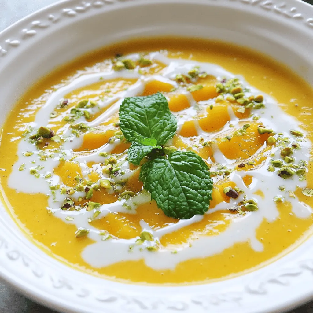 To make this delightful chilled peach soup, gather these main ingredients: - 4 ripe peaches, peeled and pitted - 1 cup plain Greek yogurt - 1 cup almond milk - 2 tablespoons honey (or maple syrup for a vegan option) - Juice of 1 lemon - 1 teaspoon vanilla extract - A pinch of salt These ingredients create a creamy and fruity flavor. The ripe peaches give sweetness and vibrancy. Greek yogurt adds creaminess and protein. Almond milk keeps it light and smooth. Honey or maple syrup sweetens it naturally. Lemon juice brightens the taste, while vanilla adds warmth. For an extra touch, consider these garnishes: - Fresh mint leaves for garnish - Crushed pistachios for topping (optional) Mint leaves add a fresh burst of flavor and color. Crushed pistachios give a nice crunch and a nutty taste. You can easily swap out some ingredients if needed: - Use coconut yogurt instead of Greek yogurt for a dairy-free version. - Substitute regular milk for almond milk if you prefer. - Adjust the sweetener; agave nectar works well too. - Try adding a splash of orange juice for a different citrus note. These substitutions help you customize the soup to your taste or dietary needs. You still get a refreshing and delicious chilled peach soup with any of these changes. For the full recipe, visit the [Full Recipe]. Start by washing the peaches well. Peeling them is next. Use a sharp knife to cut the peaches into small, even chunks. This helps them blend smoothly. Remove the pits and add the chopped peaches to your blender. Now, it’s time to mix everything. Add the Greek yogurt, almond milk, honey, lemon juice, vanilla extract, and a pinch of salt to the blender with the peaches. Each ingredient enhances the flavor and texture of the soup. Blend the mixture on high speed. You want it to be smooth and creamy. If you like a little texture, pulse the blender a few times instead of blending non-stop. This gives you control over the final consistency. Taste the soup. If it needs more sweetness or tang, add more honey or lemon juice. Once blended, pour the soup into a bowl or pitcher. Cover it tightly and place it in the fridge for at least two hours. This chilling time allows flavors to mix well. When ready to serve, stir the soup again. Pour it into bowls and garnish with fresh mint leaves and crushed pistachios. For a fancy touch, use chilled bowls. This chilled peach soup is perfect for a light dessert or starter. For the full recipe, check out the details above! To select the best peaches, look for ripe, fragrant fruit. They should have a slight give when you gently press them. Avoid peaches with bruises or soft spots. Choosing freestone peaches makes your prep easier. These peaches separate cleanly from the pit. You can tweak the flavor of your chilled peach soup. If you want it sweeter, add more honey or maple syrup. For more tartness, squeeze in more lemon juice. Always taste as you go. This way, you find the perfect balance for your palate. When blending, start on low speed, then increase. This helps break down the peaches evenly. If you like some texture, pulse the blender a few times instead of blending fully. For a creamier soup, blend longer. Always check the consistency before serving. You want it smooth but not too thin. For more detailed steps, check the Full Recipe. {{image_4}} You can easily make this soup vegan. Just swap Greek yogurt for coconut yogurt. It adds a nice creaminess. Use maple syrup instead of honey for sweetness. You can also try different plant-based milk. Almond, oat, or soy milk work well too. This way, everyone can enjoy a tasty bowl of chilled peach soup. Want to spice it up? Add a pinch of cinnamon or ginger for warmth. These spices can add depth to the sweet peaches. Fresh herbs can make it even better. Try basil or rosemary for a unique twist. Just a small amount can change the flavor profile completely. To change the texture, consider using different fruits. Add diced mango or berries for a fruity crunch. You can also mix in some chia seeds for a fun texture. Blending in some silken tofu can make the soup creamier. Each variation brings a new taste and feel to your chilled peach soup. For the full recipe, check out the details above. Store leftover chilled peach soup in an airtight container. This keeps the soup fresh. Make sure to cool it first before sealing. If you don’t have a container, you can use plastic wrap. Just cover the bowl tightly. Chilled peach soup lasts about 3 to 5 days in the fridge. After that, it may lose its flavor and freshness. Always check for signs of spoilage before eating. If it smells sour or changes color, it's best to toss it. You can freeze chilled peach soup for up to 3 months. Pour it into freezer-safe containers, leaving some space at the top. This allows for expansion when frozen. To enjoy later, thaw it in the fridge overnight. Stir well before serving to restore its smooth texture. For the full recipe, see the section above. Serve chilled peach soup in a bowl or a small glass. I love using chilled bowls for that extra touch. You can drizzle a bit of almond milk on top. A mint leaf adds a great pop of color. This soup works well as a light starter or a refreshing dessert. Yes, you can use frozen peaches. Just make sure they are thawed first. This keeps the soup smooth and creamy. Frozen peaches may change the taste slightly, but they still taste great. Chilled peach soup is quite healthy. It has ripe peaches, Greek yogurt, and almond milk. These ingredients offer vitamins, protein, and healthy fats. The honey adds natural sweetness, making it a tasty and nutritious choice. Enjoy it without guilt! You can mix in other fruits like berries or mangoes. Simply chop them up and blend them with peaches. Adjust the sweetness to match the fruit you choose. This gives you a unique flavor every time. Enjoy experimenting with seasonal fruits for variety! Chilled peach soup is a refreshing treat. We covered the main ingredients, like fresh peaches, and how to blend them for the best flavor. I shared tips on choosing, storing, and even varying the recipe for vegan options. Remember, this soup is easy to make and fun to try. Enjoy exploring different flavors or garnishes to suit your taste. Now, it’s time to make your own chilled peach soup and savor each bite!