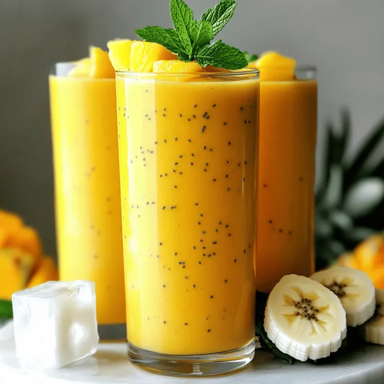 To make a Tropical Mango Pineapple Smoothie, gather these fresh ingredients: - 1 ripe mango, peeled and diced into small cubes - 1 cup fresh pineapple, diced into bite-sized pieces - 1 ripe banana, sliced into rounds - 1 cup coconut milk (or alternatively, almond milk for a nutty flavor) - 1 tablespoon honey or agave syrup (optional, for a touch of sweetness) - 1 tablespoon chia seeds (optional, for added texture and nutrients) - A handful of fresh mint leaves (for a fragrant garnish) - Ice cubes (to chill the bliss as desired) For the best flavor, I recommend these brands: - Coconut Milk: Look for Aroy-D or Chaokoh for rich taste. - Honey: Manuka honey is great for its unique flavor and health benefits. - Chia Seeds: Nutiva and Bob’s Red Mill offer high-quality chia seeds. If you want to switch things up, consider these alternatives: - Mango: Use peaches or papaya for a different twist. - Pineapple: Try using kiwi or strawberries to change the flavor. - Coconut Milk: Almond milk or oat milk can work well too. - Sweetener: Use maple syrup if you want a different sweetness. - Extras: Add spinach for added nutrients without changing the taste. This blend of ingredients creates a vibrant and tasty smoothie that's sure to refresh you! You can find the full recipe online to guide you through each step. First, you need to prepare the fruits. Take one ripe mango. Peel it and cut it into small cubes. Next, grab a cup of fresh pineapple. Dice it into bite-sized pieces. Then, slice one ripe banana into rounds. Make sure all your fruits are ripe. Ripe fruits taste better and are sweeter. Now, it’s time to blend! Get a high-speed blender. Add the diced mango, pineapple, and banana. Pour in one cup of coconut milk. If you like it sweeter, add one tablespoon of honey or agave syrup. You can also add one tablespoon of chia seeds for texture and nutrients. Toss in a handful of ice cubes to chill the drink. Start blending on low speed to break down the larger chunks. After that, switch to high speed. Blend until the mixture is smooth and creamy. Taste your smoothie. If it needs more sweetness, blend in more honey or agave syrup. Blend again briefly to mix. Pour your tropical smoothie into tall glasses. The colors will look vibrant and inviting. For a nice touch, garnish with mint leaves. This adds a lovely smell and makes the drink even more fun to enjoy. Serve it right away for the best flavor. You can find the full recipe above to guide you through every step! Pick ripe fruits for the best taste. A ripe mango should feel soft but firm. Look for a sweet smell near the stem. Choose fresh, golden pineapple. It should have a sweet fragrance. Bananas should be yellow with a few brown spots. These signs show they are sweet and ready to blend. If you pick unripe fruit, your smoothie might taste bland. For a smooth smoothie, use a high-speed blender. Start with the liquids first, like coconut milk. Then add the fruits. This helps blend them evenly. Use ice cubes to chill and thicken the smoothie. If it's too thick, add more coconut milk. If too thin, toss in more fruit. Blend on low first, then switch to high speed for a creamy finish. You can add a touch of honey or agave syrup for sweetness. If you want a nutrient boost, toss in chia seeds. Fresh mint leaves make a great garnish. They add flavor and a nice look. Don’t forget to taste before serving. Adjust the sweetness as needed. This way, your smoothie will be just right! You can find the full recipe above to ensure you get all the flavors right. {{image_4}} You can easily change the flavor of your Tropical Mango Pineapple Smoothie. Try adding berries like strawberries or blueberries. They add a nice color and a sweet taste. You can also mix in some kiwi for a tangy twist. Just remember to cut the fruits into small pieces. This keeps your smoothie smooth and creamy. If you want a dairy-free smoothie, coconut milk is a great choice. It gives a rich flavor. You can also use almond milk for a lighter taste. Oat milk is another option that adds a creamy texture. All these choices make your smoothie tasty without dairy. Need extra protein? You can add Greek yogurt or a scoop of protein powder. Both add creaminess and make the smoothie filling. For a plant-based option, try adding nut butter like almond or peanut. It gives a nice flavor boost and protein, too. You will enjoy a more satisfying drink with these additions. Feel free to explore more ideas in the [Full Recipe]. To keep your Tropical Mango Pineapple Smoothie fresh, store it in a sealed container. Glass jars work well. Fill the jar to the top to limit air exposure. Refrigerate the smoothie if you plan to drink it within one day. If you need to store it longer, consider freezing it. You can freeze your smoothie for later enjoyment. Pour the smoothie into ice cube trays or freezer-safe bags. This way, you can grab a few cubes when you want a quick treat. Just blend the frozen cubes with a little extra liquid when you're ready to drink. The ingredients in this smoothie have varying shelf lives. Fresh mango and pineapple last about 3-5 days in your fridge. Bananas ripen quickly, so use them within a few days. Coconut milk can stay fresh for up to a week when opened. Keep an eye on your ingredients to enjoy the best flavor. Yes, you can make this smoothie ahead of time. Blend your ingredients and store the smoothie in an airtight container. Keep it in the fridge for up to 24 hours. However, the smoothie may separate. Just give it a good shake or stir before drinking. Absolutely! Using frozen fruits can make your smoothie colder and thicker. If you choose frozen mango or pineapple, you may skip the ice. This will still give you a great taste and texture. This tropical smoothie is very healthy. It has vitamins from the mango, pineapple, and banana. They boost your energy and help your immune system. Coconut milk adds healthy fats, and chia seeds provide fiber. This combo keeps you full longer. To reduce sweetness, use less banana or honey. You can also add more coconut milk. This will keep the smoothie creamy without adding extra sugar. If you want a substitute for coconut milk, almond milk works well. It gives a nutty flavor and is lighter. Oat milk is another great choice. It adds creaminess without a strong taste. For a richer smoothie, try using whole milk. This recipe is a great way to enjoy tropical flavors. For the full recipe, check out the details above! This article covered all you need to know about making a great smoothie. We discussed key ingredients, brands you can trust, and helpful substitutions. I shared step-by-step instructions for prep, blending, and serving. You learned tips for picking fruits and achieving the best texture. We explored variations for taste and nutrition, plus proper storage methods for leftovers. In the end, enjoy experimenting and customizing your smoothie to fit your taste!
