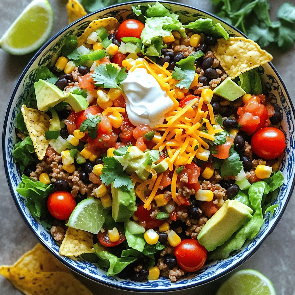 To make a Zesty Fiesta Taco Salad, gather these key ingredients: - 1 lb ground turkey (or beef) - 1 packet taco seasoning - 1 can (15 oz) black beans, rinsed and drained - 1 can (15 oz) sweet corn, drained - 1 large bell pepper, diced (choose your favorite color) - 1 cup cherry tomatoes, halved - 1 ripe avocado, diced - 1 cup shredded lettuce (romaine or iceberg) These fresh ingredients form the base of your salad. The ground meat adds protein, while the beans and corn bring fiber and sweetness. Colorful veggies like bell pepper and tomatoes not only add taste but also make the dish appealing. For a fabulous finish, don’t forget these toppings: - 1/2 cup shredded cheese (cheddar or Mexican blend) - 1/4 cup sour cream - 1/4 cup salsa - 1/4 cup fresh cilantro, chopped - Tortilla chips for garnish These toppings add layers of flavor and texture. The cheese melts slightly over the warm meat. Sour cream and salsa provide creaminess and zest. Fresh cilantro brightens the dish, while tortilla chips offer a delightful crunch. To take your salad to the next level, consider these flavor elements: - Lime wedges for serving - Other optional toppings Lime wedges give a zesty kick that enhances all the flavors. You can also mix in other toppings like jalapeños for heat or olives for brininess. Feel free to customize to fit your taste! For the full recipe, check out the [Full Recipe]. 1. Cooking ground turkey (or beef): Heat a large skillet over medium heat. Add 1 pound of ground turkey or beef. Cook until the meat is brown. Use a spatula to break it apart. This ensures even cooking. 2. Adding taco seasoning and simmering: Once the meat is browned, stir in one packet of taco seasoning. Add 1/2 cup of water. Mix well and bring to a simmer. Let it cook for 5 minutes to thicken. Remove the skillet from heat and let it cool for a bit. 1. Combining salad base ingredients: In a large mixing bowl, add the following: - 1 can (15 oz) black beans, rinsed and drained - 1 can (15 oz) sweet corn, drained - 1 large bell pepper, diced - 1 cup cherry tomatoes, halved - 1 ripe avocado, diced - 1 cup shredded lettuce (romaine or iceberg) Toss these ingredients gently. This helps mix the flavors well. 2. Mixing in the taco meat: After the taco meat cools, add it to the salad bowl. Gently toss everything together. Ensure all ingredients are mixed evenly. 1. Plating the salad: Divide the salad among individual bowls. This makes it easy to serve. 2. Adding garnishes and accompaniments: Top each bowl with: - 1/2 cup shredded cheese (cheddar or Mexican blend) - 1/4 cup sour cream - 1/4 cup salsa For extra flavor, garnish with 1/4 cup freshly chopped cilantro. Add a handful of tortilla chips for crunch. Don’t forget lime wedges on the side for a zesty squeeze! For the full recipe, check out the details above. Enjoy your vibrant Zesty Fiesta Taco Salad! To get the best flavor, you can adjust the taco seasoning. Add more if you want it spicy. Try fresh lime juice to brighten the taste. Use fresh herbs, like cilantro, for a burst of flavor. Combine ingredients wisely by mixing textures and colors. For example, creamy avocado pairs nicely with crunchy veggies. For a beautiful salad, think about how you serve it. Use clear bowls to show off the colors. Layer the ingredients for a feast for the eyes. You can serve it family-style on a big platter or in individual bowls. Individual servings let guests customize their toppings. For perfect meat, cook the turkey or beef until it's browned. Use a wooden spoon to break it up as it cooks. This keeps the meat tender and juicy. For fresh veggies, choose ripe ingredients. Wash them well and chop them right before serving. This keeps them crisp and tasty. For the full recipe, check out the Zesty Fiesta Taco Salad. {{image_4}} You can change the ground turkey or beef in this recipe. Try using ground chicken or pork for a new flavor. If you want a vegetarian dish, replace the meat with lentils or quinoa. These options keep it hearty while adding plant-based protein. You can control the spice in your salad. If you like heat, add diced jalapeños or a pinch of cayenne pepper. For less spice, use mild taco seasoning or skip the hot sauce. You can also switch up the dressings. Try ranch or a creamy avocado dressing for a different taste. Think about how you want to serve your salad. A layered salad looks pretty in a clear bowl. Just stack the ingredients on top of each other. If you want a mixed salad, toss everything in one big bowl. You could also make taco bowls. Serve the salad in taco shells for a fun twist. For the full recipe, check out the [Full Recipe]. To keep your Zesty Fiesta Taco Salad fresh, use these best practices. First, place the salad in an airtight container. This helps maintain texture and flavor. You can use glass or plastic containers with tight-fitting lids. Store it in the fridge right after serving. This keeps it safe to eat later. If you want to reheat the meat, do it gently. Place it in a skillet over low heat. Stir often to heat it evenly. Do not reheat the salad itself. It tastes best fresh. If you have leftover salad, keep the toppings separate to avoid sogginess. Add toppings right before serving to keep everything fresh. Your Zesty Fiesta Taco Salad stays fresh in the fridge for about three days. After that, it may lose taste and texture. Check for signs of spoilage before eating. Look for changes in color or smell. If it smells off or looks different, it’s best to throw it away. Zesty Fiesta Taco Salad stays fresh for about three days in the fridge. Make sure to store it in an airtight container. This helps keep the flavors alive and the veggies crisp. If you see any signs of spoilage, like a funky smell or slimy texture, toss it right away. Yes, you can make this salad ahead. I suggest cooking the meat and prepping the salad base separately. This keeps everything fresh and tasty. You can store the taco meat and salad ingredients in the fridge. When you're ready to eat, just combine them. This salad pairs well with many sides. You can serve tortilla chips for crunch. A side of guacamole adds a creamy touch. For drinks, try a cold lemonade or some iced tea. These options complement the zesty flavors of the salad. Yes, this recipe is great for meal prep. Store the salad and meat in separate containers. When you want to eat, just heat the meat. Mix it into the salad right before serving. This keeps the salad fresh and delicious. Zesty Fiesta Taco Salad combines fresh ingredients, great flavors, and fun options. You learned about the main ingredients, toppings, and how to prepare the perfect salad. Remember, you can easily adjust flavors or swap ingredients to suit your taste. Store leftovers properly to keep them fresh. This salad is not only tasty but also versatile for meal prep. With these tips, you can create a delicious meal your family will love. Try it out and make it your own!