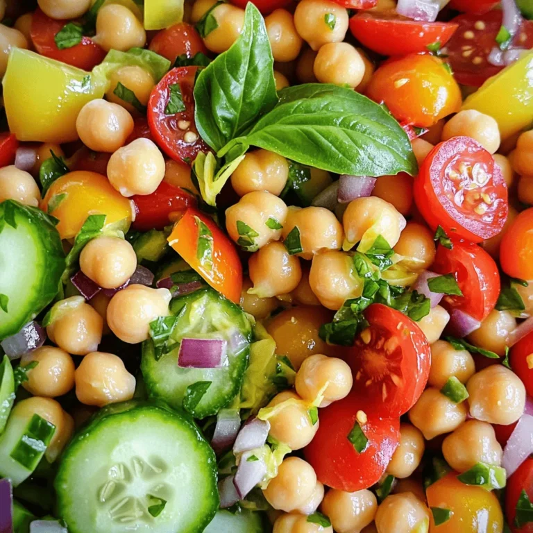 - 1 can (15 oz) chickpeas, thoroughly drained and rinsed - 1 cup cherry tomatoes, halved - 1 cucumber, diced into bite-sized pieces - 1 bell pepper (any color), diced - 1/4 red onion, finely chopped - 1/4 cup fresh basil leaves, roughly chopped - Juice of 1 large lemon (about 2 tablespoons) - 3 tablespoons high-quality extra-virgin olive oil - Salt and black pepper to taste - 1/4 teaspoon garlic powder - 1/4 teaspoon red pepper flakes (optional, for a bit of heat) In this Lemon Basil Chickpea Salad, the key ingredients make all the difference. Chickpeas are the star of the show. They add protein and a nice bite. The fresh produce items like cherry tomatoes, cucumbers, and bell peppers bring color and crunch. The red onion adds a mild zing. Fresh basil gives that lovely aroma and flavor. The dressing components are just as important. The lemon juice adds brightness, while the olive oil provides richness. Garlic powder adds depth, and the optional red pepper flakes can give it a kick. This mix creates a delightful balance of flavors. - Additional vegetables - Herbs and spices You can easily customize this salad. Feel free to add more vegetables. Some great options are carrots, radishes, or even avocado. These extras can add different textures and flavors. You can also play with herbs and spices. Try adding cilantro for a fresh twist or cumin for an earthy note. The beauty of this salad lies in its versatility. You can make it your own while keeping it fresh and vibrant. For the full recipe, check out the details above. First, gather your ingredients. Grab a large mixing bowl. Add the chickpeas that you drained and rinsed. Next, toss in the halved cherry tomatoes. After that, add the diced cucumber, diced bell pepper, and finely chopped red onion. Now, it's time for the fresh basil. Gently mix the chopped basil leaves into the bowl. This adds a bright, fresh flavor. For the dressing, take a small bowl. Combine the lemon juice, extra-virgin olive oil, garlic powder, salt, and black pepper. If you like heat, add red pepper flakes. Whisk these together until smooth. This zesty dressing will tie everything together nicely. Drizzle the dressing over your salad in the mixing bowl. Now, use clean hands or a large spoon to toss everything together. Make sure all the ingredients get coated with the dressing. After tossing, taste your salad. Adjust the seasoning if needed. You might want more salt, pepper, or lemon juice for extra flavor. Let the salad sit for at least 10 minutes. This resting time helps the flavors blend. You can serve it chilled or at room temperature, whichever you prefer. For presentation, serve your salad in a large, shallow bowl. You can also use individual plates if you like. Garnish with a sprinkle of chopped basil and a few whole cherry tomatoes. This makes a beautiful display. Consider pairing this salad with crusty bread or pita chips. These sides add nice texture and balance to the meal. For the full recipe, check the earlier section. Enjoy! To keep your Lemon Basil Chickpea Salad fresh, store it in an airtight container. This helps prevent air from spoiling the flavors. Place it in the fridge right after serving. It will stay good for about three days. If you notice extra liquid forming, drain it before serving again. This keeps the salad from getting soggy. To maintain the crispness of the veggies, avoid mixing in the dressing until you're ready to eat. Prepping this salad ahead of time is easy and smart. You can chop the veggies and rinse the chickpeas a day before. Just store them separately in the fridge. This saves time when you're ready to serve. Allowing the salad to rest for at least 10 minutes before serving enhances the flavors. Letting the chickpeas soak up the lemon dressing makes each bite burst with taste. For the best results, try to make it a few hours in advance. The flavors will only get better! For the Full Recipe, visit the main article. {{image_4}} You can make your Lemon Basil Chickpea Salad even better with protein. For vegetarians, great options include: - Tofu: Firm tofu adds a nice texture. - Quinoa: This grain packs protein and adds a nutty taste. - Edamame: These young soybeans give a pop of color and flavor. If you want to add meat or seafood, here are some ideas: - Grilled Chicken: Slice it thin for easy mixing. - Shrimp: Cooked shrimp adds a sweet and savory twist. - Tuna: Canned tuna is a quick and tasty option. You can change the flavor of your salad with different dressings. Try these options: - Balsamic Vinaigrette: Sweet and tangy, it pairs well with veggies. - Honey Mustard: Adds a sweet zing that brightens the salad. - Avocado Dressing: Creamy and rich, it makes the salad feel special. Consider adding seasonal ingredients too. Use: - Corn: Fresh corn is sweet and crunchy in summer. - Avocado: Creamy avocados add richness in spring. - Roasted Squash: Perfect for fall, it adds warmth and flavor. For more recipes, check out the Full Recipe! The Lemon Basil Chickpea Salad packs a punch of nutrients. Each serving has about 200 calories. Most of these calories come from healthy fats and proteins. The salad offers: - Protein: Chickpeas are a great source. You get about 10 grams per serving. - Carbohydrates: The salad contains around 25 grams, mostly from chickpeas and veggies. - Fats: With olive oil, you’ll find about 9 grams of healthy fats. This dish also shines with vitamins and minerals: - Vitamin A: From bell peppers and tomatoes, good for your vision. - Vitamin C: The lemon juice and tomatoes boost your immune system. - Iron: Chickpeas provide iron, helping with blood health. This salad is very friendly for many diets. - Vegan-friendly attributes: The recipe uses no animal products. All ingredients are plant-based. This makes it perfect for vegans. - Gluten-free status: All the ingredients are gluten-free. You can enjoy this salad without worry if you have gluten sensitivity. Enjoy this fresh and colorful salad knowing it supports a healthy lifestyle! For the complete recipe, check out the [Full Recipe]. Lemon Basil Chickpea Salad lasts about 3 to 5 days in the fridge. To store it, place it in an airtight container. This keeps the salad fresh and safe to eat. Make sure to check for any changes in smell or color before eating leftovers. Yes, you can use dried chickpeas! First, soak 1 cup of dried chickpeas in water for 8 hours or overnight. After soaking, drain and rinse them. Then, cook them in a pot with water for about 1 to 1.5 hours, or until tender. Drain and let them cool before adding to your salad. This salad pairs well with many dishes. Consider serving it with grilled chicken or fish for protein. You can also add pita bread or crusty bread for a complete meal. For a lighter option, enjoy it with a fresh fruit salad. To add some heat, mix in red pepper flakes. Start with 1/4 teaspoon, then taste and adjust. You can also add diced jalapeños or hot sauce for extra kick. This will give your salad a nice spicy twist! For the full recipe, check the [Full Recipe]. This blog post covered how to make a Lemon Basil Chickpea Salad. We discussed key ingredients like chickpeas and fresh veggies, plus optional add-ins. You learned step-by-step instructions for mixing and tossing the salad. I shared storage tips and variations to suit your taste. In closing, this salad is simple, healthy, and flexible. Enjoy experimenting with flavors and combinations to make it your own!