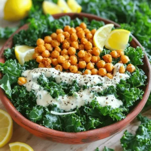 To make a great Kale Caesar Salad, you need some key ingredients. Here’s what you'll need: - 1 bunch of kale, with stems removed and leaves chopped into bite-sized pieces - 1/4 cup grated Parmesan cheese (or nutritional yeast for a vegan-friendly option) - 1/2 cup Greek yogurt (or a suitable vegan alternative) - 2 tablespoons freshly squeezed lemon juice - 1 tablespoon Dijon mustard - 1 clove garlic, minced finely - 1/4 cup whole wheat croutons (optional, for extra crunch) - Salt and freshly ground black pepper, to taste These ingredients blend to create a rich and creamy dressing that coats the kale nicely. Crispy chickpeas add fun and crunch to your salad. Here’s what you need for them: - 1 can (15 oz) chickpeas, thoroughly drained and rinsed - 2 tablespoons olive oil, divided - Salt and freshly ground black pepper, to taste Roasting chickpeas gives them a lovely crunch. You’ll love their flavor! You can easily make this salad plant-based or gluten-free. Here are some tips: - Use nutritional yeast instead of Parmesan cheese for a vegan option. - Swap Greek yogurt with a plant-based yogurt. - If you need a gluten-free option, make sure your croutons are gluten-free or skip them altogether. With these swaps, everyone can enjoy this tasty salad! For the full recipe, check out the details provided. First, I preheat my oven to 400°F (200°C). I take a can of chickpeas and drain it well. Rinsing the chickpeas helps reduce the sodium and makes them crispier. I then place them on a baking sheet. Next, I drizzle one tablespoon of olive oil over the chickpeas. After that, I sprinkle salt and freshly ground black pepper for flavor. I spread the chickpeas out so they roast evenly. I roast them in the oven for about 25 to 30 minutes. Halfway through, I shake the pan to ensure they brown nicely. The goal is to get them golden and crispy. While the chickpeas roast, I move on to the kale. I take one bunch of kale, remove the tough stems, and chop the leaves into bite-sized pieces. In a large mixing bowl, I drizzle one tablespoon of olive oil over the kale. This step is key! I gently massage the leaves with my hands for about 2 to 3 minutes. This softens the kale and makes it tender. It helps the flavors of the dressing soak in later. You will notice the leaves change color and feel less tough. Next, I make the Caesar dressing. I take a small bowl and add half a cup of Greek yogurt to it. I squeeze in two tablespoons of fresh lemon juice for a zesty kick. Then, I mix in one tablespoon of Dijon mustard and one clove of minced garlic. I whisk these ingredients together until smooth. After that, I add half of the grated Parmesan cheese. I taste the dressing and adjust with salt and pepper if needed. Once the chickpeas are ready, I pour the dressing over the massaged kale. I toss everything together, making sure each leaf is coated. Finally, I add the crispy chickpeas, and if I want, some croutons for extra crunch. I serve it all with the remaining Parmesan cheese on top. For the full recipe, check out the details above! To roast chickpeas well, start with dry chickpeas. Drain and rinse a can of chickpeas. Pat them dry with a towel. This step helps them crisp up. Use a baking sheet and spread them out in one layer. Drizzle olive oil and sprinkle salt and pepper. Roast at 400°F for 25-30 minutes. Shake the pan halfway to ensure even roasting. You want them golden and crunchy. For extra flavor, try adding spices like paprika or garlic powder before roasting. Massaging kale makes it tender and less bitter. First, wash the kale and remove the tough stems. Tear the leaves into bite-sized pieces. In a big bowl, drizzle olive oil over the kale. Use your hands to knead the leaves gently. Spend about 2-3 minutes doing this. You can feel the leaves change texture. They should become softer and darker. This step is key for a great salad. It helps the kale absorb the dressing better. To add more flavor, consider including extra ingredients. You can toss in sliced radishes or cherry tomatoes for color. Avocado adds creaminess and healthy fats. For a protein boost, add grilled chicken or tofu. Fresh herbs like parsley or basil can make the salad pop. If you want a kick, try adding sliced jalapeños. These ingredients complement the crispy chickpeas and kale well. Each addition brings new flavors and textures. Explore what you like best to make this salad your own. For the full recipe, check out the detailed instructions above. {{image_4}} You can easily add proteins to your Kale Caesar salad. Grilled chicken adds a great flavor and makes it more filling. Simply season the chicken with salt and pepper, then grill until cooked through. Slice it up and place it on top of your salad. If you prefer a plant-based option, consider tofu. Firm tofu works best. Cut it into cubes, season with salt, and pan-fry until golden. Add the crispy tofu to your salad for a protein boost without meat. While the classic dressing is delicious, you can explore other flavors. Try adding a bit of chipotle for a smoky kick. You can also use tahini mixed with lemon juice for a creamy, nutty taste. For a lighter option, mix Greek yogurt with avocado. This creates a creamy dressing that’s rich and healthy. Experiment with herbs like basil or cilantro to change up the flavor. Using seasonal veggies keeps your salad fresh and exciting. In the spring, add radishes for crunch and color. Summer calls for sweet cherry tomatoes, adding juicy bursts of flavor. In the fall, thinly sliced apples or pears bring a sweet twist. Winter veggies, like roasted beets or shredded carrots, add color and nutrients. Adjust your salad based on what’s fresh and available. This keeps your meals vibrant and full of variety. For the complete recipe, check out the Full Recipe. To store leftover salad, place it in an airtight container. Make sure to keep the crispy chickpeas separate. This helps them stay crunchy. Store the salad in the fridge for up to three days. If you add croutons, they should also be kept separate. This way, they don’t get soggy. Before eating, you can add the chickpeas back in for that nice crunch. For the best storage, let the crispy chickpeas cool completely. Then, transfer them to an airtight container. They can last for about four days at room temperature. Keep them in a dry place. If you want to keep them crispy, avoid refrigerating them. You can also use a glass jar. This keeps them fresh longer and allows easy snacking. When reheating, aim to keep the chickpeas crispy. Preheat your oven to 350°F (175°C). Spread the chickpeas on a baking sheet and heat for about 5-10 minutes. This revives their crunch. For the salad, it’s best to eat it cold. If you want it warm, try adding fresh ingredients like cooked chicken or tofu. This gives the salad a new twist. For the full recipe, check the detailed instructions above. Yes, you can make parts of this salad ahead of time. You can wash and chop the kale a day before. Store it in a sealed bag in the fridge. You can also whip up the dressing in advance. Keep it in a jar in the fridge. Just remember to add the crispy chickpeas right before serving for the best crunch. If you don’t have chickpeas, try using white beans or black beans. They give a nice texture and flavor. You could also use roasted nuts or seeds as a crunchy alternative. Just make sure to adjust the cooking time to get them crispy if you roast them. To make this salad gluten-free, skip the croutons or use gluten-free bread for them. Check the labels on your dressing ingredients too. Use gluten-free Worcestershire sauce if you want to add more flavor. This keeps your salad tasty and safe for those with gluten allergies. For the full recipe, check out the Crispy Chickpea Kale Caesar Salad. This article covered key ingredients for a delicious Kale Caesar Salad and crispy chickpeas. I shared step-by-step instructions for making it easy. Tips on perfecting flavors and variations helped you think outside the box. Storing your leftovers correctly ensures you enjoy this dish longer. Incorporating these ideas will help you enjoy a healthy meal every time. I hope you feel inspired to make this salad your own. It’s not just good for you; it’s also fun to prepare. Enjoy your cooking adventures!