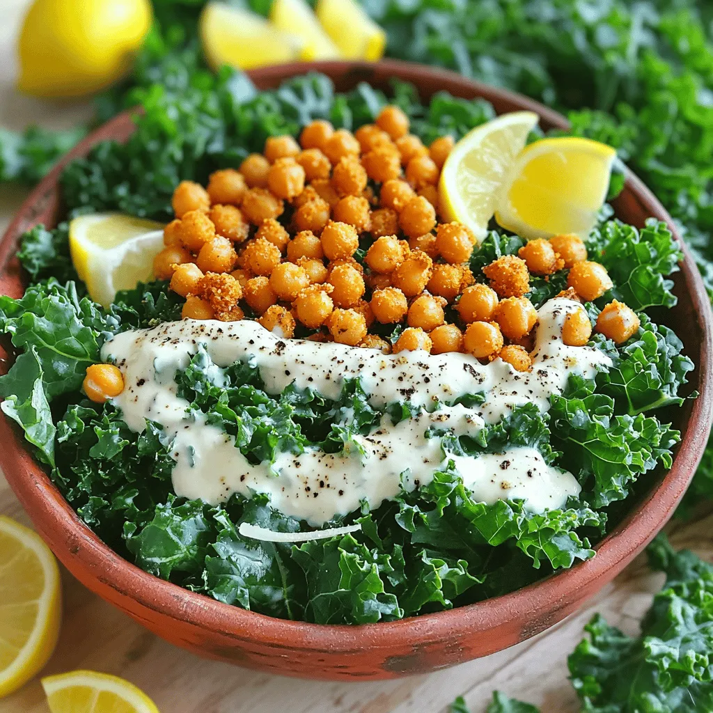 To make a great Kale Caesar Salad, you need some key ingredients. Here’s what you'll need: - 1 bunch of kale, with stems removed and leaves chopped into bite-sized pieces - 1/4 cup grated Parmesan cheese (or nutritional yeast for a vegan-friendly option) - 1/2 cup Greek yogurt (or a suitable vegan alternative) - 2 tablespoons freshly squeezed lemon juice - 1 tablespoon Dijon mustard - 1 clove garlic, minced finely - 1/4 cup whole wheat croutons (optional, for extra crunch) - Salt and freshly ground black pepper, to taste These ingredients blend to create a rich and creamy dressing that coats the kale nicely. Crispy chickpeas add fun and crunch to your salad. Here’s what you need for them: - 1 can (15 oz) chickpeas, thoroughly drained and rinsed - 2 tablespoons olive oil, divided - Salt and freshly ground black pepper, to taste Roasting chickpeas gives them a lovely crunch. You’ll love their flavor! You can easily make this salad plant-based or gluten-free. Here are some tips: - Use nutritional yeast instead of Parmesan cheese for a vegan option. - Swap Greek yogurt with a plant-based yogurt. - If you need a gluten-free option, make sure your croutons are gluten-free or skip them altogether. With these swaps, everyone can enjoy this tasty salad! For the full recipe, check out the details provided. First, I preheat my oven to 400°F (200°C). I take a can of chickpeas and drain it well. Rinsing the chickpeas helps reduce the sodium and makes them crispier. I then place them on a baking sheet. Next, I drizzle one tablespoon of olive oil over the chickpeas. After that, I sprinkle salt and freshly ground black pepper for flavor. I spread the chickpeas out so they roast evenly. I roast them in the oven for about 25 to 30 minutes. Halfway through, I shake the pan to ensure they brown nicely. The goal is to get them golden and crispy. While the chickpeas roast, I move on to the kale. I take one bunch of kale, remove the tough stems, and chop the leaves into bite-sized pieces. In a large mixing bowl, I drizzle one tablespoon of olive oil over the kale. This step is key! I gently massage the leaves with my hands for about 2 to 3 minutes. This softens the kale and makes it tender. It helps the flavors of the dressing soak in later. You will notice the leaves change color and feel less tough. Next, I make the Caesar dressing. I take a small bowl and add half a cup of Greek yogurt to it. I squeeze in two tablespoons of fresh lemon juice for a zesty kick. Then, I mix in one tablespoon of Dijon mustard and one clove of minced garlic. I whisk these ingredients together until smooth. After that, I add half of the grated Parmesan cheese. I taste the dressing and adjust with salt and pepper if needed. Once the chickpeas are ready, I pour the dressing over the massaged kale. I toss everything together, making sure each leaf is coated. Finally, I add the crispy chickpeas, and if I want, some croutons for extra crunch. I serve it all with the remaining Parmesan cheese on top. For the full recipe, check out the details above! To roast chickpeas well, start with dry chickpeas. Drain and rinse a can of chickpeas. Pat them dry with a towel. This step helps them crisp up. Use a baking sheet and spread them out in one layer. Drizzle olive oil and sprinkle salt and pepper. Roast at 400°F for 25-30 minutes. Shake the pan halfway to ensure even roasting. You want them golden and crunchy. For extra flavor, try adding spices like paprika or garlic powder before roasting. Massaging kale makes it tender and less bitter. First, wash the kale and remove the tough stems. Tear the leaves into bite-sized pieces. In a big bowl, drizzle olive oil over the kale. Use your hands to knead the leaves gently. Spend about 2-3 minutes doing this. You can feel the leaves change texture. They should become softer and darker. This step is key for a great salad. It helps the kale absorb the dressing better. To add more flavor, consider including extra ingredients. You can toss in sliced radishes or cherry tomatoes for color. Avocado adds creaminess and healthy fats. For a protein boost, add grilled chicken or tofu. Fresh herbs like parsley or basil can make the salad pop. If you want a kick, try adding sliced jalapeños. These ingredients complement the crispy chickpeas and kale well. Each addition brings new flavors and textures. Explore what you like best to make this salad your own. For the full recipe, check out the detailed instructions above. {{image_4}} You can easily add proteins to your Kale Caesar salad. Grilled chicken adds a great flavor and makes it more filling. Simply season the chicken with salt and pepper, then grill until cooked through. Slice it up and place it on top of your salad. If you prefer a plant-based option, consider tofu. Firm tofu works best. Cut it into cubes, season with salt, and pan-fry until golden. Add the crispy tofu to your salad for a protein boost without meat. While the classic dressing is delicious, you can explore other flavors. Try adding a bit of chipotle for a smoky kick. You can also use tahini mixed with lemon juice for a creamy, nutty taste. For a lighter option, mix Greek yogurt with avocado. This creates a creamy dressing that’s rich and healthy. Experiment with herbs like basil or cilantro to change up the flavor. Using seasonal veggies keeps your salad fresh and exciting. In the spring, add radishes for crunch and color. Summer calls for sweet cherry tomatoes, adding juicy bursts of flavor. In the fall, thinly sliced apples or pears bring a sweet twist. Winter veggies, like roasted beets or shredded carrots, add color and nutrients. Adjust your salad based on what’s fresh and available. This keeps your meals vibrant and full of variety. For the complete recipe, check out the Full Recipe. To store leftover salad, place it in an airtight container. Make sure to keep the crispy chickpeas separate. This helps them stay crunchy. Store the salad in the fridge for up to three days. If you add croutons, they should also be kept separate. This way, they don’t get soggy. Before eating, you can add the chickpeas back in for that nice crunch. For the best storage, let the crispy chickpeas cool completely. Then, transfer them to an airtight container. They can last for about four days at room temperature. Keep them in a dry place. If you want to keep them crispy, avoid refrigerating them. You can also use a glass jar. This keeps them fresh longer and allows easy snacking. When reheating, aim to keep the chickpeas crispy. Preheat your oven to 350°F (175°C). Spread the chickpeas on a baking sheet and heat for about 5-10 minutes. This revives their crunch. For the salad, it’s best to eat it cold. If you want it warm, try adding fresh ingredients like cooked chicken or tofu. This gives the salad a new twist. For the full recipe, check the detailed instructions above. Yes, you can make parts of this salad ahead of time. You can wash and chop the kale a day before. Store it in a sealed bag in the fridge. You can also whip up the dressing in advance. Keep it in a jar in the fridge. Just remember to add the crispy chickpeas right before serving for the best crunch. If you don’t have chickpeas, try using white beans or black beans. They give a nice texture and flavor. You could also use roasted nuts or seeds as a crunchy alternative. Just make sure to adjust the cooking time to get them crispy if you roast them. To make this salad gluten-free, skip the croutons or use gluten-free bread for them. Check the labels on your dressing ingredients too. Use gluten-free Worcestershire sauce if you want to add more flavor. This keeps your salad tasty and safe for those with gluten allergies. For the full recipe, check out the Crispy Chickpea Kale Caesar Salad. This article covered key ingredients for a delicious Kale Caesar Salad and crispy chickpeas. I shared step-by-step instructions for making it easy. Tips on perfecting flavors and variations helped you think outside the box. Storing your leftovers correctly ensures you enjoy this dish longer. Incorporating these ideas will help you enjoy a healthy meal every time. I hope you feel inspired to make this salad your own. It’s not just good for you; it’s also fun to prepare. Enjoy your cooking adventures!