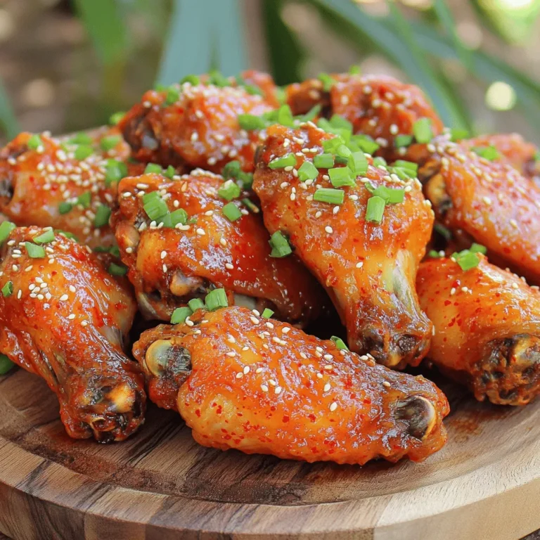- 2 lbs chicken wings - 3 tablespoons gochujang (Korean chili paste) - 2 tablespoons soy sauce - 1 tablespoon honey - 1 tablespoon sesame oil - 2 cloves garlic, finely minced - 1 tablespoon fresh ginger, finely minced - 1 tablespoon rice vinegar - 1 teaspoon freshly ground black pepper - 1 tablespoon sesame seeds (for garnish) - 2 green onions, finely chopped (for garnish) When you cook Korean Gochujang chicken wings, the right ingredients matter. Start with chicken wings. They are the star of this dish. For the marinade, gochujang is key. This chili paste gives a sweet and spicy kick. Soy sauce adds a savory touch. Next, honey brings sweetness. Sesame oil adds a nutty flavor. Minced garlic gives a strong aroma. Ginger adds freshness. Rice vinegar balances the heat with a little tang. Finally, black pepper gives depth. For garnishes, sesame seeds add crunch. Chopped green onions provide color and freshness. These simple ingredients make your wings pop with flavor. You can find the full recipe in the section above. So, gather these items, and let's get cooking! First, grab a medium mixing bowl. In it, whisk together the gochujang, soy sauce, honey, sesame oil, minced garlic, minced ginger, rice vinegar, and ground black pepper. Make sure the mixture is smooth and well blended. This marinade brings a spicy and savory kick to our chicken wings. Next, take your chicken wings and place them in a large resealable bag or a mixing bowl. Pour the marinade over the wings. Make sure each wing gets an even coating. If using the bag, seal it tightly. If using a bowl, cover it with plastic wrap. Refrigerate the wings for at least one hour. For the best flavor, marinate them overnight. Now it’s time to bake! Preheat your oven to 425°F (220°C). Line a baking sheet with aluminum foil to make cleanup easy. Place a wire rack on top of the foil-lined sheet. This helps the heat circulate around the wings, making them crispy. Remove the wings from the marinade and let any excess drip off. Lay the wings out in a single layer on the wire rack, skin side up. Bake the wings for 35-40 minutes. They should look golden brown and crispy. Flip them halfway through cooking for even crispiness. Enjoy your spicy and savory treat! For the complete recipe, check out the Full Recipe. For the best taste, marinate your chicken wings for at least one hour. However, for a deep, rich flavor, let them sit overnight. This time allows the marinade to soak in well. Use a resealable bag or bowl for even coating. Make sure every wing gets that delicious marinade. You can also massage the marinade into the wings for extra flavor. To get crispy wings, always bake them on a wire rack. The rack lets hot air flow around the wings, making them crisp on all sides. Flip the wings halfway through baking to ensure they cook evenly. Aim for that perfect golden brown color. This method gives you wings that are crispy outside but juicy inside. Pair your wings with a tasty dipping sauce. Some great options include ranch, blue cheese, or a spicy mayo. For side dishes, try serving them with fresh veggies, coleslaw, or fries. Each of these pairs well with the spicy and savory notes of the wings. Enjoy your meal with friends and family for a fun gathering! {{image_4}} You can change how spicy these wings are. If you like it hot, add more gochujang. For less heat, use a bit less. You can also mix in other flavors. Try some lime juice or a splash of hot sauce. These tweaks can help make the dish your own. Grilling these wings adds a smoky flavor. To grill, marinate the wings just like before. Heat the grill to medium-high. Place the wings directly on the grill. Cook for about 15-20 minutes. Flip them halfway through for even cooking. Watch them closely. You want them crispy and charred, but not burnt. Want a crispy texture without frying? Use this easy method. Spray the wings lightly with cooking spray. Then, coat them with flour. This gives you that fried crunch. Bake as usual, and enjoy the results. Your wings will be golden and crunchy, just like fried wings. For a full recipe, check out the Spicy Gochujang Chicken Wings section above. To store leftover wings, let them cool first. Place them in an airtight container. This will keep them fresh. You can also use a resealable plastic bag. Make sure to remove as much air as possible. Store the wings in the fridge for up to three days. You can reheat wings in two ways: oven or microwave. The oven method keeps wings crisp. Preheat your oven to 350°F (175°C). Place the wings on a baking sheet. Heat them for about 10-15 minutes. For the microwave, place wings on a plate. Heat in short bursts of 30 seconds. This method may make wings soft, so use it as a last resort. If you want to save wings for later, freezing is a great choice. First, make sure wings are fully cooled. Place them in a freezer-safe container or bag. Label it with the date. They can last for up to three months. When you’re ready to cook, defrost wings in the fridge overnight. Then bake them at 425°F (220°C) for 25-30 minutes for that crispy texture again. For more details, check the Full Recipe. Korean Gochujang chicken wings have a nice kick. Gochujang is a spicy Korean chili paste. It can be hot, but you can adjust it easily. If you want less heat, use less gochujang. You can also mix it with honey to balance the spice. This way, you still get that rich flavor without the heat. Yes, you can use frozen chicken wings! Just remember to thaw them first. Soak them in cold water for faster thawing. Fresh wings work best, but frozen wings are a good option. If you go with frozen, marinate them for at least two hours. This allows the flavors to soak in well. Gochujang is a thick red paste made from fermented soybeans, red pepper flakes, and salt. It has a sweet, savory, and spicy taste. This flavor makes it perfect for marinades. It adds depth to dishes and is a staple in Korean cooking. Gochujang brings a unique taste to the chicken wings. You’ll love its complex flavor! For the full recipe, check out the Spicy Gochujang Chicken Wings section. This blog post covered everything you need to know about Korean Gochujang chicken wings. We discussed the key ingredients, from chicken wings to gochujang. You learned how to make a tasty marinade, bake the wings, and achieve that crispy texture. We shared tips for marinating and serving suggestions. Now, get creative with variations like grilling or oven-frying. Also, remember to manage leftovers wisely. Enjoy these wings as a flavorful snack or meal anytime you like!