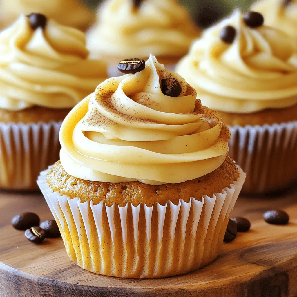 To make Pumpkin Spice Latte Cupcakes, gather these simple ingredients: - 1 ½ cups all-purpose flour - 1 teaspoon baking powder - ½ teaspoon baking soda - ½ teaspoon salt - 1 teaspoon ground cinnamon - ½ teaspoon ground nutmeg - ¼ teaspoon ground ginger - ½ cup unsalted butter, softened at room temperature - 1 cup granulated sugar - 2 large eggs, at room temperature - 1 cup canned pumpkin puree - ½ cup brewed coffee, cooled to room temperature - 1 teaspoon vanilla extract For the frosting, use: - 1 cup unsalted butter, softened at room temperature - 4 cups powdered sugar, sifted for smoothness - 2 tablespoons brewed coffee, cooled - 1 teaspoon vanilla extract - ½ teaspoon ground cinnamon These ingredients create a warm and cozy flavor in every bite. The spices bring a hint of autumn while the coffee adds a rich depth. When you mix these together, you'll have a delightful treat perfect for fall. For the full recipe, check out the complete instructions that guide you through each step. - Set oven temperature to 350°F (175°C) - Line muffin pan with cupcake liners Start by preheating your oven to 350°F (175°C). This is key for even baking. While the oven warms up, take a 12-cup muffin pan and line it with festive cupcake liners. The liners not only make cleanup easier, but they also add a fun touch to your cupcakes. - Mix flour, baking powder, baking soda, salt, and spices In a medium bowl, mix together the dry ingredients. Combine 1 ½ cups all-purpose flour, 1 teaspoon baking powder, ½ teaspoon baking soda, and ½ teaspoon salt. Then, add the spices: 1 teaspoon ground cinnamon, ½ teaspoon ground nutmeg, and ¼ teaspoon ground ginger. Whisk these together thoroughly. This step helps distribute the leavening agents and spices evenly. - Instructions for mixing butter and sugar until fluffy In a large bowl, use an electric mixer to beat ½ cup softened butter and 1 cup granulated sugar together. Mix on medium speed for about 3-4 minutes, or until the mixture is light and fluffy. This step is crucial because it adds air to the batter, giving your cupcakes a nice rise. - Mixing eggs, pumpkin, coffee, and vanilla Next, add 2 large eggs, one at a time, mixing well after each addition. After that, stir in 1 cup canned pumpkin puree, ½ cup cooled brewed coffee, and 1 teaspoon vanilla extract. Mix gently until everything is smooth and well combined. This mixture brings flavor and moisture to your cupcakes. - Tips for combining mixtures without overmixing Now, it’s time to combine the wet and dry ingredients. Gradually add the dry mixture to the wet mixture. Stir gently with a spatula or wooden spoon until the flour disappears. Be careful not to overmix; it’s okay to leave a few small lumps. This helps keep your cupcakes light and fluffy. - Fill muffin pan and baking time instructions Evenly distribute the batter into the cupcake liners, filling each about two-thirds full. This allows room for rising. Place the muffin pan in the preheated oven and bake for 18-20 minutes. Check for doneness by inserting a toothpick into the center of a cupcake. If it comes out clean, your cupcakes are ready. Let them cool in the pan for about 5 minutes before transferring them to a wire rack to cool completely. - Steps for making the frosting while cupcakes cool While your cupcakes cool, prepare the frosting. In a large bowl, beat 1 cup softened butter with an electric mixer until smooth and creamy. This base is important for a fluffy frosting. - Instructions for applying frosting creatively Gradually add 4 cups sifted powdered sugar to the butter mixture. Start mixing on low speed to avoid a sugar cloud, then increase to medium speed. Add 2 tablespoons cooled brewed coffee, 1 teaspoon vanilla extract, and ½ teaspoon ground cinnamon. Mix until it’s light and fluffy. Once the cupcakes are cool, frost each cupcake generously with the coffee-flavored frosting. Create fun swirls or peaks as you like. For more details, check out the full recipe. To ensure your cupcakes rise well, use fresh baking powder and baking soda. This will give your cupcakes a nice lift. Also, fill each liner about two-thirds full. This allows room for the cupcakes to rise without overflowing. Room temperature ingredients are key. Take your butter, eggs, and coffee out ahead of time. Soft butter mixes better with sugar, creating a fluffy batter. Room temperature eggs also blend well, adding moisture to your cupcakes. For a pleasing presentation, use a piping bag to frost your cupcakes. This method lets you create lovely swirls or peaks. You can also use a spatula for a more rustic look. Just spread the frosting thickly on top for a cozy vibe. Consider adding different styles to your frosting. Try creating a tall peak for fun. You can also make a smooth finish for a classy look. Each style adds its own charm. To take your cupcakes to the next level, add extra spices. A pinch of allspice brings warmth, while a dash of cloves adds depth. You can also try adding a splash of vanilla extract for a richer flavor. For a fun twist, mix in some chocolate chips or nuts. This adds texture and flavor to every bite. With these enhancements, your pumpkin spice latte cupcakes will stand out even more. For the full recipe, you can refer back to the earlier sections. {{image_4}} You can make your Pumpkin Spice Latte Cupcakes even better with fun add-ins. Try adding chocolate chips for a sweet twist. Dark chocolate pairs nicely with pumpkin flavors. You can also use chopped nuts, like walnuts or pecans, for some crunch. Just fold them in gently at the end. If you want to spice things up, why not add a dash of allspice or cloves? These spices can enhance the warm flavor profile. A pinch of cardamom could also give a unique twist. Experiment with different combinations to find your favorite mix! While the coffee buttercream is delightful, you can switch it up. Cream cheese frosting adds a tangy flavor that works well with pumpkin. To make it, just mix cream cheese, butter, powdered sugar, and vanilla. If you prefer something richer, try a chocolate ganache. Just melt chocolate with heavy cream and let it cool. It becomes thick and glossy, perfect for drizzling over your cupcakes. For those who need gluten-free options, use almond flour or a gluten-free flour blend. Make sure the flour blend has a binding agent, like xanthan gum. For dairy-free diets, swap butter for coconut oil or dairy-free margarine. Use a dairy-free milk in the cupcake batter. These simple swaps keep the flavor and texture while meeting dietary needs. You can enjoy these cupcakes no matter your diet! For the full recipe, check the main section above. To keep your pumpkin spice latte cupcakes fresh for a few days, follow these tips: - Place cupcakes in an airtight container. - Store them at room temperature for up to three days. - If you prefer, refrigerate them to last up to a week. - Always frost them just before serving for best taste. For long-term storage, you can freeze your cupcakes and frosting: - Allow the cupcakes to cool completely before freezing. - Wrap each cupcake tightly in plastic wrap. - Place them in a freezer-safe bag or container. - For frosting, store it in a separate airtight container. - Cupcakes can last up to three months in the freezer. To defrost your cupcakes without losing texture: - Take them out of the freezer and remove the wrap. - Let them sit at room temperature for about 1-2 hours. - For the frosting, let it sit out for about 30 minutes. - Once defrosted, frost the cupcakes and enjoy! These simple storage methods help keep your pumpkin spice latte cupcakes tasting fresh and delicious. For more detailed baking instructions, check the full recipe! Yes, you can make these cupcakes ahead of time. To do this, bake the cupcakes and let them cool completely. Then, store them in an airtight container at room temperature. This keeps them fresh for up to three days. If you want to frost them later, wait until you are ready to serve. Frosting can be made a day in advance and stored in the fridge. Just let it sit at room temperature for a bit before using. If you cannot find pumpkin puree, you have options. You can use sweet potato puree as a great substitute. Mashed bananas can work too, but they will change the flavor. Applesauce is another choice, giving a different sweetness. If you prefer a different taste, try using butternut squash puree. Each option gives a unique twist while keeping the moist texture. Cupcakes can sink for several reasons. Overmixing the batter can cause this issue. Mix just until the flour disappears to avoid this. Another cause is too much leavening agent. Make sure to measure baking powder and baking soda correctly. Lastly, check your oven temperature. An oven that is too hot can lead to cupcakes rising too quickly and then sinking. Yes, you can use instant coffee as a substitute. Just mix one tablespoon of instant coffee with one tablespoon of hot water. This will mimic brewed coffee in your cupcakes. However, brewed coffee gives a richer flavor. If you want a stronger coffee taste, use less water when mixing your instant coffee. This way, you can keep the flavor strong and yummy. You now have all the tools to make delicious pumpkin cupcakes. We covered the ingredients, step-by-step instructions, and cooking tips. I shared ideas for fun variations and how to store your treats. Remember to have fun and be creative with your baking. Whether it’s for a special occasion or just a treat for yourself, these cupcakes are sure to please. Enjoy baking these tasty pastries and share them with others!