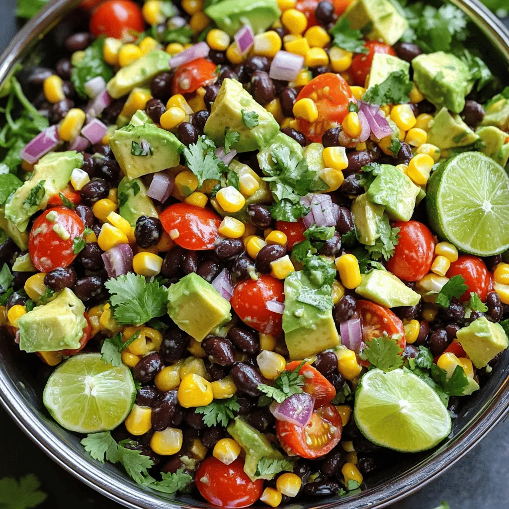 - 1 can (15 oz) black beans, thoroughly rinsed and drained - 1 cup sweet corn (use fresh, frozen, or canned) - 1 large red bell pepper, diced into bite-sized pieces - 1 ripe avocado, diced - 1/2 medium red onion, finely chopped for a milder flavor - 1 cup cherry tomatoes, halved for bursts of sweetness - 1/4 cup fresh cilantro, finely chopped for an aromatic touch The foundation of my zesty black bean salad lies in the fresh ingredients. Black beans serve as the protein-packed base. They add a creamy texture and earthy flavor. Sweet corn brings a pop of sweetness, balancing the dish. A red bell pepper adds crunch and color. Diced avocado gives a rich, buttery taste. Finely chopped red onion adds a mild bite, while halved cherry tomatoes provide juicy bursts. Finally, fresh cilantro adds a bright finish, tying all the flavors together. - 2 tablespoons freshly squeezed lime juice - 1 tablespoon high-quality olive oil - 1 teaspoon ground cumin for warmth - 1 teaspoon garlic powder for depth - Salt and freshly cracked black pepper to taste The dressing is key to making the salad come alive. Fresh lime juice adds a zesty kick. Olive oil brings richness and ties the salad together. Ground cumin adds a warm, earthy note. Garlic powder deepens the flavor profile. Finally, salt and black pepper enhance all the tastes, making each bite delightful. - Portion size and garnishes - Optional accompaniments For serving, I like to present the salad in a large, colorful bowl. This makes it inviting and fun. You can also portion it into individual cups for a neat look. Garnish with extra cilantro leaves and lime wedges for a fresh touch. This salad pairs well with grilled chicken or fish. It also makes a great filling for wraps or tacos. Enjoy the zesty flavors and vibrant colors! For the full recipe, check out the details above. To start, grab a big mixing bowl. Add the rinsed black beans, sweet corn, diced red bell pepper, diced avocado, finely chopped red onion, halved cherry tomatoes, and chopped cilantro. Mix them all together well. Make sure each ingredient spreads out. This ensures every bite is full of flavor. Next, take a small bowl. In it, whisk together the freshly squeezed lime juice, olive oil, ground cumin, garlic powder, and a good pinch of salt and black pepper. Keep whisking until the dressing is smooth and well mixed. This mixture will bring out the best in the salad. Now, drizzle the dressing over your salad mixture. Using a large spoon or spatula, gently toss everything together. You want each piece coated with that zesty dressing. After tossing, taste the salad. You can add more lime juice or salt if needed. Let the salad sit for 10-15 minutes at room temperature. This resting time helps all the flavors blend nicely before you serve it. Check out the Full Recipe to see all the details! To make your Zesty Black Bean Salad shine, adjust the seasoning to suit your taste. Start with a little salt and pepper, then taste. If it needs more, add gradually until it’s perfect. You can also squeeze in a splash of extra lime juice. This adds brightness and makes the flavors pop. Using canned ingredients can save you time. Canned black beans and corn are quick and easy. Just rinse and drain them well. If you prefer fresh, that’s great too! Prepping ingredients in advance can also help. Chop your veggies the day before. Store them in the fridge until you’re ready to mix. Serving style can make your salad more appealing. Use a large, colorful bowl to showcase the bright ingredients. You can also serve it in cups for individual portions. Garnish with extra cilantro leaves and lime wedges. This adds a fresh look and invites guests to enjoy your creation. For the full recipe, check the details above! {{image_4}} You can easily swap beans in this salad. Try pinto beans or kidney beans for a different taste. Each bean brings its own flavor and texture. Adding or substituting vegetables can change the salad’s vibe. Consider diced cucumber for crunch or chopped jalapeño for heat. Roasted red peppers can add a smoky note. Use what you like! This salad is vegan and gluten-free. It fits well into many diets. If you want more protein, add grilled chicken or shrimp. Both options pair great with the zesty flavors. You can also use tofu or tempeh for a plant-based protein boost. Both options add texture while keeping it healthy. Want to mix up the dressing? Try a simple vinaigrette with balsamic vinegar instead of lime juice. It adds a sweet tang. You could also use a creamy dressing, like ranch or avocado dressing. This change can make the salad richer and more filling. For a spicy kick, add some hot sauce to your dressing. Experiment to find your favorite combination! For the full recipe and more ideas, check the [Full Recipe]. Store Zesty Black Bean Salad in an airtight container. Glass containers work best, but plastic ones are fine too. Make sure everything is sealed tight. This keeps the flavors fresh. Keep the salad in the fridge for the best taste. To batch prepare, mix all ingredients except avocado. Add avocado just before serving. This keeps it from browning. You can store the salad for up to three days. After that, it may lose its crunch and flavor. You can freeze black bean salad, but I don’t recommend it. Freezing changes the texture of the ingredients. If you decide to freeze it, do so without avocado. To thaw, place the salad in the fridge overnight. This helps it retain some freshness. Yes, you can make this salad ahead of time. It tastes even better after resting. To prep, mix all the salad ingredients in a bowl. Keep the dressing separate until you're ready to serve. This keeps the salad fresh and crunchy. Store the salad in a sealed container in the fridge. It can last up to two days. Just remember to add the dressing just before serving. This salad pairs well with many dishes. Try serving it with grilled chicken or fish for a complete meal. You can also enjoy it with tacos or burritos for a fun twist. It works great as a side dish for barbecues. If you want a lighter meal, serve it with whole-grain pita bread. The flavors blend well with many cuisines. Yes, this salad is very healthy! Black beans are rich in protein and fiber, which help you feel full. They also support heart health and digestion. The fresh veggies add vitamins and minerals. Avocado provides healthy fats that are good for your skin. The lime juice boosts your vitamin C intake. Overall, this salad is a great choice for a nutritious meal. For the full recipe, check out the vibrant Zesty Black Bean Salad! This blog post covered the essentials for making a delicious black bean salad. We explored fresh ingredients, dressings, serving ideas, and tips for great flavor. You can customize it to fit your taste and dietary needs, too. Remember to store your salad properly for freshness. A well-made salad can be a healthy, tasty dish that fits into your meal plans. Enjoy your cooking and delight in each bite of your Zesty Black Bean Salad!
