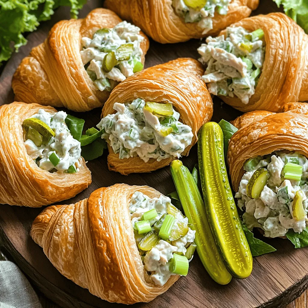 - Cooked chicken - Creamy mayonnaise - Dill pickle relish - Ranch seasoning mix - Green onions - Celery - Salt and black pepper - Buttery croissants - Lettuce leaves - Dill pickle slices To make the Pickle Ranch Chicken Salad Croissants, you need a few simple ingredients. Start with cooked chicken. Shredded chicken works best, and you can use leftover rotisserie chicken if you like. Next, grab creamy mayonnaise, which adds richness and binds everything together. You will also need some dill pickle relish. This gives the salad a tangy kick. For flavor, add a packet of ranch seasoning mix. It brings a burst of taste to the dish. Then, you will need green onions and celery. They add crunch and freshness to the chicken salad. Don’t forget salt and black pepper to season your salad to your liking. For the base, use buttery croissants. They are soft and flaky, perfect for holding the chicken salad. You’ll also need lettuce leaves to line the croissants and keep them from getting soggy. Lastly, you can add dill pickle slices on the side for extra crunch and flavor. You can find the full recipe [Full Recipe] in the next section. First, we mix the chicken salad. Start with two cups of cooked chicken, shredded. Add half a cup of creamy mayonnaise and a quarter cup of dill pickle relish. Then, mix in one tablespoon of ranch seasoning. Stir until everything is well combined. Next, we season the mixture. Taste your chicken salad and add salt and black pepper to your liking. This step is key for great flavor. Now, we assemble the croissants. Carefully slice each croissant in half. Place a lettuce leaf on the bottom half. This keeps the croissant from getting soggy. Let’s combine the base ingredients. In a large bowl, mix the chicken, mayonnaise, relish, and ranch seasoning. Use a spatula to blend well. Now, we add vegetables for crunch. Toss in a quarter cup of finely chopped green onions and celery. Mix until all the veggies are evenly spread throughout. Finally, we make the chicken salad shine. After seasoning, ensure everything is properly mixed. This is the moment when you can adjust the flavor if needed. For the finishing touch, scoop the chicken salad onto the lettuce-covered croissant halves. Pile it high for a tasty bite! Don't forget to garnish with extra dill pickle slices for added flavor. For the full recipe, refer to the beginning section. To get the best texture for your chicken salad, start with shredded chicken. It's key to keep the pieces small and evenly shredded. This helps each bite feel tender and smooth. Use cooked chicken that’s still warm, as it mixes better with the other ingredients. When it comes to seasoning, don’t hold back. The ranch seasoning mix adds a great taste. I always suggest starting with a tablespoon. You can adjust to your liking. Taste as you mix. Add salt and pepper, a little at a time, until it’s just right. Presentation can make your croissants stand out. Arrange them neatly on a platter. You can serve them whole or cut in half for easy grabbing. Place a small bowl of extra dill pickles next to them. This adds a nice touch and makes it easy for guests. For sides, consider serving fresh fruit or a light salad. A simple green salad pairs nicely. You can even add some crunchy chips for texture. This makes for a fun and tasty meal that everyone will enjoy. {{image_4}} You can change this recipe to suit your taste. Here are some ideas. - Alternative proteins to try: Instead of chicken, use turkey or canned tuna. Both work well and give a new twist. For a meat-free option, try chickpeas or tofu for a healthy plant-based salad. - Different seasoning blends: Swap the ranch mix for other blends, like garlic or lemon pepper. You can also add some hot sauce for a spicy kick. If you seek healthier choices, here are some easy swaps. - Low-calorie alternatives: Use Greek yogurt instead of mayonnaise. This keeps the creamy texture but cuts calories. You can also use less chicken or add more veggies to lighten it up. - Gluten-free options for croissants: Look for gluten-free croissants at your local store. You can also use lettuce wraps or gluten-free bread for a crunchy and satisfying meal. Explore these variations to make your Pickle Ranch Chicken Salad Croissants even more exciting. For the full recipe, check the recipe section above. To keep your pickle ranch chicken salad croissants fresh, store any leftovers in an airtight container. This helps prevent drying out. You can place a paper towel in the container to absorb moisture. The best time to eat them is within three days for optimal taste. After that, the croissants may become soggy or lose flavor. You might want to enjoy your croissants warm. To reheat them, use an oven or toaster oven. Heat at 350°F for about 5-7 minutes. This keeps the croissants crisp. Avoid using a microwave, as it can make them chewy. If you have extra chicken salad, you can use it in wraps or on a bed of greens. This way, you can create a new meal with the leftovers that is just as tasty! Can I use rotisserie chicken? Yes, rotisserie chicken works great in this recipe. It saves time and adds flavor. Simply shred the chicken and mix it in. How do I make this salad ahead of time? You can make the salad a day in advance. Store it in an airtight container in the fridge. Just assemble the croissants when you’re ready to serve. What are some good sides to serve with these croissants? Some tasty sides include fresh fruit, chips, or a simple green salad. These pair well and add color to your plate. Where can I buy ready-made chicken salad? You can find ready-made chicken salad at grocery stores or deli counters. Look for local options for the freshest taste. Can I substitute the croissants with other bread? Yes, you can use any bread you like. Try using bagels, pita, or even lettuce wraps for a low-carb option. This blog post covered how to make a tasty chicken salad for croissants. You learned the key ingredients and the steps for mixing and assembling. I shared tips to get the best flavors and textures. You can also try different proteins or seasonings to make it your own. Store any leftovers properly to keep them fresh. This dish is great for gatherings or a simple meal at home. Enjoy making your delicious chicken salad and impress your friends and family!