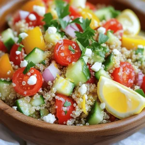 - 1 cup quinoa, thoroughly rinsed - 2 cups vegetable broth or water - 1 cup cherry tomatoes, halved - 1 medium cucumber, diced - 1 bell pepper, diced - 1/4 red onion, finely chopped - 1/4 cup fresh parsley, chopped - 1/4 cup feta cheese, crumbled (optional) - 3 tablespoons extra virgin olive oil - 2 tablespoons freshly squeezed lemon juice - 2 cloves garlic, minced - Salt and pepper to taste - Ingredients for added protein (chickpeas, grilled chicken) - Seasonal vegetables or herbs - Nuts or seeds for crunch When I make this salad, I focus on fresh and healthy ingredients. Quinoa is a great base because it’s full of protein and fiber. Rinsing it well helps remove any bitter taste. I love using vegetable broth for cooking quinoa; it adds extra flavor. I often choose colorful veggies like cherry tomatoes, cucumbers, and bell peppers. They add crunch and brightness. The red onion gives a sharp taste, while parsley adds a fresh touch. If you want creaminess, sprinkle in feta cheese. For the dressing, I use extra virgin olive oil and fresh lemon juice. The minced garlic gives it a nice kick. I adjust the salt and pepper to my taste. You can also add protein, like chickpeas or grilled chicken, to make it more filling. Seasonal veggies or nuts add a lovely crunch. Feel free to mix and match based on what you love! For the full recipe, check out the detailed steps to prepare this delightful salad. - First, rinse 1 cup of quinoa under cold water in a fine mesh strainer. This step helps remove bitterness. - Next, combine the rinsed quinoa with 2 cups of vegetable broth in a medium saucepan. - Bring the mixture to a rolling boil over medium-high heat. - Once boiling, reduce the heat to low, cover, and let it simmer for about 15 minutes. - The quinoa should be fluffy when all the liquid has been absorbed. - After cooking, remove it from heat and let it sit for an extra 5 minutes, covered. - While the quinoa cooks, prepare the salad veggies. - Dice 1 cup of cherry tomatoes, 1 medium cucumber, 1 bell pepper, and 1/4 red onion. - Chop 1/4 cup of fresh parsley to add flavor and color. - Mix all these ingredients in a large bowl. This keeps them fresh and crisp. - In a separate small bowl, whisk together 3 tablespoons of extra virgin olive oil and 2 tablespoons of fresh lemon juice. - Add 2 cloves of minced garlic, salt, and pepper to taste. - This dressing will give the salad a bright and zesty flavor. - Once the quinoa has cooled for about 10 minutes, fluff it gently with a fork to separate the grains. - Transfer this fluffed quinoa to the bowl with your prepared veggies. - Drizzle the zesty dressing over everything and toss gently to mix. - If you want, fold in 1/4 cup of crumbled feta cheese for a creamy touch. This Lemon Garlic Quinoa Salad is fresh and full of flavor. You can find the full recipe above for even more details. Enjoy your healthy delight! To get fluffy quinoa, start by rinsing it well. Rinsing removes the saponins, which can make quinoa taste bitter. It only takes a few minutes under cold water to do this. After cooking, let the quinoa sit covered for five minutes. This step allows steam to finish cooking the grains, giving them a light and airy texture. To boost flavor, add fresh herbs like basil or cilantro. These herbs add a pop of taste and color. You can also experiment with spices like cumin or paprika for a unique twist. For the dressing, try mixing in a dash of honey or a splash of apple cider vinegar. These changes will give your salad a delightful zing. Serve your salad chilled or at room temperature. Both options taste great and keep the ingredients fresh. Pair this salad with grilled chicken or fish for a balanced meal. It also works well as a side dish for barbecues or picnics. Enjoy this vibrant salad on its own or as a tasty addition to any meal. For the full recipe, check out the details above! {{image_4}} You can easily boost the protein in your Lemon Garlic Quinoa Salad. Adding chickpeas is a great choice. They are tasty and filling. You can also grill chicken or shrimp for a hearty meal. Just cook them separately, then mix them in with the salad. Both options add flavor and make the dish more satisfying. For a dairy-free option, skip the feta or use a plant-based cheese. You can also try using tahini or avocado for creaminess. Other veggies can enhance the salad too. Think about adding spinach, carrots, or even roasted sweet potatoes. These will add color and more nutrition. Using seasonal fruits and vegetables can make this salad shine. In summer, add some fresh corn or peaches. In fall, consider diced apples or roasted squash. Adjusting the recipe based on what's available keeps it fresh and exciting. This way, you can enjoy the flavors of each season while keeping your meal healthy. Feel free to get creative with the ingredients! For the full recipe, check the detailed instructions above. To keep your Lemon Garlic Quinoa Salad fresh, store it in an airtight container. Place it in the fridge right after serving. This helps maintain its taste and texture. The salad lasts about 3 to 5 days in the refrigerator. Always check for any signs of spoilage before eating. You can freeze this salad, but it may change the texture. To freeze, pack it tightly in a freezer-safe container. Make sure to remove as much air as possible. When you’re ready to eat, thaw it overnight in the fridge. Keep in mind that some veggies may become mushy after thawing. If you want to enjoy your quinoa salad warm, gently heat it in a pan over low heat. Stir often to avoid sticking. This keeps the quinoa fluffy and the veggies crisp. However, many people love this salad cold. It’s refreshing straight from the fridge. You can also add a splash of lemon juice to brighten it up! For the full recipe, check out the details above. To prepare quinoa, first rinse it well. Rinsing removes the bitter coating called saponin. Use a fine mesh strainer for best results. After rinsing, combine 1 cup of quinoa with 2 cups of vegetable broth in a saucepan. Bring it to a boil over medium-high heat. Once boiling, lower the heat and cover it. Let it simmer for about 15 minutes. When done, the quinoa should be fluffy and absorb all the liquid. After cooking, let it sit covered for 5 more minutes to steam. This step helps achieve perfect texture. Yes, you can make this salad ahead of time. Prepare it and store it in an airtight container. It stays fresh in the fridge for about 3 days. To keep the flavors bright, add the dressing just before serving. If you mix in the dressing too early, the veggies may become soggy. For meal prep, chop your vegetables in advance. Store them separately to maintain crispness. This way, you can enjoy a quick and healthy meal any time. Many ingredients work well with quinoa salads. You can add protein like chickpeas, grilled chicken, or shrimp. These options boost nutrition and make the salad more filling. Seasonal vegetables also add freshness. Try adding roasted sweet potatoes, or steamed broccoli for variety. Nuts and seeds can give a nice crunch, too. Almonds or sunflower seeds are great choices. Fresh herbs like basil or mint can enhance flavor, making your salad even more exciting. Yes, this Lemon Garlic Quinoa Salad is gluten-free. Quinoa is a naturally gluten-free grain. However, be careful of cross-contamination. Always check labels when buying packaged quinoa. Some brands process quinoa in facilities that also handle gluten products. To avoid this, choose certified gluten-free quinoa for peace of mind. This way, you can enjoy your salad safely, whether you have gluten sensitivities or not. This blog post covered the key components for a delicious Lemon Garlic Quinoa Salad. We discussed the main ingredients, dressing, and optional additions to enhance your meal. I shared step-by-step instructions and tips for achieving fluffy quinoa. You can customize this salad to fit your taste and dietary needs. In summary, this recipe offers flexibility and flavor. Whether you enjoy it for lunch or dinner, you’ll love how simple it is to make.