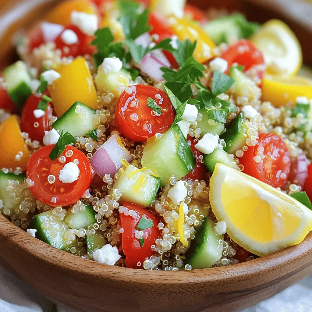 - 1 cup quinoa, thoroughly rinsed - 2 cups vegetable broth or water - 1 cup cherry tomatoes, halved - 1 medium cucumber, diced - 1 bell pepper, diced - 1/4 red onion, finely chopped - 1/4 cup fresh parsley, chopped - 1/4 cup feta cheese, crumbled (optional) - 3 tablespoons extra virgin olive oil - 2 tablespoons freshly squeezed lemon juice - 2 cloves garlic, minced - Salt and pepper to taste - Ingredients for added protein (chickpeas, grilled chicken) - Seasonal vegetables or herbs - Nuts or seeds for crunch When I make this salad, I focus on fresh and healthy ingredients. Quinoa is a great base because it’s full of protein and fiber. Rinsing it well helps remove any bitter taste. I love using vegetable broth for cooking quinoa; it adds extra flavor. I often choose colorful veggies like cherry tomatoes, cucumbers, and bell peppers. They add crunch and brightness. The red onion gives a sharp taste, while parsley adds a fresh touch. If you want creaminess, sprinkle in feta cheese. For the dressing, I use extra virgin olive oil and fresh lemon juice. The minced garlic gives it a nice kick. I adjust the salt and pepper to my taste. You can also add protein, like chickpeas or grilled chicken, to make it more filling. Seasonal veggies or nuts add a lovely crunch. Feel free to mix and match based on what you love! For the full recipe, check out the detailed steps to prepare this delightful salad. - First, rinse 1 cup of quinoa under cold water in a fine mesh strainer. This step helps remove bitterness. - Next, combine the rinsed quinoa with 2 cups of vegetable broth in a medium saucepan. - Bring the mixture to a rolling boil over medium-high heat. - Once boiling, reduce the heat to low, cover, and let it simmer for about 15 minutes. - The quinoa should be fluffy when all the liquid has been absorbed. - After cooking, remove it from heat and let it sit for an extra 5 minutes, covered. - While the quinoa cooks, prepare the salad veggies. - Dice 1 cup of cherry tomatoes, 1 medium cucumber, 1 bell pepper, and 1/4 red onion. - Chop 1/4 cup of fresh parsley to add flavor and color. - Mix all these ingredients in a large bowl. This keeps them fresh and crisp. - In a separate small bowl, whisk together 3 tablespoons of extra virgin olive oil and 2 tablespoons of fresh lemon juice. - Add 2 cloves of minced garlic, salt, and pepper to taste. - This dressing will give the salad a bright and zesty flavor. - Once the quinoa has cooled for about 10 minutes, fluff it gently with a fork to separate the grains. - Transfer this fluffed quinoa to the bowl with your prepared veggies. - Drizzle the zesty dressing over everything and toss gently to mix. - If you want, fold in 1/4 cup of crumbled feta cheese for a creamy touch. This Lemon Garlic Quinoa Salad is fresh and full of flavor. You can find the full recipe above for even more details. Enjoy your healthy delight! To get fluffy quinoa, start by rinsing it well. Rinsing removes the saponins, which can make quinoa taste bitter. It only takes a few minutes under cold water to do this. After cooking, let the quinoa sit covered for five minutes. This step allows steam to finish cooking the grains, giving them a light and airy texture. To boost flavor, add fresh herbs like basil or cilantro. These herbs add a pop of taste and color. You can also experiment with spices like cumin or paprika for a unique twist. For the dressing, try mixing in a dash of honey or a splash of apple cider vinegar. These changes will give your salad a delightful zing. Serve your salad chilled or at room temperature. Both options taste great and keep the ingredients fresh. Pair this salad with grilled chicken or fish for a balanced meal. It also works well as a side dish for barbecues or picnics. Enjoy this vibrant salad on its own or as a tasty addition to any meal. For the full recipe, check out the details above! {{image_4}} You can easily boost the protein in your Lemon Garlic Quinoa Salad. Adding chickpeas is a great choice. They are tasty and filling. You can also grill chicken or shrimp for a hearty meal. Just cook them separately, then mix them in with the salad. Both options add flavor and make the dish more satisfying. For a dairy-free option, skip the feta or use a plant-based cheese. You can also try using tahini or avocado for creaminess. Other veggies can enhance the salad too. Think about adding spinach, carrots, or even roasted sweet potatoes. These will add color and more nutrition. Using seasonal fruits and vegetables can make this salad shine. In summer, add some fresh corn or peaches. In fall, consider diced apples or roasted squash. Adjusting the recipe based on what's available keeps it fresh and exciting. This way, you can enjoy the flavors of each season while keeping your meal healthy. Feel free to get creative with the ingredients! For the full recipe, check the detailed instructions above. To keep your Lemon Garlic Quinoa Salad fresh, store it in an airtight container. Place it in the fridge right after serving. This helps maintain its taste and texture. The salad lasts about 3 to 5 days in the refrigerator. Always check for any signs of spoilage before eating. You can freeze this salad, but it may change the texture. To freeze, pack it tightly in a freezer-safe container. Make sure to remove as much air as possible. When you’re ready to eat, thaw it overnight in the fridge. Keep in mind that some veggies may become mushy after thawing. If you want to enjoy your quinoa salad warm, gently heat it in a pan over low heat. Stir often to avoid sticking. This keeps the quinoa fluffy and the veggies crisp. However, many people love this salad cold. It’s refreshing straight from the fridge. You can also add a splash of lemon juice to brighten it up! For the full recipe, check out the details above. To prepare quinoa, first rinse it well. Rinsing removes the bitter coating called saponin. Use a fine mesh strainer for best results. After rinsing, combine 1 cup of quinoa with 2 cups of vegetable broth in a saucepan. Bring it to a boil over medium-high heat. Once boiling, lower the heat and cover it. Let it simmer for about 15 minutes. When done, the quinoa should be fluffy and absorb all the liquid. After cooking, let it sit covered for 5 more minutes to steam. This step helps achieve perfect texture. Yes, you can make this salad ahead of time. Prepare it and store it in an airtight container. It stays fresh in the fridge for about 3 days. To keep the flavors bright, add the dressing just before serving. If you mix in the dressing too early, the veggies may become soggy. For meal prep, chop your vegetables in advance. Store them separately to maintain crispness. This way, you can enjoy a quick and healthy meal any time. Many ingredients work well with quinoa salads. You can add protein like chickpeas, grilled chicken, or shrimp. These options boost nutrition and make the salad more filling. Seasonal vegetables also add freshness. Try adding roasted sweet potatoes, or steamed broccoli for variety. Nuts and seeds can give a nice crunch, too. Almonds or sunflower seeds are great choices. Fresh herbs like basil or mint can enhance flavor, making your salad even more exciting. Yes, this Lemon Garlic Quinoa Salad is gluten-free. Quinoa is a naturally gluten-free grain. However, be careful of cross-contamination. Always check labels when buying packaged quinoa. Some brands process quinoa in facilities that also handle gluten products. To avoid this, choose certified gluten-free quinoa for peace of mind. This way, you can enjoy your salad safely, whether you have gluten sensitivities or not. This blog post covered the key components for a delicious Lemon Garlic Quinoa Salad. We discussed the main ingredients, dressing, and optional additions to enhance your meal. I shared step-by-step instructions and tips for achieving fluffy quinoa. You can customize this salad to fit your taste and dietary needs. In summary, this recipe offers flexibility and flavor. Whether you enjoy it for lunch or dinner, you’ll love how simple it is to make.