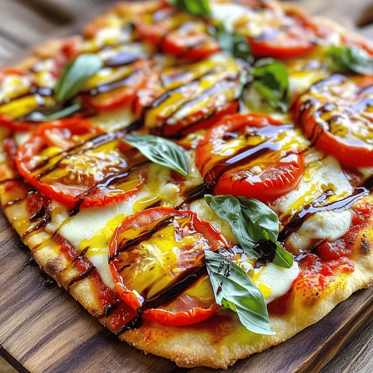 - 4 flatbreads or naan breads - 1 cup rich marinara sauce - 8 ounces fresh mozzarella cheese, sliced into rounds - 2 large ripe tomatoes, thinly sliced into rounds - Handful of fresh basil leaves - 2 tablespoons high-quality olive oil - 1 teaspoon aromatic dried oregano - Sea salt and freshly cracked black pepper, to taste - Balsamic glaze for drizzling (optional) When I make Margherita flatbread pizza, I choose fresh, high-quality ingredients. The flatbreads give a nice base. You can use naan bread if you want a slightly thicker crust. The marinara sauce should be rich and flavorful. I prefer homemade, but store-bought works too. For cheese, fresh mozzarella is key. It melts beautifully and tastes great. Ripe tomatoes add sweetness and juiciness. I slice them thin to layer nicely. Fresh basil gives that classic Margherita flavor. Olive oil adds richness. I drizzle it on top before baking. Oregano adds warmth and depth. A pinch of sea salt and cracked black pepper enhances the taste. If you want a gourmet touch, drizzle balsamic glaze after baking. - Flatbreads vs. Traditional Pizza Dough: Flatbreads cook faster and are easier to handle. They are great for quick meals. Traditional dough takes longer but can be used if you prefer. - Alternative Cheese Options: If you want a different flavor, try burrata or goat cheese. Both add unique tastes that complement the tomatoes well. - Organic vs. Store-bought Marinara Sauce: Organic sauce often has better flavor and fewer additives. If you’re short on time, a good store-bought option is still tasty. For the full recipe, check out the Margherita Flatbread Pizza Extravaganza. 1. Preheating the Oven Preheat your oven to 450°F (230°C). This heat helps create a crispy crust. 2. Arranging Flatbreads on Baking Sheet Place the flatbreads on a baking sheet lined with parchment paper. This keeps them from sticking. 3. Spreading Marinara Sauce Spoon a generous amount of marinara sauce onto each flatbread. Leave a small edge for the crust. 4. Adding Mozzarella and Tomatoes Layer the mozzarella slices on top of the sauce. Ensure even coverage. Then, add the tomato slices, slightly overlapping them for a nice look. 5. Baking Time and Temperature Put the baking sheet in the oven. Bake for 10-12 minutes until the cheese is melted and bubbly. 6. Adding Basil and Balsamic Glaze As soon as you take the flatbreads out, sprinkle fresh basil leaves on top. For extra flavor, drizzle balsamic glaze if you like. 7. Slicing and Serving Tips Use a sharp knife to slice the flatbreads into wedges. Serve hot for the best taste. Enjoy! For the full recipe, feel free to check the details above. To get a crunchy crust, start with high heat. Preheat your oven to 450°F (230°C). This heat helps the flatbread become crispy. Use a baking sheet lined with parchment paper. This keeps the flatbread from sticking. Place the flatbreads directly on the sheet for the best results. Bake them for 10 to 12 minutes until the cheese is bubbly and golden. You can spice up your Margherita flatbread pizza with extra seasonings. Try adding a pinch of red pepper flakes for heat. You can also mix in garlic powder for more depth. When it comes to herbs, fresh basil shines. But dried oregano works well too. Fresh herbs give a vibrant taste, while dried herbs add a concentrated flavor. Serve your pizza on a rustic wooden board for a charming touch. Slice the flatbreads into wedges for easy sharing. Garnish with extra fresh basil leaves to make it pop. If you want to impress, drizzle balsamic glaze over the top. This adds a sweet and tangy finish, making each bite special. {{image_4}} You can use many types of flatbreads for this recipe. Whole wheat flatbreads give a nutty flavor and are healthier. They add fiber to your meal. Gluten-free flatbreads work well for those with dietary needs. Check your local store for these options. You can also change the shape of your flatbread. Try using small rounds for personal pizzas. Cut large flatbreads into squares for a fun presentation. The shape can make your meal more exciting. Toppings are where you can get creative! Adding veggies can enhance your pizza's taste. Bell peppers add a sweet crunch, while olives give a salty kick. You can mix and match as you like. For protein, consider chicken, pepperoni, or prosciutto. Chicken is a lean option, while pepperoni packs flavor. Prosciutto adds a gourmet touch. Choose what suits your taste best. While marinara is classic, try using pesto as a base. Pesto has a bright and fresh flavor. It pairs well with the cheese and tomatoes. You can also use white sauce for a creamy twist. This adds richness to your flatbread. It can balance the flavors of the toppings nicely. Explore these ideas to make your Margherita flatbread pizza unique! For a detailed guide, refer to the Full Recipe. After enjoying your Margherita flatbread pizza, store any leftovers properly. Let the pizza cool down first. Wrap each piece in plastic wrap or foil. This keeps the pizza fresh and tasty. Place the wrapped pizza in an airtight container. You can store it in the fridge for up to three days. If you want to save it for longer, freezing is a good option. Place the wrapped pizza in a freezer-safe bag. Squeeze out any air to avoid freezer burn. It can last up to three months in the freezer. When it’s time to eat your leftovers, you want them warm and crispy. The best way to reheat them is in the oven. Preheat your oven to 375°F (190°C). Place the pizza on a baking sheet. Bake it for about 10 minutes. This method keeps the crust crunchy. Avoid using a microwave. Microwaving makes the flatbread soggy. If you must use a microwave, heat it for just 30 seconds. Then, let it sit for a minute before eating. This can help reduce sogginess but may not be as good as the oven. For those who love a crispy crust, consider using a skillet. Heat the skillet on medium heat. Add the pizza and cover it with a lid. This reheats the pizza while keeping the crust nice. Enjoy every bite! For the full recipe, check out the Margherita flatbread pizza extravaganza! Margherita pizza has three main toppings: fresh mozzarella, ripe tomatoes, and basil. These elements stand for the colors of the Italian flag. The sauce is usually a simple marinara made with tomatoes, olive oil, and salt. Fresh basil adds a fragrant touch. The ingredients come together to create a dish that is both simple and delicious. Yes, you can prepare the flatbread pizza ahead of time. You can assemble the flatbreads and store them in the fridge. Cover them with plastic wrap to keep them fresh. When you're ready to eat, just pop them in the oven. Bake until the cheese melts and the flatbread is warm. To make your Margherita flatbread pizza healthier, try these tips: - Use whole wheat flatbreads instead of regular ones. - Add more vegetables like spinach or bell peppers for extra nutrients. - Cut back on cheese or use part-skim mozzarella. - Use less olive oil or choose a low-fat version. Flatbread pizza uses a thinner crust than traditional pizza. It cooks faster and has a crispier texture. The toppings often sit on top of the flatbread without being buried in dough. This allows the flavors to stand out more. It’s a lighter option, making it a good choice for a quick meal. Yes! To make a vegan version, swap out the mozzarella for vegan cheese. You can also use a nut-based cheese or simply skip the cheese altogether. The flavors from the marinara sauce and fresh basil will still shine through. Enjoy this plant-based twist without losing the classic taste. In this post, we explored how to make delicious Margherita flatbread pizza. We covered required ingredients, step-by-step instructions, and helpful tips. You can easily customize your pizza with various toppings and sauces. Don't forget to store leftovers properly and reheat them for the best taste. With these simple guidelines, you can enjoy a tasty meal anytime. Get creative and make it your own! Happy cooking!