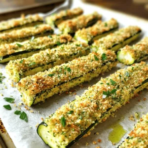 For these herb crusted zucchini sticks, you need a few simple yet tasty ingredients. Each one plays a key role in creating the perfect crunch and flavor. - Zucchini and Bread Crumb Base - 2 medium zucchinis, cut into uniform sticks - 1 cup whole wheat breadcrumbs - Seasonings and Cheese - 1/2 cup finely grated Parmesan cheese - 2 tablespoons fresh parsley, finely chopped - 1 tablespoon fresh basil, finely chopped - 1 teaspoon garlic powder - 1/2 teaspoon onion powder - Salt and black pepper, to taste - Egg Wash - 2 large eggs, beaten - Olive oil spray or 2 tablespoons extra virgin olive oil Each ingredient adds a layer of flavor. The zucchini brings a fresh crunch, while the breadcrumbs create that satisfying crisp. The herbs and cheese elevate the taste, making these sticks hard to resist. Don't forget the egg wash! It helps the coating stick, ensuring every bite is packed with flavor. For the full recipe, check out the detailed instructions. Prepping the Oven and Baking Sheet First, preheat your oven to 425°F (220°C). This step ensures the zucchini sticks cook evenly. Next, line a baking sheet with parchment paper. This helps prevent sticking and makes cleanup easy. Making the Breadcrumb Mixture In a shallow dish, combine the following: - 1 cup whole wheat breadcrumbs - 1/2 cup finely grated Parmesan cheese - 2 tablespoons fresh parsley, finely chopped - 1 tablespoon fresh basil, finely chopped - 1 teaspoon garlic powder - 1/2 teaspoon onion powder - Salt and black pepper, to taste Stir these ingredients together until they mix well. This mixture adds flavor and crunch to your zucchini sticks. Coating the Zucchini Sticks In a separate bowl, beat 2 large eggs until they are well mixed. This egg wash helps the coating stick. Take each zucchini stick and dip it in the egg wash. Let any excess egg drip off. Then, roll the stick in the breadcrumb mixture. Press gently to coat all sides evenly. Baking Process Place the coated zucchini sticks on your prepared baking sheet. Make sure to leave space between them. This allows them to cook and crisp up nicely. For extra crunch, spray the tops with olive oil or drizzle some over them. Bake the sticks in the oven for 20-25 minutes. Flip them halfway through to ensure even browning. When they are golden brown and crispy, take them out and let them cool for a few moments before serving. Enjoy your crunchy and flavorful snack! For detailed instructions, check the Full Recipe. To get that perfect crunch, the egg wash is key. The egg helps the coating stick well. Without it, the crumbs may fall off. Dip each zucchini stick fully in the egg, then let the extra drip off. This step makes a big difference. Choosing the right olive oil can also help. You can use extra virgin olive oil or an olive oil spray. Both options add flavor and help the zucchini crisp up in the oven. If you use a spray, make sure to coat the sticks lightly. Baking tips are important for even browning. Make sure to leave space between each zucchini stick on the baking sheet. This allows hot air to circulate. Halfway through baking, flip the sticks for a nice, even brown on both sides. For the full recipe, check out the detailed instructions above. Enjoy your crispy zucchini sticks! {{image_4}} You can switch up the recipe to fit your needs. Here are some ideas: - Alternative Breadcrumbs: If you want a gluten-free option, use crushed cornflakes or almond flour. Both give a nice crunch. Try panko breadcrumbs for a lighter, airier texture. - Vegan Option: Replace eggs with a flaxseed mixture. Mix 1 tablespoon of flaxseed meal with 3 tablespoons of water. Let it sit for five minutes until it thickens. This works well to stick the coating. - Additional Seasoning Ideas: You can add a kick with spices like paprika or cayenne. A sprinkle of Italian seasoning can give it a nice herby flavor. Crushed red pepper flakes can add some heat, too. These substitutes keep your herb crusted zucchini sticks tasty and fun. You can play with flavors to make them your own! If you’re looking for the full recipe, check the detailed instructions. Refrigeration Instructions After enjoying the herb-crusted zucchini sticks, let them cool. Place any leftovers in an airtight container. Store them in the fridge for up to three days. This keeps them fresh and tasty for later snacking. Reheating Tips To get that crunch back, reheat the zucchini sticks in the oven. Set your oven to 375°F (190°C). Bake them for about 10 minutes. This will warm them up and restore their crispiness. Avoid using the microwave, as it can make them soggy. Freezing Zucchini Sticks You can freeze the zucchini sticks for longer storage. First, bake them as directed in the Full Recipe. Let them cool completely. Then, place them in a single layer on a baking sheet and freeze for a few hours until firm. After that, transfer them to a freezer bag. They will keep well for up to two months. When ready to eat, bake from frozen, adding a few extra minutes to the cooking time. To keep your zucchini sticks crispy, follow a few key steps. First, cut the zucchini into even sticks. This helps them cook at the same rate. Second, make sure to pat the zucchini dry before coating. Removing excess moisture is very important. Lastly, use the egg wash to help the crumbs stick well. This will create a nice crispy layer while baking. Yes, you can use other vegetables! Carrots, eggplant, and sweet potatoes work great. Just remember to cut them into similar shapes and sizes. This helps them cook evenly. You might need to adjust the cooking time based on the vegetable you choose. Herb-crusted zucchini sticks taste great with many dips. Marinara sauce gives a nice tangy flavor. You can also try ranch dressing for a cool, creamy taste. If you want something lighter, a yogurt dip with herbs is a good choice. It adds freshness and complements the zucchini well. For the full recipe, check out the [Full Recipe]. You learned how to make crispy zucchini sticks using simple ingredients. I shared tips for perfecting your baking process and variations to suit your taste. Storing leftovers or substituting ingredients can keep things fresh. Remember, the right egg wash and oil play key roles in crispiness. Enjoy experimenting with your flavors. Try new dips and veggies next time to keep things exciting. Now, you have the tools to make this dish your own!