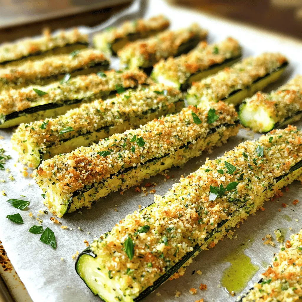 For these herb crusted zucchini sticks, you need a few simple yet tasty ingredients. Each one plays a key role in creating the perfect crunch and flavor. - Zucchini and Bread Crumb Base - 2 medium zucchinis, cut into uniform sticks - 1 cup whole wheat breadcrumbs - Seasonings and Cheese - 1/2 cup finely grated Parmesan cheese - 2 tablespoons fresh parsley, finely chopped - 1 tablespoon fresh basil, finely chopped - 1 teaspoon garlic powder - 1/2 teaspoon onion powder - Salt and black pepper, to taste - Egg Wash - 2 large eggs, beaten - Olive oil spray or 2 tablespoons extra virgin olive oil Each ingredient adds a layer of flavor. The zucchini brings a fresh crunch, while the breadcrumbs create that satisfying crisp. The herbs and cheese elevate the taste, making these sticks hard to resist. Don't forget the egg wash! It helps the coating stick, ensuring every bite is packed with flavor. For the full recipe, check out the detailed instructions. Prepping the Oven and Baking Sheet First, preheat your oven to 425°F (220°C). This step ensures the zucchini sticks cook evenly. Next, line a baking sheet with parchment paper. This helps prevent sticking and makes cleanup easy. Making the Breadcrumb Mixture In a shallow dish, combine the following: - 1 cup whole wheat breadcrumbs - 1/2 cup finely grated Parmesan cheese - 2 tablespoons fresh parsley, finely chopped - 1 tablespoon fresh basil, finely chopped - 1 teaspoon garlic powder - 1/2 teaspoon onion powder - Salt and black pepper, to taste Stir these ingredients together until they mix well. This mixture adds flavor and crunch to your zucchini sticks. Coating the Zucchini Sticks In a separate bowl, beat 2 large eggs until they are well mixed. This egg wash helps the coating stick. Take each zucchini stick and dip it in the egg wash. Let any excess egg drip off. Then, roll the stick in the breadcrumb mixture. Press gently to coat all sides evenly. Baking Process Place the coated zucchini sticks on your prepared baking sheet. Make sure to leave space between them. This allows them to cook and crisp up nicely. For extra crunch, spray the tops with olive oil or drizzle some over them. Bake the sticks in the oven for 20-25 minutes. Flip them halfway through to ensure even browning. When they are golden brown and crispy, take them out and let them cool for a few moments before serving. Enjoy your crunchy and flavorful snack! For detailed instructions, check the Full Recipe. To get that perfect crunch, the egg wash is key. The egg helps the coating stick well. Without it, the crumbs may fall off. Dip each zucchini stick fully in the egg, then let the extra drip off. This step makes a big difference. Choosing the right olive oil can also help. You can use extra virgin olive oil or an olive oil spray. Both options add flavor and help the zucchini crisp up in the oven. If you use a spray, make sure to coat the sticks lightly. Baking tips are important for even browning. Make sure to leave space between each zucchini stick on the baking sheet. This allows hot air to circulate. Halfway through baking, flip the sticks for a nice, even brown on both sides. For the full recipe, check out the detailed instructions above. Enjoy your crispy zucchini sticks! {{image_4}} You can switch up the recipe to fit your needs. Here are some ideas: - Alternative Breadcrumbs: If you want a gluten-free option, use crushed cornflakes or almond flour. Both give a nice crunch. Try panko breadcrumbs for a lighter, airier texture. - Vegan Option: Replace eggs with a flaxseed mixture. Mix 1 tablespoon of flaxseed meal with 3 tablespoons of water. Let it sit for five minutes until it thickens. This works well to stick the coating. - Additional Seasoning Ideas: You can add a kick with spices like paprika or cayenne. A sprinkle of Italian seasoning can give it a nice herby flavor. Crushed red pepper flakes can add some heat, too. These substitutes keep your herb crusted zucchini sticks tasty and fun. You can play with flavors to make them your own! If you’re looking for the full recipe, check the detailed instructions. Refrigeration Instructions After enjoying the herb-crusted zucchini sticks, let them cool. Place any leftovers in an airtight container. Store them in the fridge for up to three days. This keeps them fresh and tasty for later snacking. Reheating Tips To get that crunch back, reheat the zucchini sticks in the oven. Set your oven to 375°F (190°C). Bake them for about 10 minutes. This will warm them up and restore their crispiness. Avoid using the microwave, as it can make them soggy. Freezing Zucchini Sticks You can freeze the zucchini sticks for longer storage. First, bake them as directed in the Full Recipe. Let them cool completely. Then, place them in a single layer on a baking sheet and freeze for a few hours until firm. After that, transfer them to a freezer bag. They will keep well for up to two months. When ready to eat, bake from frozen, adding a few extra minutes to the cooking time. To keep your zucchini sticks crispy, follow a few key steps. First, cut the zucchini into even sticks. This helps them cook at the same rate. Second, make sure to pat the zucchini dry before coating. Removing excess moisture is very important. Lastly, use the egg wash to help the crumbs stick well. This will create a nice crispy layer while baking. Yes, you can use other vegetables! Carrots, eggplant, and sweet potatoes work great. Just remember to cut them into similar shapes and sizes. This helps them cook evenly. You might need to adjust the cooking time based on the vegetable you choose. Herb-crusted zucchini sticks taste great with many dips. Marinara sauce gives a nice tangy flavor. You can also try ranch dressing for a cool, creamy taste. If you want something lighter, a yogurt dip with herbs is a good choice. It adds freshness and complements the zucchini well. For the full recipe, check out the [Full Recipe]. You learned how to make crispy zucchini sticks using simple ingredients. I shared tips for perfecting your baking process and variations to suit your taste. Storing leftovers or substituting ingredients can keep things fresh. Remember, the right egg wash and oil play key roles in crispiness. Enjoy experimenting with your flavors. Try new dips and veggies next time to keep things exciting. Now, you have the tools to make this dish your own!